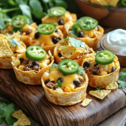 - 1 pound ground beef or turkey - 1 small onion, finely chopped - 2 cloves garlic, minced - 1 tablespoon taco seasoning - 1 cup black beans, drained and rinsed - 1 cup corn kernels (fresh or frozen) - 1 cup shredded cheddar cheese - 1 cup tortilla chips, crushed - 12 mini flour or corn tortillas - 1/4 cup fresh cilantro, chopped - Sour cream or Greek yogurt for drizzling - Sliced jalapeños for garnish When making Oven-Baked Taco Bites, we need fresh and tasty ingredients. First, choose your protein. Ground beef or turkey works well. For a lighter option, you can use chicken or plant-based meat. Next, we need a small onion and two cloves of garlic. These add great flavor. Don’t forget the taco seasoning! It brings all the spices we need in one step. Black beans and corn are both easy to find. They add texture and nutrition. Grab a cup of each and make sure to rinse the beans. Cheddar cheese is key for that gooey bite. You’ll want one cup, shredded. For crunch, we will use crushed tortilla chips, about one cup. The mini tortillas are the base of our bites. You can choose flour or corn based on your taste. We also need fresh cilantro for garnish, which adds a burst of flavor. Finally, have sour cream or Greek yogurt ready for drizzling. Sliced jalapeños add a spicy kick if you like heat! If you want to switch up the protein, chicken or plant-based meat work great. For gluten-free needs, use gluten-free tortillas and chips. Dairy-free cheese is another option for those avoiding dairy. To make these bites, you’ll need a large skillet for cooking. A parchment-lined baking sheet helps with clean-up and easy serving. A microwave-safe plate is handy for warming tortillas if needed. Follow this detailed list and you’ll be set for a fantastic gathering! For the full recipe, check the section above. - Preheat the oven to 375°F (190°C). - Gather all your ingredients. - Heat a large skillet. Add the chopped onion and minced garlic. - Sauté for 3-4 minutes until soft. - Add the ground beef or turkey. Cook until browned. - Drain any excess fat to keep it light. - Stir in taco seasoning, black beans, and corn. - Mix well and cook for 2-3 minutes until heated. - Lay the mini tortillas on a parchment-lined baking sheet. - If stiff, warm them in the microwave briefly. - Spoon the meat mixture onto each tortilla. - Top with crushed tortilla chips for crunch. - Finish with shredded cheddar cheese for meltiness. - Bake in the oven for 10-12 minutes. - Look for melted cheese and a bubbly top. - Remove from the oven and garnish with cilantro and jalapeños. - Serve warm with sour cream or Greek yogurt on the side. This recipe for Oven-Baked Taco Bites is perfect for easy gatherings and is sure to impress. To get crunchy tortilla chips, use thin chips. Thicker chips can get soggy. Bake your taco bites until the cheese is bubbly and golden. This helps keep the chips crisp. To avoid sogginess, make sure to drain beans well. Excess moisture can ruin the texture. You can prepare your ingredients in advance. Cook the meat and mix it with the beans and corn. You can store this mixture in the fridge for a day. Assembling taco bites ahead of time is also easy. Simply fill the tortillas and refrigerate them before baking. Bake them fresh when your guests arrive. Taco bites are great with sides like guacamole or pico de gallo. These fresh dips add flavor and color. For dipping sauces, sour cream or Greek yogurt works well. You can also try salsa for a spicy kick. These pairings make your gathering more fun and tasty. {{image_4}} You can easily change up the ingredients to suit your taste. For a vegetarian option, swap the meat for black beans and diced veggies. This keeps the flavor strong while adding healthy elements. If you want some heat, add chopped chili peppers to your meat mix. This spicy version will make your taco bites extra exciting. To boost the flavor, consider adding more spices. A pinch of cumin or paprika can elevate the taste. You can also experiment with different seasonings, like taco sauce or hot sauce, for an exciting twist. Cheese lovers will enjoy using various types of cheese. Try pepper jack for a spicy kick or a blend of cheeses for a richer flavor. How you present your taco bites can wow your guests. Arrange them on a colorful platter to make them pop. You can also serve them with small bowls of salsa, guacamole, or sour cream on the side. This way, everyone can customize their bites, making the gathering more fun. Make it a taco bar to keep the vibe lively! To keep your taco bites fresh, place any leftovers in an airtight container. This helps maintain their taste and texture. Store them in the fridge. They should last for about three to four days. To prevent sogginess, let them cool before sealing the container. For the best taste, reheat your taco bites in the oven. Preheat your oven to 350°F (175°C). Place the bites on a baking sheet and heat for about 10-12 minutes. This method keeps the tortilla crunchy. You can also use the microwave for quick reheating. Heat them for 30 seconds to one minute. Check if they are warm enough, but be careful not to overdo it, as this can make them tough. You can freeze either assembled or cooked taco bites. If you choose to freeze them assembled, layer them in a container with parchment paper between each layer. This prevents them from sticking. For cooked bites, let them cool down before freezing. To thaw, place them in the fridge overnight. Reheat them in the oven at 350°F (175°C) until hot, about 10-15 minutes. Enjoy your delicious taco bites even later! To make Oven-Baked Taco Bites gluten-free, simply choose gluten-free tortillas. You can also use gluten-free tortilla chips for a crunchy topping. Many stores offer good options. Just read the labels carefully. Yes! You can swap the ground beef or turkey for ground chicken. You can also use turkey or plant-based meat, like lentils or beans. These options taste great and keep the dish hearty. Serve your taco bites with a mix of sides and dips. Guacamole, salsa, and pico de gallo work well. You can also offer a fresh salad or some crispy veggies for a nice crunch. To make your taco bites spicier, add more taco seasoning or some chili powder. You can also mix in diced jalapeños with the meat. For a milder version, use less seasoning or skip the jalapeños. Look for melted cheese that bubbles and starts to brown. The edges of the tortillas should be slightly golden. This shows that your taco bites are ready to enjoy! You now have all you need to create tasty Oven-Baked Taco Bites. We discussed each ingredient, including swaps for dietary needs. I provided step-by-step cooking instructions for perfect bites. You learned helpful tips for texture and serving. In the end, these bites are great for sharing or enjoying solo. Get creative with flavors and presentations. I hope these ideas inspire your next meal!