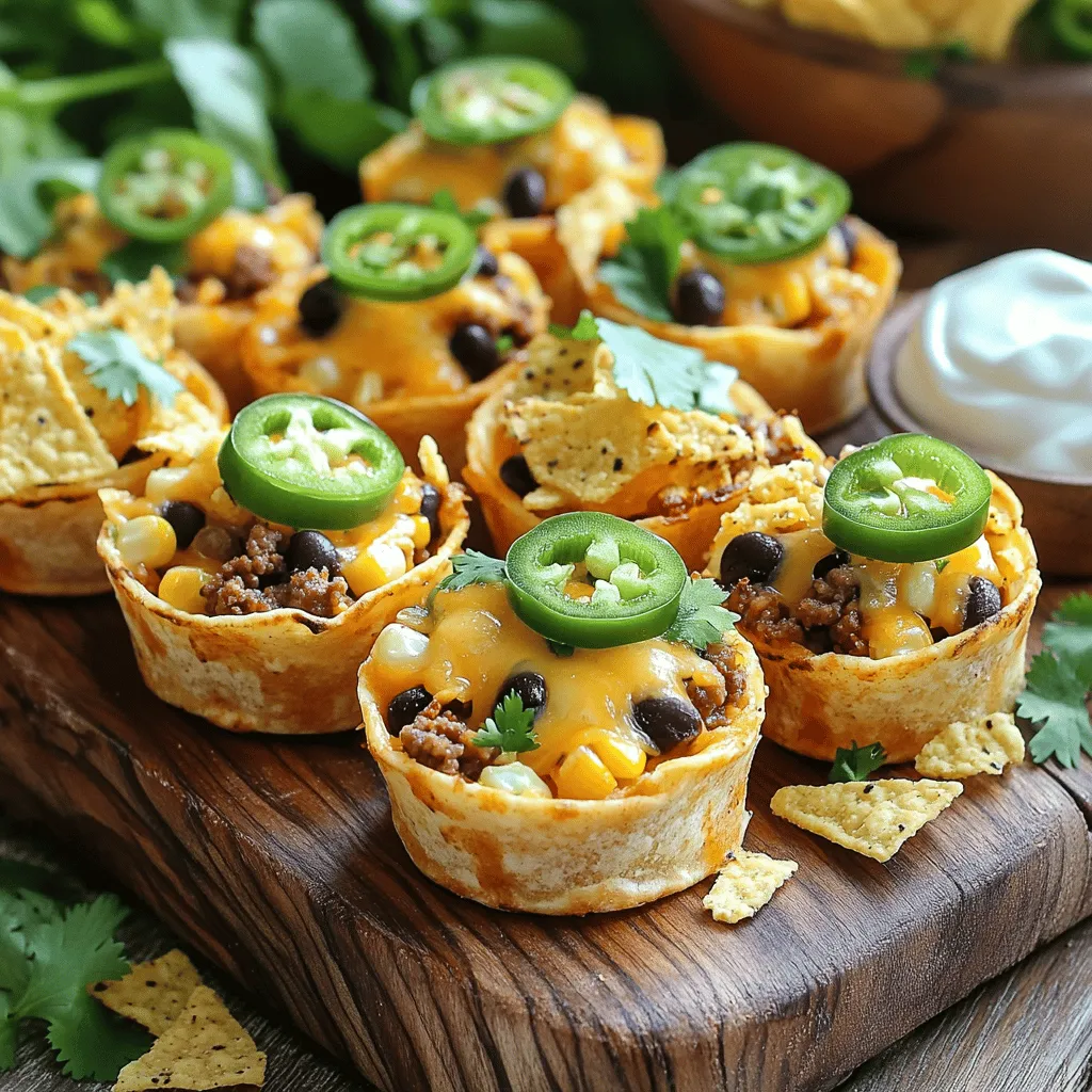- 1 pound ground beef or turkey - 1 small onion, finely chopped - 2 cloves garlic, minced - 1 tablespoon taco seasoning - 1 cup black beans, drained and rinsed - 1 cup corn kernels (fresh or frozen) - 1 cup shredded cheddar cheese - 1 cup tortilla chips, crushed - 12 mini flour or corn tortillas - 1/4 cup fresh cilantro, chopped - Sour cream or Greek yogurt for drizzling - Sliced jalapeños for garnish When making Oven-Baked Taco Bites, we need fresh and tasty ingredients. First, choose your protein. Ground beef or turkey works well. For a lighter option, you can use chicken or plant-based meat. Next, we need a small onion and two cloves of garlic. These add great flavor. Don’t forget the taco seasoning! It brings all the spices we need in one step. Black beans and corn are both easy to find. They add texture and nutrition. Grab a cup of each and make sure to rinse the beans. Cheddar cheese is key for that gooey bite. You’ll want one cup, shredded. For crunch, we will use crushed tortilla chips, about one cup. The mini tortillas are the base of our bites. You can choose flour or corn based on your taste. We also need fresh cilantro for garnish, which adds a burst of flavor. Finally, have sour cream or Greek yogurt ready for drizzling. Sliced jalapeños add a spicy kick if you like heat! If you want to switch up the protein, chicken or plant-based meat work great. For gluten-free needs, use gluten-free tortillas and chips. Dairy-free cheese is another option for those avoiding dairy. To make these bites, you’ll need a large skillet for cooking. A parchment-lined baking sheet helps with clean-up and easy serving. A microwave-safe plate is handy for warming tortillas if needed. Follow this detailed list and you’ll be set for a fantastic gathering! For the full recipe, check the section above. - Preheat the oven to 375°F (190°C). - Gather all your ingredients. - Heat a large skillet. Add the chopped onion and minced garlic. - Sauté for 3-4 minutes until soft. - Add the ground beef or turkey. Cook until browned. - Drain any excess fat to keep it light. - Stir in taco seasoning, black beans, and corn. - Mix well and cook for 2-3 minutes until heated. - Lay the mini tortillas on a parchment-lined baking sheet. - If stiff, warm them in the microwave briefly. - Spoon the meat mixture onto each tortilla. - Top with crushed tortilla chips for crunch. - Finish with shredded cheddar cheese for meltiness. - Bake in the oven for 10-12 minutes. - Look for melted cheese and a bubbly top. - Remove from the oven and garnish with cilantro and jalapeños. - Serve warm with sour cream or Greek yogurt on the side. This recipe for Oven-Baked Taco Bites is perfect for easy gatherings and is sure to impress. To get crunchy tortilla chips, use thin chips. Thicker chips can get soggy. Bake your taco bites until the cheese is bubbly and golden. This helps keep the chips crisp. To avoid sogginess, make sure to drain beans well. Excess moisture can ruin the texture. You can prepare your ingredients in advance. Cook the meat and mix it with the beans and corn. You can store this mixture in the fridge for a day. Assembling taco bites ahead of time is also easy. Simply fill the tortillas and refrigerate them before baking. Bake them fresh when your guests arrive. Taco bites are great with sides like guacamole or pico de gallo. These fresh dips add flavor and color. For dipping sauces, sour cream or Greek yogurt works well. You can also try salsa for a spicy kick. These pairings make your gathering more fun and tasty. {{image_4}} You can easily change up the ingredients to suit your taste. For a vegetarian option, swap the meat for black beans and diced veggies. This keeps the flavor strong while adding healthy elements. If you want some heat, add chopped chili peppers to your meat mix. This spicy version will make your taco bites extra exciting. To boost the flavor, consider adding more spices. A pinch of cumin or paprika can elevate the taste. You can also experiment with different seasonings, like taco sauce or hot sauce, for an exciting twist. Cheese lovers will enjoy using various types of cheese. Try pepper jack for a spicy kick or a blend of cheeses for a richer flavor. How you present your taco bites can wow your guests. Arrange them on a colorful platter to make them pop. You can also serve them with small bowls of salsa, guacamole, or sour cream on the side. This way, everyone can customize their bites, making the gathering more fun. Make it a taco bar to keep the vibe lively! To keep your taco bites fresh, place any leftovers in an airtight container. This helps maintain their taste and texture. Store them in the fridge. They should last for about three to four days. To prevent sogginess, let them cool before sealing the container. For the best taste, reheat your taco bites in the oven. Preheat your oven to 350°F (175°C). Place the bites on a baking sheet and heat for about 10-12 minutes. This method keeps the tortilla crunchy. You can also use the microwave for quick reheating. Heat them for 30 seconds to one minute. Check if they are warm enough, but be careful not to overdo it, as this can make them tough. You can freeze either assembled or cooked taco bites. If you choose to freeze them assembled, layer them in a container with parchment paper between each layer. This prevents them from sticking. For cooked bites, let them cool down before freezing. To thaw, place them in the fridge overnight. Reheat them in the oven at 350°F (175°C) until hot, about 10-15 minutes. Enjoy your delicious taco bites even later! To make Oven-Baked Taco Bites gluten-free, simply choose gluten-free tortillas. You can also use gluten-free tortilla chips for a crunchy topping. Many stores offer good options. Just read the labels carefully. Yes! You can swap the ground beef or turkey for ground chicken. You can also use turkey or plant-based meat, like lentils or beans. These options taste great and keep the dish hearty. Serve your taco bites with a mix of sides and dips. Guacamole, salsa, and pico de gallo work well. You can also offer a fresh salad or some crispy veggies for a nice crunch. To make your taco bites spicier, add more taco seasoning or some chili powder. You can also mix in diced jalapeños with the meat. For a milder version, use less seasoning or skip the jalapeños. Look for melted cheese that bubbles and starts to brown. The edges of the tortillas should be slightly golden. This shows that your taco bites are ready to enjoy! You now have all you need to create tasty Oven-Baked Taco Bites. We discussed each ingredient, including swaps for dietary needs. I provided step-by-step cooking instructions for perfect bites. You learned helpful tips for texture and serving. In the end, these bites are great for sharing or enjoying solo. Get creative with flavors and presentations. I hope these ideas inspire your next meal!