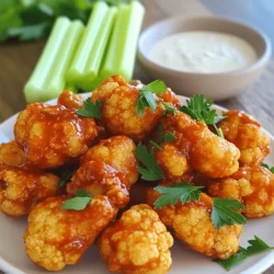 - Cauliflower florets - All-purpose flour (or gluten-free alternative) - Unsweetened plant-based milk The main ingredient is cauliflower. You want it cut into bite-sized florets. This makes them easy to eat. For the batter, use all-purpose flour or a gluten-free version to suit your needs. The liquid is unsweetened plant-based milk. Almond, soy, or oat milk works well here. - Garlic powder - Onion powder - Smoked paprika Spices add a lot of flavor. Garlic powder gives it a nice kick. Onion powder adds depth. Smoked paprika brings a hint of smokiness. These three spices make your wings special. - Hot sauce (recommended brands) - Vegan butter - Optional garnish: fresh parsley For the buffalo sauce, choose your favorite hot sauce. Frank's RedHot is a great choice. Mix this with melted vegan butter for a creamy texture. Fresh parsley adds a pop of color if you like. This sauce makes your wings truly irresistible. For the full recipe, check out the detailed cooking steps. 1. Preheat your oven to 450°F (230°C). This helps the wings cook evenly. 2. Line a large baking sheet with parchment paper. This keeps the cauliflower from sticking. 3. In a big bowl, whisk together the flour, plant-based milk, garlic powder, onion powder, smoked paprika, salt, and black pepper. Mix well until the batter is smooth. 1. Take each cauliflower floret and dip it into the batter. Make sure it gets fully coated. 2. Let any extra batter drip off. Then, arrange the florets on the baking sheet in a single layer. 1. Place the baking sheet in the oven. Bake the cauliflower wings for 20 minutes. They should turn golden and slightly crispy. 2. While the cauliflower is baking, mix your buffalo sauce. Combine the hot sauce and melted vegan butter in a bowl. Stir until well blended. 1. After 20 minutes, take the baking sheet out of the oven. Toss the baked cauliflower in the buffalo sauce. 2. Return the coated cauliflower to the baking sheet. Bake for another 10-15 minutes, until they are extra crispy. 3. Once done, let the wings cool for a few minutes. Before serving, sprinkle with fresh parsley for a colorful touch. For the full recipe, check out the details earlier in this article. To get that perfect crunch, baking is key. Frying can add extra oil and calories. When baking, arrange each cauliflower floret in a single layer. This helps them cook evenly and get crispy. If you crowd the pan, they will steam instead of bake. You can easily make this dish lighter. Use whole wheat flour instead of all-purpose flour. This adds fiber and keeps calories lower. For a sodium reduction, choose low-sodium hot sauce. You can also mix in some spices to add flavor without the salt. For a stunning plate, use a large white dish. The bright orange color of the wings pops against the white. Arrange the wings in a circle, and place fresh parsley on top. Serve with celery sticks and a small bowl of vegan ranch. This makes for a fun and tasty meal. Explore the [Full Recipe] to create these flavorful wings and impress your guests! {{image_4}} You can switch up the sauce on your vegan cauliflower buffalo wings for fun. If you like a sweet twist, try BBQ sauce. It adds a smoky flavor that is hard to resist. For a sweeter option, use teriyaki or sweet and sour sauce. These sauces bring a delightful change, making your wings exciting each time you serve them. Dipping sauces can make your meal even better. Vegan ranch dressing is a great choice. It cools down the heat and adds a creamy touch. You can also pair your wings with fresh salads or veggie platters. The crunch of veggies balances the bold flavors of the wings. Cauliflower is so versatile! You can make cauliflower tacos as a fun twist. Just use spiced cauliflower instead of meat. Another tasty idea is cauliflower sliders. They make great mini sandwiches for parties. You can find my full recipe for spicy vegan cauliflower buffalo wings in the earlier section. Enjoy exploring these variations and making your meals more fun! To keep your Vegan Cauliflower Buffalo Wings fresh, store them in the fridge. Place them in an airtight container. This helps lock in flavor and keeps them from drying out. If you plan to eat them later, you can freeze them too. Just lay them flat in a freezer-safe bag. Make sure to squeeze out the air before sealing. When you reheat your wings, the goal is to keep them crispy. Use an oven, if possible. Preheat it to 375°F (190°C). Spread the wings on a baking sheet and bake for about 10 minutes. This will help restore their crunch. Avoid using the microwave because it can make them soggy. In the fridge, your Vegan Cauliflower Buffalo Wings will last about 3-5 days. If you store them in the freezer, they can last up to 3 months. Just remember to check for any ice crystals before using. If you see them, it’s best to toss the wings. Enjoy the full recipe for the best results! To make vegan cauliflower buffalo wings gluten-free, swap the all-purpose flour with gluten-free flour. Many brands offer good options that work well. You can also use almond flour or chickpea flour. Check the hot sauce label for gluten, as some brands may include it. Always pick a gluten-free sauce to keep the wings safe for those with gluten allergies. Yes, you can prepare these wings ahead of time. Start by baking them once and letting them cool. You can store them in the fridge. When ready, brush on the buffalo sauce and bake again. This method keeps the flavors bright. You can also marinate them. Just let the florets soak in the batter overnight. This adds extra flavor. You can easily make allergen-friendly changes. If you need a nut-free option, use soy or oat milk. For soy-free, choose almond or coconut milk. If someone has a corn allergy, avoid corn starch in gluten-free flour blends. Always read labels to avoid hidden allergens. These wings pair well with many sides. Serve with celery sticks and carrot sticks for crunch. A fresh salad also works great. Try a creamy vegan ranch dressing for dipping. For drinks, serve with a cold, refreshing soda or a light beer. You can even make a fun mocktail to complete the meal. Check out the full recipe for more ideas! Vegan Cauliflower Buffalo Wings are easy and fun to make. We covered main ingredients, spices, and how to prepare them. I shared tips for crispiness and healthier options. Variations allow you to try different sauces and pairings. Storing and reheating tips help keep your wings fresh. Explore the FAQs for more helpful details. Enjoy these tasty bites any time! You’ll love how simple they are to make and customize.