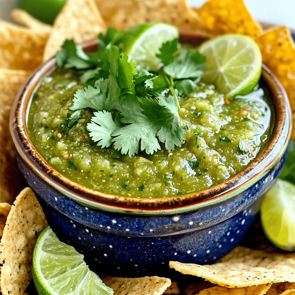 To make a fresh salsa verde, you need a few key ingredients: - 10 tomatillos, husked and quartered - 1 small onion, quartered - 2 cloves garlic, peeled - 1-2 jalapeños, seeds removed - 1/2 cup packed fresh cilantro leaves - 1 tablespoon freshly squeezed lime juice - 1 teaspoon salt (or adjust to taste) - 1/2 teaspoon ground cumin - 1 tablespoon extra virgin olive oil These ingredients work together to create a bright and zesty flavor. Tomatillos give a tangy taste, while jalapeños add heat. Fresh cilantro and lime juice balance the flavors well. You can also add extra ingredients to enhance your salsa verde: - A pinch of sugar to balance the acidity - A dash of smoked paprika for a smoky twist - Avocado for creaminess - Chopped green onions or radishes for crunch Feel free to mix and match these optional ingredients to create your own version. Experimenting can lead to delicious surprises. If you can't find certain ingredients, don't worry! Here are some good swaps: - Instead of tomatillos, use ripe green tomatoes for a similar taste. - Red onion can replace white onion if that’s what you have. - If jalapeños are too spicy, use bell peppers for a milder flavor. - Lime juice can be swapped with lemon juice if needed. These substitutions keep the essence of salsa verde while making it easier to prepare. Enjoy the process of making it your own! To begin, gather all your ingredients. You will need: - 10 tomatillos, husked and quartered - 1 small onion, quartered - 2 cloves garlic, peeled - 1-2 jalapeños, seeds removed - 1/2 cup packed fresh cilantro leaves - 1 tablespoon freshly squeezed lime juice - 1 teaspoon salt - 1/2 teaspoon ground cumin - 1 tablespoon extra virgin olive oil Next, preheat your oven to 400°F (200°C). This heat will help roast the veggies and bring out their flavors. Line a baking sheet with parchment paper. Spread the quartered tomatillos, onion, jalapeños, and garlic evenly on the baking sheet. Drizzle the olive oil over the veggies. Toss them gently with your hands or a spatula until they are well-coated. Now, roast the mixture in the oven for around 15-20 minutes. Look for the tomatillos to char a bit and soften. This step is key for a great taste. Once done, take the baking sheet out and let the veggies cool for a few minutes. This makes them easier to handle. In a blender or food processor, combine the roasted tomatillos, onion, garlic, and jalapeños. Then, add in the fresh cilantro, lime juice, salt, and ground cumin. Blend until you achieve a smooth consistency, tasting and adjusting the seasoning as needed. For a salsa with more texture, pulse the mixture a few times. This adds some chunky bits that create a delightful mouthfeel. After blending, transfer the salsa verde to a bowl. Let it rest for at least 30 minutes at room temperature. This resting time lets all the flavors mix well and taste even better. For a vibrant presentation, serve in a nice bowl. Top with extra cilantro leaves and lime wedges. This salsa is perfect for dipping or as a topping for tacos. Enjoy your fresh and zesty homemade salsa verde! For complete details, refer to the Full Recipe. To change the spice in your salsa verde, start with the jalapeños. Use one if you want mild salsa. For more heat, add two. Remove the seeds for less spice. If your salsa is too spicy, add more tomatillos or onion. This helps balance the heat. Roasting makes your salsa full of flavor. Spread your ingredients evenly on the baking sheet. Don't crowd them; this helps them roast well. Roast at 400°F (200°C) for 15-20 minutes. Watch for charring, as it adds a nice depth. Salsa verde pairs well with many dishes. Use it on tacos or grilled meats. It’s great with chips or as a topping for eggs. You can also mix it into rice or quinoa for a flavor boost. Try adding it to soups for a zesty kick. For more ideas, check the Full Recipe. {{image_4}} You can play with your salsa verde by changing some ingredients. Try adding roasted red peppers for a sweet touch. You can also add avocados for creaminess. If you like heat, try using serrano peppers instead of jalapeños. For a smoky flavor, add a bit of chipotle in adobo. Fresh herbs like mint or parsley can give your salsa a different twist too. Each change brings a new taste to the table. Salsa verde pairs well with many foods. It adds zest to grilled meats, tacos, and fish. You can drizzle it over roasted vegetables for extra flavor. Mix it into your salad dressings for a fresh kick. I love using it as a topping for baked potatoes or eggs. You can even blend it into dips for a fun twist. The possibilities are endless! Serve your salsa verde in creative ways. Use it as a dip for tortilla chips at parties. Spread it on sandwiches or wraps for added flavor. You can also spoon it over quesadillas or nachos. For a light meal, drizzle it on grilled chicken or fish. Try it with shrimp tacos for a tasty dinner. Each bite will burst with flavor! To keep your salsa verde fresh, store it in the fridge. Use an airtight container. It can last up to one week. Make sure to cover the salsa well to avoid drying out. If you notice any separation, just stir before serving. This is normal and won’t affect the flavor. If you want to store salsa verde for longer, freezing is a great option. Pour the salsa into freezer-safe bags. Remove as much air as possible before sealing. This prevents freezer burn. You can freeze it for up to three months. When you're ready to use it, thaw it in the fridge overnight. For best results, use glass jars or BPA-free plastic containers. Glass jars provide a tight seal and won't stain. Plastic containers are lightweight and easy to store. Choose a size that fits your needs. Smaller containers are great for portion control. Always label your containers with the date for easy tracking. For the full recipe, check out the zesty homemade salsa verde! Salsa verde is a green sauce from Mexico. It mainly uses tomatillos as its base. Tomatillos are small, green fruits with a tart flavor. This sauce is bright, fresh, and zesty. You can enjoy it with chips, tacos, or grilled meats. The mix of roasted vegetables gives it a deep taste. Making salsa verde at home is fun and easy. Homemade salsa verde lasts about one week in the fridge. Store it in an airtight container for best results. Always check for signs of spoilage before eating. If it looks or smells off, it's best to toss it. You can also freeze salsa verde for up to three months. Just make sure to use a freezer-safe container. Yes, you can make salsa verde without tomatillos. You can use ripe green tomatoes instead. The taste will differ slightly, but it can still be tasty. You can also try using other green vegetables like green peppers. Just keep in mind that the flavor will change based on your choice of ingredients. Salsa verde pairs well with many dishes. You can serve it with tacos, grilled chicken, or fish. It's also great on nachos or with quesadillas. You can use it as a dip for veggies or chips too. The bright taste adds a nice touch to any meal. Salsa verde can be spicy, but you control the heat. The amount of jalapeños you add makes a big difference. If you want it mild, remove the seeds from the jalapeños. For more heat, keep some seeds in or add more peppers. Adjust the spice level to fit your taste! Homemade salsa verde is easy to make and tasty. With fresh tomatillos and spices, you create a flavorful dip. We discussed essential and optional ingredients to boost your salsa. I shared tips for perfect blending and adjusting spice levels. You can even freeze or refrigerate it for later use. Remember, trying new ingredients can lead to delicious surprises. Explore different flavors and pairings to find your favorite salsa verde. Now, it’s time to enjoy your creation and impress your friends!