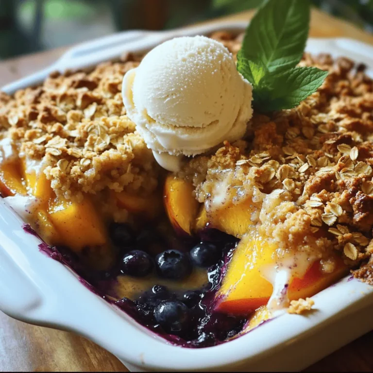 - Ripe peaches - Fresh blueberries - Fresh lemon juice - Honey or maple syrup You will need ripe peaches for this dessert. They should be firm but slightly soft to the touch. Fresh blueberries add a sweet and tart flavor. The fresh lemon juice brightens the dish and balances the sweetness. Honey or maple syrup will sweeten the fruit mix. - Rolled oats - All-purpose flour - Brown sugar - Ground cinnamon - Salt - Ground nutmeg (optional) For the crumble topping, you need rolled oats. They give a nice texture. All-purpose flour helps bind the topping. Brown sugar adds sweetness, while ground cinnamon gives warmth. A pinch of salt enhances flavor. You can add ground nutmeg for a unique twist. - Unsalted butter - Baking dish size and preparation You will need unsalted butter to help create a rich crumble. It should be melted and mixed into the dry ingredients. A 9-inch baking dish works best for this recipe. Lightly grease it or line it with parchment paper to prevent sticking. Check out the Full Recipe for all the steps to make this tasty summer dessert! First, preheat your oven to 350°F (175°C). Grease your 9-inch baking dish or line it with parchment paper. This step helps with easy clean-up later. Next, take four ripe peaches and peel them. Dice the peaches into small chunks. In a large bowl, add the diced peaches and two cups of fresh blueberries. Squeeze one tablespoon of fresh lemon juice over the fruit. Then, drizzle one tablespoon of honey or maple syrup for sweetness. Gently toss the fruits until they are well coated. Pour this delicious fruit mixture into the prepared baking dish, spreading it evenly across the bottom. In another bowl, combine one cup of rolled oats, half a cup of all-purpose flour, and half a cup of packed brown sugar. Add one teaspoon of ground cinnamon and a quarter teaspoon of salt. If you want, you can also add a quarter teaspoon of ground nutmeg for extra flavor. Mix these dry ingredients well. Now, melt a quarter cup of unsalted butter and stir it into the dry mix. This will give the crumble a nice texture. You want it to look crumbly, like wet sand. Now it's time to layer the fruit and crumble. Sprinkle the oat mixture evenly over the fruit layer in the baking dish. Make sure every part of the fruit is covered with crumble. Place the baking dish in the preheated oven and bake for 30-35 minutes. You will know it's done when the topping turns golden brown and you see the fruit bubbling around the edges. When baked, remove the crumble from the oven and let it cool for about 10 minutes. This helps set the filling while it stays warm for serving. You can find the full recipe for this delightful dessert to guide you through each step. To get the right crumbly texture, mix your dry ingredients carefully. Combine your oats, flour, sugar, and spices in a bowl. Then, add melted butter slowly. Use your hands to blend until it looks like wet sand. This will give you that perfect crunchy topping. If the mixture feels too wet, add more oats or flour. To avoid a soggy topping, ensure your fruit is not too juicy. Use fresh fruit and drain any excess juice before mixing with the crumble. Also, bake at the right temperature. A hot oven helps the topping crisp up nicely. This crumble shines best when served warm. Top it with creamy vanilla ice cream or a cloud of whipped cream. The cool cream balances the warm, fruity filling. For a touch of style, add a sprig of fresh mint on top. It adds a bright color and a fresh taste. You can also serve it in individual ramekins for a fun presentation. Each person gets their own serving, making it special. If you use a different oven type, keep an eye on your crumble. Convection ovens cook faster, so check it a few minutes early. For electric ovens, the time may vary slightly. If you live at a high altitude, you might need to adjust the time and temperature. Higher altitudes can make baked goods cook faster. Consider lowering the oven temperature by 25°F and checking for doneness early. These tips help you create a perfect Peach and Blueberry Crumble every time. For the complete recipe, refer to the Full Recipe. {{image_4}} You can easily modify this recipe to fit your needs. To make a gluten-free crumble, swap out all-purpose flour for almond flour or a gluten-free blend. For the oats, ensure you pick certified gluten-free oats to avoid cross-contamination. If you're vegan, replace the butter with coconut oil or a plant-based spread. For sweeteners, use maple syrup instead of honey for a tasty vegan option. Add a pinch of cinnamon or ginger to the fruit mix. This will give your dish a warm, cozy flavor. You can also try adding a splash of vanilla extract for an extra layer of taste. Want to get creative? Mix in other fruits like raspberries or diced apples. Each fruit brings its own unique flavor and can make your crumble even more exciting. For a fun twist, make mini crumbles in ramekins. These individual servings are perfect for sharing or for a small treat. Just adjust the baking time to about 20-25 minutes. You can also bake the crumble in different dish sizes. A larger dish will need a bit more time to cook, while a smaller dish may need less. Keep an eye on that golden crust to get it just right! To keep your peach and blueberry crumble fresh, store it in the fridge. Place it in an airtight container. This will prevent it from drying out or absorbing other odors. The crumble stays good for about three to four days. When you want to enjoy the leftover crumble, reheat it in the oven. Set your oven to 350°F (175°C) and place the crumble in for about 10-15 minutes. This warms it evenly and makes the topping crispy again. You can also microwave it for 30 seconds to a minute, but the oven gives better results. Serve it warm with a scoop of vanilla ice cream or whipped cream for a treat. You can freeze your crumble if you want to save it for later. To freeze before baking, prepare it as usual, but don’t bake it. Cover it tightly with plastic wrap and then foil. You can freeze it for up to three months. If you want to freeze it after baking, let it cool first, then wrap it. To thaw, place it in the fridge overnight. Reheat it in the oven as mentioned before. Enjoy this tasty summer dessert any time! Check the [Full Recipe](#) for more details on making this dish. You can store Peach and Blueberry Crumble in the fridge for up to three days. Just cover it with plastic wrap or foil. If you freeze it, it lasts for about three months. To freeze, let it cool first, then wrap it well. Thaw it in the fridge before reheating. Yes, you can use frozen blueberries. However, they may make the filling a bit more watery. Fresh blueberries hold their shape better and add a lovely texture. If you use frozen ones, try to drain any excess juice before mixing them with the peaches. You can use other fruits like nectarines, plums, or apples. Each fruit brings its own taste. For a fun twist, try mixing fruits! Berries can add a nice flavor, too. Just remember to adjust the sweetness based on the fruit you choose. Yes, you can make this crumble gluten-free. Use rolled oats labeled gluten-free and swap out all-purpose flour for almond or coconut flour. This keeps the texture while making it safe for those with gluten allergies. Enjoy a tasty dessert that everyone can love! This article covered the essential ingredients, step-by-step instructions, and helpful tips for making a delicious peach and blueberry crumble. You should feel ready to create a tasty dessert that impresses. Remember, you can customize flavors and textures to suit your taste. Enjoy serving it warm with ice cream or fresh fruit. Your baking journey is now easier with these insights. Happy cooking!
