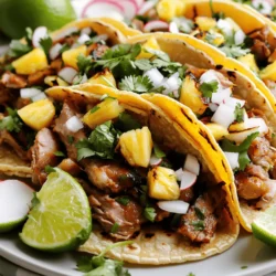 - 1 pound pork shoulder, thinly sliced - 2 tablespoons achiote paste - 1/4 cup freshly squeezed orange juice - 1/4 cup pineapple juice The pork shoulder gives Tacos Al Pastor its rich and juicy taste. Achiote paste adds a deep color and a unique flavor. Fresh orange and pineapple juices bring a sweet and tangy kick. - 1 tablespoon apple cider vinegar - 1 teaspoon ground cumin - 1 teaspoon dried oregano - 2 cloves garlic, minced - Salt and freshly cracked pepper, to taste Apple cider vinegar balances the flavors. Cumin and oregano add warmth and depth to the marinade. Garlic brings a fragrant note that ties all the flavors together. - 1 medium onion, finely chopped - 1 cup fresh cilantro, chopped - Lime wedges, for serving - Thinly sliced radishes, for garnish Chopped onion and cilantro brighten the tacos. Lime wedges add a fresh burst when squeezed on top. Radishes give a nice crunch and a touch of color. For the complete recipe, check the Full Recipe link. Start by whisking together the marinade. In a large bowl, mix achiote paste, orange juice, and pineapple juice. Add apple cider vinegar, ground cumin, oregano, minced garlic, and some salt and pepper. This mix brings great flavor to the pork. Marinating time is key. For the best taste, let the pork sit in the marinade for at least two hours. If you can, marinate it overnight. This allows the flavors to soak in deeply, making each bite delicious. When you're ready to cook, preheat your grill or skillet over medium-high heat. For the grill, use a paper towel dipped in oil to coat the grates. This helps prevent the pork from sticking. Place the marinated pork on the hot grill. Cook for about 4-5 minutes on each side. You want to see nice grill marks. A little char adds to the flavor, making it taste extra authentic. Warming the tortillas is next. You can heat them in a dry skillet or right on the grill. Just 30 seconds on each side is enough. This makes them soft and easy to fold. Now, layer your ingredients on the tortilla. Start with a good amount of the chopped grilled pork. Next, add diced pineapple, finely chopped onion, and a sprinkle of fresh cilantro. Each layer adds a burst of flavor that brings your tacos to life. For the full recipe, check out the detailed instructions above. Enjoy your cooking adventure! To get the best flavor, marinate the pork for at least two hours. For top taste, try letting it sit overnight. This time helps the meat soak up all those tasty flavors. If you want to mix things up, you can use lime juice instead of orange juice. You might also swap out the pineapple juice for mango juice. Both will give you a new twist. For a perfect char, heat your grill until it's very hot. If using a skillet, make sure it’s well preheated too. Lightly oil the grill grates or skillet to prevent sticking. When you place the pork on the grill, resist the urge to move it too much. Let it sit for about 4-5 minutes before flipping. This helps get those beautiful grill marks. A good tip is to cook in small batches to give the meat space to breathe. To make your tacos look great, consider garnishing with fresh cilantro and lime wedges. Thinly sliced radishes add a nice crunch. You can also serve them on a colorful platter to impress your guests. For drinks, pair your tacos with a refreshing agua fresca or a cold beer. These drinks will enhance the bold flavors of the Tacos Al Pastor. Enjoy every bite! For the full recipe, check out the detailed instructions above. {{image_4}} If you want to switch up the protein, you can use chicken or beef. For chicken, marinate chicken thighs or breasts in the same blend of achiote paste and juices. Grill them just like you would the pork. Beef is great too. Flank steak works well; just slice it thinly and follow the same steps. For a vegetarian option, try using jackfruit. This fruit has a meaty texture. You can marinate it in the same spices. Grill it until it’s warm and slightly charred. It’s a tasty twist that everyone can enjoy! You can get creative with the fruits you use. Besides pineapple, mango adds a nice sweetness. You can even try using peaches or guava for a unique flavor. Just think about balancing sweetness with the spices. You might also want to adjust the spice level. If you like it hot, add some chili powder or fresh jalapeños to the marinade. For a milder flavor, reduce the spices or skip the chili altogether. This way, everyone can enjoy your tacos. Tacos Al Pastor has both traditional and modern takes. The classic version uses marinated pork cooked on a vertical spit. Modern recipes may include different meats or unique toppings. In Mexico, you’ll find popular toppings vary by region. In some places, people love to add grilled onions and fresh salsa. Others might prefer a drizzle of creamy avocado sauce. Experiment with what you love, and make these tacos your own! For the full recipe, check out the link provided. To keep your tacos fresh, place leftovers in an airtight container. Make sure they cool down first. Store them in the fridge for up to three days. After three days, the flavors may fade. To reheat, use a skillet over medium heat. This keeps the tacos crispy. Heat for about 2-3 minutes on each side. You can also microwave them, but this can make the tortillas soft. Serve with fresh lime and extra toppings for best taste. You can freeze the pork if you have extra. Place it in a freezer-safe bag. Remove as much air as possible. It can last up to three months. To thaw, leave it in the fridge overnight. Reheat in a skillet to keep it juicy. Tacos Al Pastor come from Mexico. They are inspired by Lebanese shawarma. Immigrants brought this style of cooking to Mexico. Local cooks then adapted it to use pork. They added spices and flavors from the region. The result is a tasty and unique taco. Yes, you can make Tacos Al Pastor ahead of time. Marinate the pork overnight for the best flavor. Cook the pork and chop it up. Store it in the fridge. You can reheat it before serving. Just warm the tortillas when ready to eat. Good sides for Tacos Al Pastor include: - Mexican rice - Black beans - Grilled corn - Fresh salsa - Guacamole - Pickled onions These sides add great flavor and texture to your meal. You can find Tacos Al Pastor at many taquerias. Look for places that use vertical spit-roasting. Ask locals for their favorite spots. Food trucks often serve delicious versions too. Check online reviews to find highly-rated restaurants. For the full recipe, check the section above. It includes all the ingredients and steps needed. Enjoy making this amazing dish! Tacos Al Pastor offers a mix of key ingredients for great flavor. Marinating the pork with spices brings out the best taste. Cooking techniques like grilling add the right char. You can customize with garnishes or alternative proteins. Remember, the joy comes from creating your own version. Explore different flavors and enjoy every bite. Tacos Al Pastor can be a fun way to impress friends and family. Make it your own and savor the experience!