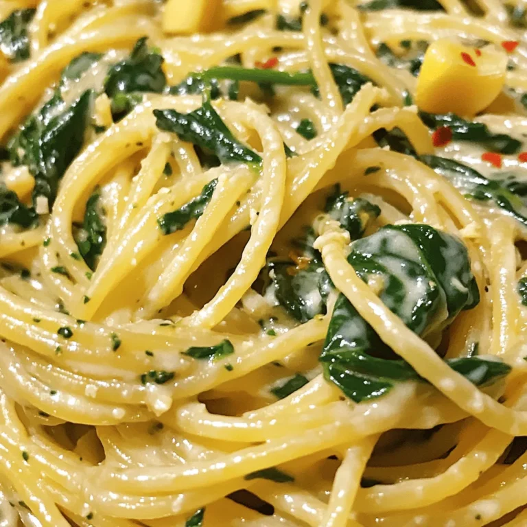 - 8 oz (225g) spaghetti or favorite pasta - 2 tablespoons extra-virgin olive oil - 4 cloves garlic, finely minced - 6 cups fresh spinach (approximately 3 oz) - 1 cup heavy whipping cream - 1/2 cup freshly grated Parmesan cheese - 1 teaspoon sea salt - 1/2 teaspoon freshly cracked black pepper - Juice of 1 fresh lemon (about 1 tablespoon) The ingredients for creamy garlic spinach pasta are simple yet powerful. The base starts with your favorite pasta. I love using spaghetti, but you can choose any kind. The key is to cook it al dente so it holds up with the sauce. Next, we add the magic of garlic. You can never go wrong with minced garlic. It fills your kitchen with a warm, inviting aroma. The olive oil works as a base for our sauce. It adds richness and depth to the dish. Spinach is the star here. Fresh spinach wilts beautifully, adding nutrition and color. The heavy cream brings a velvety texture. The Parmesan cheese melts in, creating a thick, creamy sauce. Now let's not forget the seasonings! Sea salt and black pepper enhance all the flavors. A squeeze of fresh lemon juice adds brightness and balances the creaminess. For the full recipe, you can check out the Full Recipe link. Enjoy the vibrant flavors and ease of this delightful dish! - Bring a large pot of salted water to a rolling boil. - Add spaghetti and cook until al dente. To get that perfect texture, you want your pasta firm, not mushy. Check the package for cooking times. When it's done, save half a cup of the pasta water. Then, drain and set the pasta aside. - Heat olive oil over medium heat. - Add minced garlic and sauté until fragrant. In the same pot or a skillet, add the olive oil and turn the heat up to medium. Once hot, toss in the minced garlic. Stir it for about 1-2 minutes, until it smells amazing. Be careful not to let it burn, or it will taste bitter. - Gradually add spinach, stirring until wilted. - Pour in heavy cream and mix in Parmesan cheese and seasonings. Now, add your fresh spinach to the pot. Stir until it wilts, which takes about 2-3 minutes. Once the spinach is ready, reduce the heat to low. Pour in the heavy cream and mix it well with the garlic and spinach. Add the Parmesan cheese, salt, and pepper. If you like, sprinkle in some nutmeg. Mix until the cheese melts and the sauce is smooth. - Toss the drained pasta with the creamy sauce. - Adjust sauce thickness with reserved pasta water. Time to combine! Add the drained pasta into the skillet. Toss it gently in the creamy sauce. If the sauce is too thick, use a bit of the reserved pasta water to get your desired creaminess. For the full experience, check out the [Full Recipe]. Enjoy your creamy garlic spinach pasta! To make the sauce just right, balance is key. Use a ratio of 1 cup of cream to 1/2 cup of cheese. This mix gives a rich and creamy flavor. If you like more cheese, add a bit more. To spice it up, try adding garlic powder or cayenne pepper. This boosts flavor without overpowering it. Garnish your creamy pasta with extra Parmesan cheese. It adds a nice touch. A sprinkle of red pepper flakes gives it a little heat. For wine, a crisp white like Sauvignon Blanc pairs well. Its acidity cuts through the creaminess. Cleaning up can be quick and easy! After cooking, soak pots in warm, soapy water. This helps remove any stuck bits. Use a non-scratch sponge to avoid damage. Wash utensils right after use to keep your space neat. {{image_4}} You can make this dish even better by adding more veggies. Here are some tasty options: - Mushrooms: Slice and sauté them for 4-5 minutes. - Cherry Tomatoes: Halve and toss them in for 2-3 minutes. - Zucchini: Cut into thin rounds and cook for 3-4 minutes. - Bell Peppers: Dice and add for 3-4 minutes. Feel free to mix and match these vegetables based on your taste. Adding protein can turn this pasta into a full meal. Here’s how: - Chicken: Cook in a pan until golden, about 6-8 minutes. Slice and mix in. - Shrimp: Sauté in olive oil for 3-4 minutes until they turn pink. - Ground Meat: Brown in the pan for 5-7 minutes before adding the sauce. Choose your favorite protein to boost the meal’s flavor and nutrition. You can enjoy this dish even if you have dietary needs. Here are some great swaps: - Gluten-Free Pasta: Use rice or quinoa pasta, which cooks similarly. - Vegan Cream: Substitute heavy cream with coconut cream or cashew cream. - Vegan Cheese: Use nutritional yeast or cashew cheese for a cheesy flavor. These alternatives keep your meal tasty and satisfying. For the full recipe, check the complete guide! Store your creamy garlic spinach pasta in an airtight container. This keeps the moisture in and the food fresh. It’s best to refrigerate it right after serving. Creamy pasta can last in the fridge for about 3 to 5 days. Be sure to check for any signs of spoilage before enjoying your leftovers. To reheat, use a stove or microwave. If using the stove, add a splash of water or cream. Heat it gently over low heat, stirring often. This helps keep the pasta creamy. In the microwave, heat in short bursts, stirring in between. This avoids hot spots and keeps the dish smooth. Yes, you can freeze creamy garlic spinach pasta. To freeze, let it cool completely. Place it in a freezer-safe container. Leave some space at the top, as it will expand. To thaw, move it to the fridge overnight. Reheat it gently, adding cream or water to restore the creaminess. Enjoy your meal later! For the full recipe, check back to ensure you have all the steps to make it perfect. You can boost the flavor with fresh herbs like basil or parsley. Adding crushed red pepper gives a nice kick. You might also try a sprinkle of oregano or thyme. These herbs add depth and freshness to the dish. I like to mix in a bit of lemon zest for brightness. This really brings out the garlic and cream. It makes each bite more exciting! Yes, you can make this dish in advance. Cook the pasta and sauce, then cool them separately. Store them in airtight containers in the fridge. When you’re ready to eat, simply reheat them together. Add a splash of cream or pasta water to keep it creamy. This dish tastes great even after a day in the fridge! Spaghetti is a classic choice for this creamy garlic spinach pasta. It holds the sauce well and has a nice texture. Fettuccine or penne also work nicely. They mix well with the creamy sauce. Use your favorite pasta shape to make it your own! This blog post covered the key ingredients to make creamy garlic spinach pasta. You learned about cooking methods, storage, and variations to fit your tastes. Cooking is fun, and this dish is easy to make. Add your favorite veggies or proteins for more flavor. Remember, you can enjoy leftovers too. Make it ahead and reheat for quick meals. Now, you're ready to create a tasty pasta dish that impresses everyone. Enjoy the process and happy cooking!