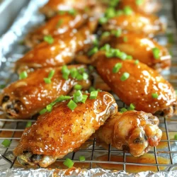 For this recipe, you will need: - 2 lbs chicken wings These spices bring out the best flavor: - 1 tablespoon baking powder - 1 teaspoon salt - 1 teaspoon black pepper - 1 teaspoon garlic powder - 1 teaspoon onion powder - 1/2 teaspoon smoked paprika - 1/2 teaspoon cayenne pepper (optional for extra heat) - 2 tablespoons olive oil This glaze adds a sweet and savory touch: - 1/4 cup honey - 2 tablespoons soy sauce - 1 tablespoon apple cider vinegar - Sliced green onions for garnish For the full experience, check the Full Recipe for detailed steps and tips! First, you need to preheat your oven to 425°F (220°C). This high heat helps create crispy skin on the wings. Line a baking sheet with aluminum foil for easy cleanup. Then, place a wire rack on top of the baking sheet. This setup allows hot air to flow around the wings, making them crispier. Next, grab a large mixing bowl. Add 2 pounds of chicken wings to the bowl. Sprinkle in 1 tablespoon of baking powder, 1 teaspoon of salt, 1 teaspoon of black pepper, 1 teaspoon of garlic powder, 1 teaspoon of onion powder, 1/2 teaspoon of smoked paprika, and 1/2 teaspoon of cayenne pepper if you want some heat. Toss everything well so that each wing is coated. Now, take the seasoned wings and drizzle 2 tablespoons of olive oil over them. Mix again to coat the wings with oil. This helps them become golden and crispy. Place the wings in a single layer on the wire rack. Make sure they do not touch each other. This space allows air to circulate and keeps them crunchy. Put the baking sheet in the preheated oven. Bake the wings for 40 to 45 minutes. Halfway through, turn the wings over. This helps them cook evenly and become crispy on all sides. While the wings bake, it’s time to make the glaze. In a small bowl, whisk together 1/4 cup of honey, 2 tablespoons of soy sauce, and 1 tablespoon of apple cider vinegar. Mix until well combined. This glaze adds a sweet and savory flavor to your wings. After baking, take the wings out of the oven. Transfer them to a large bowl and toss them in the honey-soy glaze. Make sure every wing is coated. Return them to the oven for an extra 5 to 10 minutes. This step helps the glaze caramelize a bit, giving the wings a rich flavor and sticky texture. Now, you can enjoy these crispy baked chicken wings! If you want the full recipe, check out the [Full Recipe]. To get the best crispiness, use baking powder. It creates a crunchy layer on the wings. Make sure to coat each wing evenly with the seasoning mix. The oil helps the skin become crispy as well. Placing the wings on a wire rack lets hot air flow all around, which is key for crispiness. Baking wings at 425°F (220°C) is perfect. This high heat cooks them fast and helps brown the skin. If your wings are not crispy enough, you can bake them longer. Just watch closely to avoid burning. Avoid crowding the wings on the baking sheet. They need space for air to circulate. Also, do not skip the resting step after baking. This helps keep the juices in the wings. Follow the full recipe for best results. {{image_4}} You can change the taste of your crispy baked chicken wings easily. Try different spice blends or marinades. For a zesty twist, use lemon zest and thyme. This bright flavor pairs well with the crispy texture. For a sweeter option, add a mix of brown sugar and soy sauce. This creates a rich, savory flavor that complements the wings. You can also switch up the sauce. Instead of honey-soy glaze, try buffalo sauce for a spicy kick. To make a creamy dip, mix ranch or blue cheese dressing. If you prefer Asian flavors, toss the wings in a sweet chili sauce. Each sauce gives a new life to the wings, making them exciting every time. Adjusting the spice level is simple. If you like it hot, add more cayenne pepper or some hot sauce. For mild wings, skip the spicy ingredients. You can also add smoked paprika for a smoky taste without heat. Taste your sauce before coating the wings. This way, you can ensure the flavor is just right for you. Don't forget to check the full recipe for details on how to make these crispy baked chicken wings! After you enjoy your crispy baked chicken wings, you will likely have some left. To keep them fresh, let the wings cool down. Place them in an airtight container. Store them in the fridge for up to three days. This keeps the wings tasty and safe to eat later. If you want to save them longer, consider freezing. When you're ready to eat your leftovers, reheating is key. The best way to reheat wings is in the oven. Preheat your oven to 375°F (190°C). Place the wings on a baking sheet. Bake for about 10-15 minutes. This method helps keep the wings crispy. You can also use an air fryer for reheating. It works quickly and makes the wings crunchy again. Freezing is great if you want to store wings for longer. Wrap the wings tightly in plastic wrap or foil. Place them in a freezer-safe bag. They can last for up to three months. When you want to eat them, thaw them in the fridge overnight before reheating. This keeps the texture nice and helps them taste fresh. Enjoy your tasty meal anytime! Bake chicken wings for 40-45 minutes at 425°F (220°C). Turn them halfway to ensure even crispiness. This method allows hot air to circulate, giving you that perfect crunch. Your wings will be golden brown and delicious! Yes, you can use frozen chicken wings. Just add extra cooking time. Thaw them first for best results. If you bake them from frozen, aim for 50-60 minutes total. Check for doneness by ensuring they reach 165°F (74°C) inside. Reheat your baked chicken wings in the oven for best results. Set your oven to 350°F (175°C) and place the wings on a baking sheet. Heat them for about 10-15 minutes. This keeps them crispy and warm. Baking powder is key for crispy wings. It helps dry out the skin, making it crispier when baked. If you skip it, your wings may be less crunchy. It’s a simple trick that makes a big difference! To make this recipe gluten-free, use gluten-free soy sauce. There are many brands available that taste great. Check the label to ensure it’s certified gluten-free. Your wings will still be tasty and satisfying! For the full recipe, check out the complete instructions above. You learned how to make great chicken wings. We covered the right ingredients, detailed steps, and helpful tips. You can experiment with flavors and avoid common mistakes. Remember to store your leftovers properly so they stay tasty. With these simple methods, you will impress friends and family. Enjoy your cooking journey and keep trying new things in the kitchen!