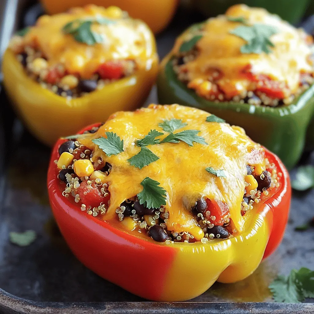 - 4 large bell peppers (any color you prefer) - 1 cup cooked quinoa - 1 cup black beans, thoroughly rinsed and drained - 1 cup corn kernels (can be fresh, frozen, or canned) - 1 cup diced tomatoes (use either canned or fresh) - 1 teaspoon ground cumin - 1 teaspoon chili powder - ½ teaspoon garlic powder - 1 cup shredded cheddar cheese (plus more for topping) - ¼ cup chopped fresh cilantro (optional, for garnish) - Salt and pepper, to taste - Olive oil, for drizzling When making cheesy stuffed bell peppers, choose fresh peppers. Look for firm peppers with bright colors. You can use red, yellow, or green peppers. Each color has its own unique taste. Quinoa serves as a great base. It's packed with protein and fiber. Black beans add texture and extra protein. Corn brings sweetness and crunch. Diced tomatoes keep the filling juicy. Spices like cumin and chili powder add depth. Garlic powder enhances the flavor without overpowering. Cheddar cheese ties everything together, making it creamy and delicious. Do not forget to season with salt and pepper. A drizzle of olive oil helps the peppers roast well. This recipe is simple yet full of flavor. For the full details, check the Full Recipe. Each serving contains around 300 calories. It has about 12 grams of protein. You'll find around 10 grams of fat and 8 grams of fiber. This makes it a healthy and filling meal choice. - Baking dish - Aluminum foil - Mixing bowl - Cutting board - Chef’s knife Gather these tools before you start. They make the process smoother and more enjoyable. Having everything ready helps you focus on creating a tasty dish. - Preheat the oven to 375°F (190°C). - Cut the tops off and remove the seeds/membranes from the bell peppers. Start by heating the oven. This step gets the cooking process going right. While it warms up, take your bell peppers. I like to use large ones, as they hold more filling. Slice off the tops carefully, like giving them a haircut. Then, scoop out the seeds and membranes. This keeps the stuffing nice and smooth. Brush the outsides with a bit of olive oil. It helps them roast well. Stand them up in a baking dish, ready for the good stuff. - Combine quinoa, black beans, corn, diced tomatoes, spices, and cheese. - Season with salt and pepper. Next, let’s make the filling. In a big bowl, mix cooked quinoa, black beans, corn, and diced tomatoes. I like to use fresh tomatoes when I can, but canned works too. Add in your spices: ground cumin, chili powder, and garlic powder. They give your filling a nice kick. Then, throw in half of the shredded cheddar cheese. Give it a good stir until everything is mixed well. Don’t forget to season with salt and pepper. Taste it; you want it to be just right. - Fill each pepper with the quinoa mixture. - Top with additional cheddar cheese and bake covered, then uncovered. Now for the fun part—stuffing! Take your bowl of filling and fill each pepper. Press down lightly, so it’s packed tight. Once they’re full, sprinkle the remaining cheddar cheese on top. This makes them extra cheesy and delicious. Cover the baking dish with aluminum foil. Bake them in the oven for 25 minutes. After that, remove the foil. Bake for another 10-15 minutes until the peppers are tender and the cheese is bubbly. Enjoy this process; the aroma will fill your kitchen. For the full recipe, you can refer to the original guide. When selecting fresh bell peppers, look for ones that feel firm and heavy. The skin should be smooth and shiny. Colors can vary, and each brings a unique taste. Red, yellow, and orange peppers are sweeter than green ones. Choose peppers without blemishes or soft spots. For meal prepping stuffed peppers, make the filling in advance. You can store it in the fridge for up to three days. Prepped bell peppers can stay in the fridge, too. Just keep them whole until you’re ready to bake. This saves time on busy days. To add some heat, mix in jalapeños or other spicy peppers. You can also change up the cheese. Try pepper jack for more flavor or feta for a tangy touch. Experimenting with different cheeses can make each batch special. For sauces, drizzle homemade salsa or a creamy avocado sauce on top. A fresh chimichurri adds a bright flavor that pairs well with the dish. These extras can elevate your cheesy stuffed peppers to new heights. Pair your cheesy stuffed peppers with a fresh salad. A simple green salad with a light vinaigrette works well. You can also serve them with rice or quinoa for a hearty meal. For a beautiful presentation, use a nice serving platter. Place the peppers upright to show off their colors. A sprinkle of fresh herbs on top adds a nice touch. Consider serving with a dollop of sour cream or a slice of avocado for extra flair. These tips will help you create delicious and visually appealing cheesy stuffed peppers. For the full recipe, check the recipe section above. {{image_4}} You can swap quinoa for rice. Brown rice, white rice, or even farro work well. These grains add a nice texture. You can also use ground meat. Ground turkey, beef, or chicken makes a hearty filling. Just cook the meat before adding it to your mixture. This adds flavor and protein to your stuffed peppers. If you want a meatless meal, try plant-based substitutes. Crumbled tofu or lentils can work great. They add protein and keep the dish healthy. For a vegan version, use dairy-free cheese. There are many types available today. Nutritional yeast also adds a cheesy flavor without dairy. You can mix it into your filling for extra taste. Seasonal ingredients can elevate your stuffed peppers. In summer, add fresh zucchini or corn. In fall, consider using diced apples or squash for a sweet twist. These ingredients bring a unique flavor to your dish. You can also think about holiday themes. For Thanksgiving, try stuffing your peppers with stuffing mix and cranberries. It’s a fun way to celebrate the season! To keep your cheesy stuffed bell peppers fresh, store them in an airtight container. Place them in the fridge within two hours after cooking. They stay good for about three to four days. If you want to save them longer, freeze the stuffed peppers. Wrap each pepper tightly in plastic wrap and then place them in a freezer bag. They will last up to three months in the freezer. When it's time to enjoy your leftovers, you can reheat them in two ways. For the oven, preheat it to 350°F (175°C). Place the peppers in a baking dish, cover with foil, and heat for about 20 minutes. This method keeps the peppers tender. If you're short on time, use the microwave. Place a pepper on a microwave-safe plate and heat for about two to three minutes. To keep the cheese melty, cover it with a damp paper towel. You can prepare stuffed peppers ahead of time for easy meals. Stuff the peppers and place them in the fridge for up to 24 hours before baking. This gives the flavors time to meld. You can also freeze uncooked stuffed peppers. When you're ready to eat, bake them straight from the freezer, adding a few extra minutes to the cooking time. This way, you'll always have a quick and tasty meal on hand. For more details, check out the Full Recipe. Stuffed peppers last about 3 to 5 days in the fridge. Store them in an airtight container. This keeps them fresh. I recommend eating them within this time. Always check for any signs of spoilage, like a bad smell or mold. Yes, you can freeze cooked stuffed peppers. First, let them cool completely. Wrap each pepper tightly in plastic wrap. Then place them in a freezer bag. They will last for about 2 to 3 months in the freezer. To reheat, thaw them in the fridge overnight, then bake at 375°F until hot. You can use many fillings for stuffed peppers. Here are some ideas: - Rice: White or brown rice works well. - Meats: Ground beef, turkey, or chicken add protein. - Lentils: A great option for a vegetarian dish. - Vegetables: Chopped mushrooms, zucchini, or spinach can boost flavor. Each option brings its own taste. Feel free to mix and match! Stuffed peppers are done when they are tender. The cheese should be melted and bubbly. You can check by piercing a pepper with a fork. It should go in easily. Also, look for a nice golden color on top. This means they are ready to eat! Stuffed peppers are a fun and tasty meal. We covered the right ingredients, like bell peppers, quinoa, and beans. You learned how to prepare the filling and bake them perfectly. I shared tips to enhance flavor and variations to fit any diet. Remember, meal prep can save time and make your week easier. Store leftovers and reheat them for quick meals. Enjoy making this dish your own!