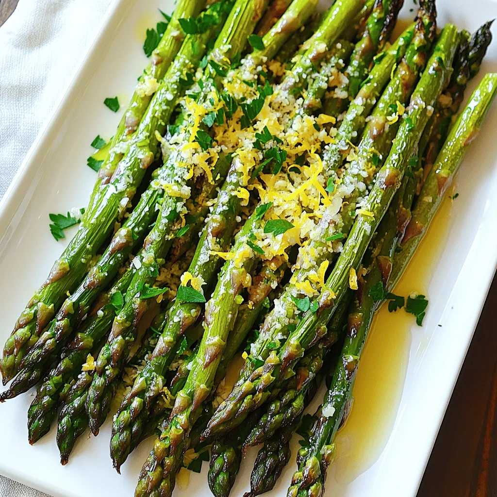 To make Lemon Garlic Roasted Asparagus, you need fresh asparagus. Look for bright green spears with firm tips. You want about 1 pound of asparagus, trimmed to remove the tough ends. This helps the asparagus cook evenly. The magic of this dish comes from the seasonings. Here’s what you’ll need: - 3 tablespoons extra virgin olive oil - 2 cloves garlic, finely minced - Zest of 1 large lemon - Juice of 1 large lemon - 1 teaspoon sea salt - 1/2 teaspoon freshly ground black pepper - 1/4 teaspoon red pepper flakes (optional for a spicy kick) These ingredients give the asparagus a zesty and savory flavor that is hard to resist. The garlic and lemon work together to brighten every bite. You can add some extra flair to your dish. Here are a couple of optional add-ons: - 2 tablespoons freshly grated Parmesan cheese (for a cheesy touch) Adding cheese gives a creamy finish that pairs well with the lemon tang. You can also skip it for a lighter dish. For a spicy twist, sprinkle in a few red pepper flakes. You can find the full recipe above to guide you through the steps. Start by preheating your oven to 400°F (200°C). This ensures even cooking. Next, grab a large mixing bowl. Pour in three tablespoons of extra virgin olive oil. Add two cloves of finely minced garlic. Then, include the zest and juice of one large lemon. Sprinkle in one teaspoon of sea salt and half a teaspoon of black pepper. If you like heat, toss in a quarter teaspoon of red pepper flakes. Whisk everything together until it blends well and smells amazing. Now, take one pound of fresh asparagus and trim the ends. Add the asparagus to your mixing bowl. Gently toss the spears to coat them in the lemon-garlic mix. Make sure every spear gets covered. Prepare a baking sheet by lining it with parchment paper. Spread the coated asparagus in a single layer. This helps them roast evenly and makes cleanup easy. Place the baking sheet in the preheated oven. Roast for about 15 to 20 minutes. Keep an eye on them. The asparagus should be tender but still have a slight crunch. You want the tips to turn golden brown and crispy. If you want a cheesy touch, sprinkle two tablespoons of freshly grated Parmesan cheese on top in the last five minutes of roasting. This adds a delicious layer of flavor. When done, carefully take the baking sheet out of the oven. Transfer the asparagus to a serving platter. For a burst of flavor, drizzle a little extra lemon juice over the top. You can also add more lemon zest or a sprinkle of chopped parsley for color. This dish makes a perfect side for any meal. Enjoy the bright flavors and simple steps in the Full Recipe. When picking asparagus, look for bright green spears. They should feel firm and fresh. The tips should be closed and compact. Avoid any that are wilted or have soft spots. Thin spears are tender, while thicker ones have a stronger flavor. Choose what fits your taste! To get the best results, preheat your oven to 400°F (200°C). Arrange the asparagus in a single layer on your baking sheet. This helps them roast evenly. Give them enough space; crowded spears can steam instead of roast. Watch them closely as they cook—15 to 20 minutes is ideal. Lemon and garlic pair well with many flavors. You can add herbs like thyme or rosemary for extra depth. A pinch of red pepper flakes adds a nice kick. If you love cheese, sprinkle some Parmesan on top near the end of roasting. For a nutty touch, add toasted almonds or pine nuts right before serving. Check out the Full Recipe for more ideas! {{image_4}} You can easily make Lemon Garlic Roasted Asparagus vegan. Simply skip the Parmesan cheese. The dish will still be tasty and full of flavor. You can also add nutritional yeast for a cheesy flavor without dairy. This keeps the dish light and healthy, perfect for any meal. Feel free to mix up the flavors! You can try using different herbs. Basil, thyme, or dill work great. For a zestier twist, add some chili powder or smoked paprika. If you like a bit of sweetness, a touch of maple syrup can add a unique taste. Experiment with these options to find your favorite blend. Serve your asparagus in fun ways. You can add it to a salad for a fresh crunch. It also works well as a topping on pasta or grain bowls. For a crowd-pleasing dish, chop the asparagus and mix it into a quinoa salad. You can even use it as a filling for wraps or sandwiches. These ideas make the dish versatile and exciting! For more detailed instructions, check out the Full Recipe. Lemon garlic roasted asparagus stays fresh in the fridge for up to three days. Allow the asparagus to cool completely before storing. Place it in an airtight container to keep it crisp. If you notice any moisture, use a paper towel to absorb it. This simple step helps maintain its texture and flavor. To reheat, you can use the oven or microwave. For the oven, preheat it to 350°F (175°C). Place the asparagus on a baking sheet. Heat for about 10 minutes, or until warm. This method keeps the asparagus crisp. If you prefer the microwave, place it on a plate and cover it with a damp paper towel. Heat in short bursts of 30 seconds. Check often to avoid overcooking. Freezing lemon garlic roasted asparagus is an option, but it may change the texture. To freeze, let the asparagus cool completely. Place it in a freezer-safe bag. Remove as much air as possible before sealing. You can freeze it for up to three months. When ready to use, thaw in the fridge overnight. Reheat using the oven or microwave as described above. Yes, you can prepare Lemon Garlic Roasted Asparagus ahead of time. To do this, wash and trim the asparagus first. Then, coat it with the lemon-garlic mixture. Place the coated asparagus in the fridge for up to 24 hours. When you are ready to serve, just roast it for about 15 to 20 minutes at 400°F (200°C). This dish still tastes fresh and bright! Lemon Garlic Roasted Asparagus pairs well with many dishes. It goes great with grilled chicken, fish, or steak. You can also serve it next to pasta or a grain like quinoa. For a lighter meal, try it with a fresh salad. This side dish adds a burst of flavor to any plate! You can tell asparagus is cooked by checking its color and texture. It should be bright green and slightly tender. The tips may turn golden brown and crispy. If you pierce it with a fork, it should offer some resistance but not be mushy. Always keep an eye on it while roasting to achieve the perfect texture. For the full recipe, check out the recipe section above! In this post, we explored making Lemon Garlic Roasted Asparagus. We covered key ingredients, like fresh asparagus and flavor enhancers. The step-by-step instructions guide you from prep to roasting. I shared tips for picking the best asparagus and achieving perfect roasting. We explored tasty variations and how to store leftovers. This dish is simple and fun to make. Enjoy this vibrant side at your next meal!