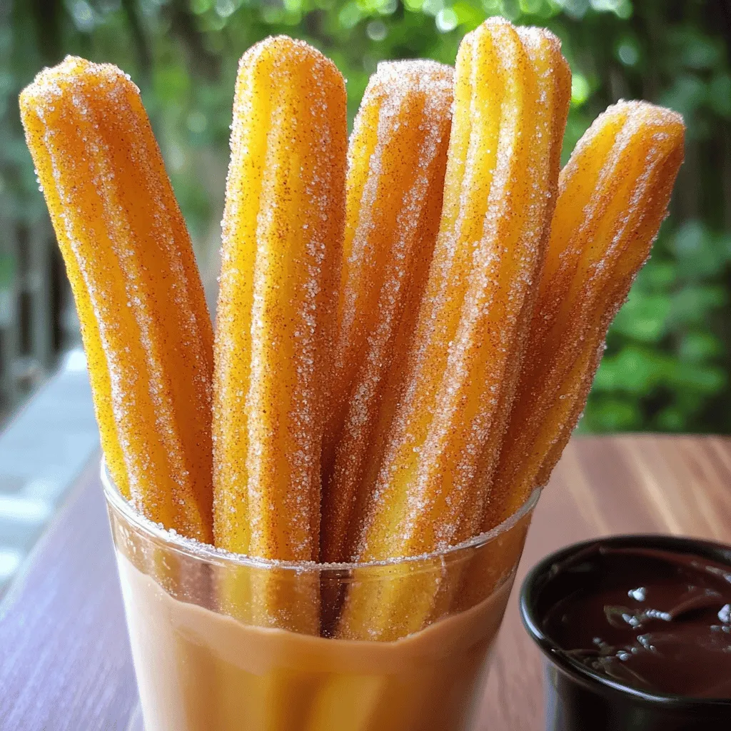 To make delicious cinnamon sugar churros, you need these key ingredients: - 1 cup water - 1/2 cup unsalted butter, cubed - 1 tablespoon granulated sugar - 1/4 teaspoon salt - 1 cup all-purpose flour - 2 large eggs, at room temperature - 1 teaspoon pure vanilla extract - Vegetable oil, for frying - 1/2 cup granulated sugar (for coating) - 1 tablespoon ground cinnamon Each ingredient plays an important role in creating the churros' flavor and texture. The water and butter form the dough's base, while eggs help give it structure. The sugar and cinnamon add that irresistible sweetness we all love. If you don’t have all the ingredients on hand, here are some substitutes you can use: - Use coconut oil instead of vegetable oil for frying. - Substitute margarine for unsalted butter. - You can use brown sugar in place of granulated sugar for a richer taste. - If you’re out of vanilla extract, almond extract works great too. These substitutes can give your churros a unique twist while keeping them delicious. To make churros, you will need a few simple tools: - Medium saucepan - Wooden spoon or spatula - Piping bag with a large star-shaped nozzle - Deep frying pan or deep fryer - Candy thermometer (to check oil temperature) - Slotted spoon - Paper towels for draining Having the right equipment makes the process easier and helps you achieve the best results. Enjoy making these sweet treats! To make the dough, start with a medium saucepan. Add 1 cup of water, the cubed butter, 1 tablespoon of sugar, and 1/4 teaspoon of salt. Heat this mixture over medium heat. Stir until it boils and the butter melts. Once boiling, take the pan off the heat. Now, add 1 cup of all-purpose flour. Stir with a wooden spoon until the dough pulls away from the pan. Let the dough cool for about 5 minutes. Next, add 2 large eggs, one at a time. Mix well after each addition. This helps the dough stay smooth. Finally, stir in 1 teaspoon of pure vanilla extract. You want a glossy dough that looks inviting. Now it’s time to fry! Heat vegetable oil in a deep pan to 375°F (190°C). A thermometer helps to check the heat. While the oil heats, put the churro dough into a piping bag. Use a large star-shaped nozzle for that classic churro shape. Carefully pipe 4 to 6-inch strips of dough into the hot oil. Cut them off with kitchen scissors for a clean edge. Fry each churro for about 2 to 3 minutes until golden brown. Use a slotted spoon to remove them from the oil. Let them drain on a plate lined with paper towels. While the churros drain, it's time for the fun part—coating them! In a shallow dish, mix 1/2 cup of granulated sugar with 1 tablespoon of ground cinnamon. While the churros are still warm, roll them in the cinnamon-sugar mixture. Make sure they are well coated. This adds sweetness and a lovely crunch. Now your cinnamon sugar churros are ready to enjoy! For a special touch, serve them in a tall glass or a rustic basket. Add a rich chocolate dipping sauce for an indulgent treat. For the full recipe, don’t forget to check the details! To get a crunchy outside and soft inside, fry at the right temperature. I recommend 375°F (190°C). Use a thermometer to check. If the oil is too hot, the outside cooks fast, leaving the inside raw. If too cold, they absorb oil and get soggy. Fry in batches for even cooking. This way, each churro gets enough space to expand and crisp up. Don’t skip the vanilla extract. It adds depth to the dough. You can also mix in a pinch of nutmeg for warmth. For a twist, add orange zest to the dough. This brightens the flavor and makes them unique. Finally, let the churros sit in the cinnamon sugar while warm. This helps the sugar stick better and enhances the sweet flavor. Avoid overmixing the dough after adding eggs. It can make the churros tough. Don’t skip draining the churros on paper towels. This step removes excess oil and keeps them crispy. Finally, be careful not to overcrowd the frying pan. This can lower the oil temperature and affect the texture. Follow these tips for the best cinnamon sugar churros. For the full recipe, check the earlier section. {{image_4}} You can make churros even more special by adding a chocolate filling. To do this, melt dark chocolate and let it cool slightly. Pipe the chocolate into the center of each churro right after frying. This filling adds a rich, gooey surprise that everyone loves. Chocolate-filled churros offer a nice balance to the sweet cinnamon sugar coating. They are perfect for parties or a sweet treat at home. You can easily make churros vegan. Replace the eggs with a mixture of ground flaxseed and water. Use 1 tablespoon of ground flaxseed mixed with 3 tablespoons of water for each egg. This will help bind the dough. Use vegan butter or coconut oil for frying. The result is a delicious treat that everyone can enjoy, regardless of their diet. Vegan churros still taste great and have that classic texture. Get creative with your churro flavors! You can add orange zest to the dough for a bright, fresh taste. Nutmeg also works well, giving a warm spice note. Try mixing in a bit of cocoa powder for a chocolate twist. These simple add-ins can elevate your churros from good to great. Experimenting with flavors can lead to fun surprises for your taste buds. To store leftover churros, let them cool completely first. Place them in an airtight container. This keeps them fresh and prevents them from getting soggy. If you do not have an airtight container, wrap them tightly in plastic wrap. Store them at room temperature for up to two days. For longer storage, the fridge is fine, but they may lose some crunch. To reheat churros, an oven works best. Preheat your oven to 350°F (175°C). Place the churros on a baking sheet. Heat them for about 5-7 minutes. This method helps restore their crispiness. If you want a quick option, you can use a microwave. Just heat them for 10-15 seconds. But they will not be as crispy this way. If you want to freeze churros, do so after they cool. Place them in a single layer on a baking sheet. Freeze for a couple of hours until solid. Then, transfer them to a freezer bag. This way, they can last up to three months. When ready to eat, thaw overnight in the fridge. Reheat in the oven for the best results. Enjoy these sweet treats anytime! For the full recipe, check out the earlier section. To make cinnamon sugar churros from scratch, you need simple ingredients. First, boil water, butter, sugar, and salt. Once it boils, stir in flour to make a dough. After cooling, mix in eggs and vanilla. Pipe the dough into hot oil and fry until golden. Finally, roll in a mix of sugar and cinnamon. You can find the full recipe above for detailed steps. Churros taste great with many dipping sauces. The classic choice is chocolate sauce. You can also try caramel sauce for a sweet twist. For something fruity, consider strawberry or raspberry sauce. Each sauce adds a unique flavor, making every bite even better. Yes, churros can be made in advance. You can fry them and store them in an airtight container for a day. To keep them fresh, store them in the fridge. When you’re ready to eat, reheat them in the oven. This keeps them crispy and delicious. Cinnamon sugar churros are a fun treat to make. You learned about key ingredients, substitutes, and what equipment to use. I shared steps to prepare, fry, and coat your churros. Tips helped you avoid common mistakes and achieve the best texture. Plus, you discovered variations like chocolate-filled and vegan options. These churros are not just tasty; they spark creativity in the kitchen. Enjoy making them yourself, and share with friends!
