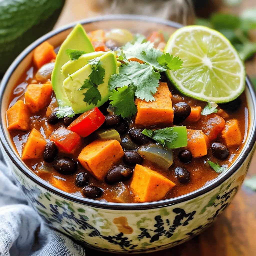 This chili is hearty and delicious. Here’s what you need: - 2 medium sweet potatoes, peeled and diced into 1-inch cubes - 1 can (15 oz) black beans, drained and thoroughly rinsed - 1 can (14 oz) diced tomatoes, including their juices - 1 cup vegetable broth (low-sodium preferred) - 1 medium onion, finely diced - 2 cloves garlic, minced - 1 red bell pepper, diced - 1 green bell pepper, diced - 2 tablespoons olive oil - 1 tablespoon chili powder - 1 teaspoon ground cumin - 1 teaspoon smoked paprika - 1/2 teaspoon cayenne pepper (adjust according to your spice tolerance) - Sea salt and freshly cracked black pepper to taste - Fresh cilantro or parsley, chopped for garnish You can add fun toppings to your chili for more flavor. Here are some tasty options: - Creamy avocado slices - Zesty lime wedges - Shredded cheese Sweet potatoes are packed with vitamins A and C. They help boost your immune system. Black beans are a great source of protein and fiber. They keep you feeling full longer. Bell peppers provide vitamin C and antioxidants. Garlic supports heart health and adds yummy flavor. With so many benefits, this chili is not just tasty but good for you too! This chili comes together quickly. First, gather all your ingredients. You will need sweet potatoes, black beans, diced tomatoes, and some spices. This dish is great for a cozy night. It takes about 15 minutes to prep and 30 minutes to cook. 1. Sauté the Vegetables: In a large pot, heat 2 tablespoons of olive oil over medium heat. Add 1 diced onion and sauté for about 5 minutes. The onion should be soft and fragrant. 2. Add Garlic and Peppers: Stir in 2 minced garlic cloves, 1 diced red bell pepper, and 1 diced green bell pepper. Cook for 3-4 minutes until the peppers get soft. Stir often to keep them from sticking. 3. Mix in Spices: Sprinkle in 1 tablespoon of chili powder, 1 teaspoon of ground cumin, 1 teaspoon of smoked paprika, and 1/2 teaspoon of cayenne pepper. Add a pinch of sea salt and black pepper. Stir for 1 minute. This brings out the spice flavors. 4. Add Sweet Potatoes: Toss in 2 diced sweet potatoes. Stir them well with the veggies and spices. Make sure they are coated evenly. 5. Combine Remaining Ingredients: Pour in 1 can of rinsed black beans, 1 can of diced tomatoes with juices, and 1 cup of vegetable broth. Mix everything together until it’s well combined. 6. Simmer the Chili: Increase the heat to bring the pot to a gentle boil. Once boiling, lower the heat, cover, and let it simmer for 25-30 minutes. Stir every so often. The sweet potatoes should be tender. 7. Taste and Adjust: After simmering, taste your chili. Add more salt, pepper, or spices if needed. Adjust it to your liking. 8. Serve: Ladle the warm chili into bowls. Top with fresh cilantro or parsley. You can also add optional toppings like avocado slices or lime wedges for extra flavor. - Use fresh spices for better taste. They make a big difference! - Let the chili sit for a while after cooking. This helps the flavors blend. - Experiment with different spices to find your favorite mix. - Serve it hot! A warm bowl of chili is always more inviting. This savory sweet potato black bean chili is tasty and filling. You can find the [Full Recipe] for more details! One mistake many make is not cutting sweet potatoes evenly. This can lead to uneven cooking. Aim for 1-inch cubes for best results. Another common error is skipping the seasoning. Always taste as you cook. If you don’t, your chili may lack flavor. Also, don’t rush the simmering step. Allow the chili to cook slowly. This helps the flavors blend well. To boost flavor, start with sautéing your veggies. This step creates a rich base. Use medium heat and let the onions become translucent. Don’t forget to add garlic for depth. Stir in your spices early, too. This unlocks their natural oils and flavors. Lastly, simmer the chili covered. This traps steam and enhances the taste. If you like heat, adjust the cayenne pepper. Start with a little, then taste. You can always add more, but you can't take it out! For milder chili, skip the cayenne or use less. Consider adding a dollop of sour cream or yogurt as a cooling agent. Remember, the right spice balance can make your dish shine. {{image_4}} You can easily swap some ingredients in this chili. If you don’t have sweet potatoes, try using butternut squash. It adds a nice sweetness. You can use canned kidney beans instead of black beans if you prefer. For a different flavor, replace the red bell pepper with a yellow one. You can also add corn for extra texture. This sweet potato black bean chili is already vegan and gluten-free. All the main ingredients are plant-based and gluten-free. If you want to make it creamier, add coconut milk after cooking. This will enhance the flavor while keeping it vegan. You can make this chili fit any diet. If you're low-carb, reduce the sweet potatoes or swap them with zucchini. For a protein boost, add quinoa or lentils. If you want a spicy kick, toss in diced jalapeños or a dash of your favorite hot sauce. Each change helps you enjoy this dish while meeting your dietary needs. To store leftover chili, let it cool to room temperature. Once cooled, place it in an airtight container. Store it in the fridge for up to five days. Make sure to label the container with the date. This helps you keep track of freshness. If you want to save chili for later, freezing is a great option. Portion the chili into freezer-safe bags or containers. Leave some space for expansion. Seal tightly to prevent freezer burn. You can freeze it for up to three months. When you’re ready to enjoy it, just thaw it in the fridge overnight. Reheating chili can enhance its taste. For the best results, use a pot on the stove. Heat over medium-low and stir often. This helps keep the texture smooth. If it seems too thick, add a splash of vegetable broth or water. You can also microwave it, but stir halfway through for even heating. Enjoy your chili warm with all the flavors intact! You can use leftover chili in many ways. Serve it over rice or quinoa for a filling meal. Mix it with eggs for a spicy breakfast scramble. You can also blend it to make a soup. Stuff it into baked potatoes for a hearty side dish. Add it to tacos for a unique twist. The options are endless! Sweet Potato Black Bean Chili can last about four to five days in the fridge. Store it in an airtight container to keep it fresh. If you see any mold or odd smells, it’s best to toss it. Reheating is easy; just warm it on the stove or in the microwave. Yes, you can make this chili in a slow cooker! Start by sautéing the onion and garlic in a pan. Then, add all ingredients to the slow cooker. Cook on low for six to eight hours or on high for three to four hours. This method makes the flavors even better! Yes, Sweet Potato Black Bean Chili is very healthy. It is packed with fiber from the beans and sweet potatoes. These ingredients help support digestion and heart health. The chili is also low in fat and offers many vitamins and minerals. Plus, it is full of plant-based protein, making it a great option for everyone. For the full recipe, check out the section above! Sweet Potato Black Bean Chili is a tasty and nutritious dish. We covered key ingredients, their benefits, and how to prepare them. I shared step-by-step cooking instructions and tips for flavor. We also looked at common mistakes and spice adjustments to avoid. With variations and storage tips, you can make this chili fit any need. In the end, enjoy experimenting with this recipe. Your taste buds and health will thank you.