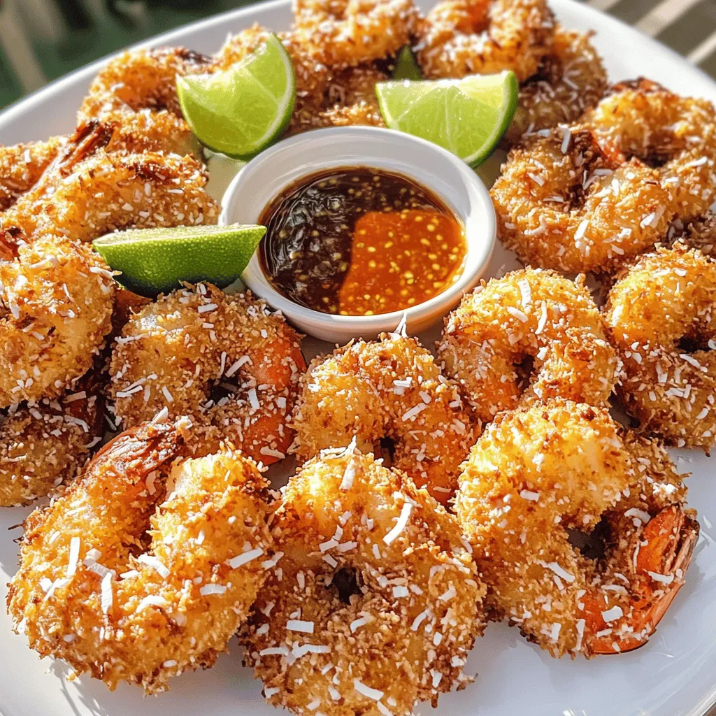 - Large shrimp: 1 pound, peeled and deveined - All-purpose flour: 1 cup - Eggs: 2 large - Shredded coconut: 1 cup (sweetened or unsweetened) - Panko breadcrumbs: 1 cup - Garlic powder: 1 teaspoon - Paprika: 1 teaspoon - Salt and pepper: to taste - Vegetable oil: for frying - Fresh lime wedges: for serving - Sweet chili sauce: for dipping Creating crispy coconut shrimp is a fun experience. Start with the main ingredients. You need large shrimp, flour, and eggs. The shrimp must be peeled and deveined. This ensures a clean bite. Flour coats the shrimp. It helps the egg stick. The eggs add moisture and help the coating adhere. Next, gather the coating ingredients. Shredded coconut is key. You can use sweetened for a hint of sweetness or unsweetened for a more natural taste. Panko breadcrumbs add crunch. Garlic powder and paprika bring flavor. Finally, season with salt and pepper. This mix gives the shrimp a tasty, crunchy layer. For frying, you need vegetable oil. It helps achieve that golden crispiness. Fresh lime wedges add brightness when serving. Sweet chili sauce is a must for dipping. It balances the dish with its sweetness and heat. This recipe is all about balance. The shrimp, coconut, and spices come together to create a delightful bite. For the full recipe, check out the detailed instructions above. Enjoy making this dish! First, rinse the shrimp under cold water. Make sure to dry them well with paper towels. This helps the coating stick better. Next, season the shrimp with salt and pepper. Use just enough to enhance their natural flavor. Now, gather three shallow bowls. In the first bowl, add the all-purpose flour. In the second bowl, beat the eggs until smooth. For the third bowl, mix shredded coconut, panko breadcrumbs, garlic powder, paprika, and a pinch of salt and pepper. Stir the coconut mixture well to spread the seasonings evenly. Take each shrimp and dip it into the flour. Make sure it is fully coated, then shake off any extra flour. Next, dip the shrimp into the beaten eggs, letting the excess drip back into the bowl. Finally, transfer the shrimp to the coconut-panko mixture. Press gently to ensure a good coat sticks. Set aside each coated shrimp and repeat this until all shrimp are ready. In a large skillet, heat about half an inch of vegetable oil over medium-high heat. To check if the oil is ready, drop in a small piece of shredded coconut. If it sizzles and bubbles, you’re good to go. Carefully add the coated shrimp to the hot oil in batches. Avoid overcrowding, so they cook evenly. Fry them for about 2 to 3 minutes on each side. Look for a nice golden-brown color. Once crispy, use a slotted spoon to remove the shrimp from the oil. Place them on a paper towel-lined plate to soak up excess oil. This keeps them crunchy. Arrange the crispy coconut shrimp on a serving platter. Add fresh lime wedges and a small bowl of sweet chili sauce for dipping. Enjoy this delightful treat! For the full recipe, check out the earlier section. To make your crispy coconut shrimp shine, pay close attention to the oil temperature. Hot oil gives you that golden brown color and crunch. Heat your oil to about 350°F. You can test it by dropping in a small piece of coconut. If it sizzles, you’re ready to fry. Avoid overcrowding your skillet. Fry the shrimp in small batches. This allows each piece to cook evenly. If you add too many, the shrimp will steam instead of fry. Try changing up your coating for a fun twist. Instead of just coconut and panko, use cornmeal for a different texture. You can also add spices, like cayenne pepper or lemon zest, to give your shrimp extra flavor. Boost the flavor of your coating by adding herbs or spices. Fresh cilantro or parsley can brighten up the dish. You can mix in some garlic powder or onion powder for depth. For serving, think beyond sweet chili sauce. Try a zesty mango salsa or a spicy aioli. These options add a new layer of taste to your crispy coconut shrimp. Enjoy experimenting with these tips to make your dish even more delightful! {{image_4}} You can easily swap shrimp for other proteins. Use fish like cod or tilapia for a tasty twist. Chicken also works well. Cut chicken breast into strips. Then follow the same coating and frying steps. Both options give you a new flavor and texture. Want a lighter meal? You can bake the shrimp instead of frying them. Preheat your oven to 400°F (200°C). Line a baking sheet with parchment paper. Coat the shrimp just like before. Place them on the sheet and spray with a bit of oil. Bake for 12-15 minutes until golden and crispy. Add some fun to your coconut shrimp! For an Indian twist, mix in curry powder with the coconut. This adds a warm and spicy flavor. For a Thai-inspired dish, serve with different dipping sauces. Try sweet chili sauce, peanut sauce, or even a tangy mango salsa. Each option brings a new taste adventure. For the full recipe, check out the delicious Crispy Coconut Shrimp! Store leftover crispy coconut shrimp in an airtight container. Place them in the fridge. They will stay good for up to three days. If you want to keep them longer, freeze the shrimp. Wrap them tightly in plastic wrap and then place them in a freezer bag. They can last up to three months in the freezer. To reheat and keep the shrimp crispy, use an oven. Preheat it to 375°F (190°C). Place the shrimp on a baking sheet. Bake them for about 10-15 minutes until hot. You can also use an air fryer for faster results. This method helps regain the crunchiness without making them soggy. For the best taste and quality, eat the shrimp within three days when stored in the fridge. In the freezer, they maintain quality for about three months. After this time, they may still be safe to eat but lose flavor and texture. Enjoy your crispy coconut shrimp fresh for the best experience! Yes, you can prepare the shrimp in advance. Here are some tips: - Coat the shrimp: You can coat the shrimp and store them in the fridge. - Frying: Fry them just before serving for the best crunch. - Serving: Keep them warm in a low oven if serving later. The best shrimp for this recipe is large shrimp. I recommend using: - Peeled and deveined shrimp: This saves time and effort. - Size: Go for 16-20 count per pound for a good bite. - Fresh or frozen: Both work well, just thaw if frozen. Yes, there are several good substitutes for panko. You can use: - Regular breadcrumbs: They work fine but may not be as crispy. - Cornflakes: Crushed cornflakes give a nice crunch. - Ground nuts: Almonds or cashews can add flavor and texture. Absolutely! Air frying is a great option for a healthier take. Follow these steps: 1. Preheat your air fryer to 375°F (190°C). 2. Arrange the shrimp in a single layer in the basket. 3. Spray lightly with oil to help them crisp up. 4. Cook for 8-10 minutes, flipping halfway through. 5. Check for doneness: They should be golden and cooked through. For the full cooking experience, check the Full Recipe for more details! In this post, we explored how to make crispy coconut shrimp. We covered the main ingredients, step-by-step instructions, and useful tips. Whether you fry them or bake them, you can enjoy delicious shrimp with great flavor. You can even try variations with different proteins or international twists. Remember to store leftovers properly, so they stay fresh. This dish is a fun and tasty treat for any gathering. Get creative, and enjoy every crispy bite!
