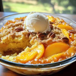 - 2 cans (15 oz each) sliced peaches in syrup, thoroughly drained - 1 box (15.25 oz) yellow cake mix - 1 cup unsalted butter, melted - 1 teaspoon pure vanilla extract - 1 teaspoon ground cinnamon - 1 cup chopped pecans (optional, for added texture) - Vanilla ice cream (for serving, optional but recommended) To make a great Peach Cobbler Dump Cake, you need the right ingredients. First, grab two cans of sliced peaches. These are the star of your dessert. Make sure you drain them well to avoid excess liquid. Next, you’ll want a box of yellow cake mix. This gives the cake that soft, fluffy texture we all love. Melt one cup of unsalted butter. Using unsalted butter helps control the saltiness in your cake. Next, add one teaspoon of pure vanilla extract for flavor. This adds a sweet, warm note that elevates the dish. Don’t forget the ground cinnamon! One teaspoon of this spice gives your cake a cozy aroma and taste. If you like a little crunch, use one cup of chopped pecans. This is optional, but they add a lovely texture. Lastly, vanilla ice cream is a must for serving. The cold ice cream pairs perfectly with the warm cobbler, creating a delightful contrast. For the full recipe, you can find all the details on how to prepare this delicious dish. Enjoy the delightful process of baking your Peach Cobbler Dump Cake! 1. Preheat the Oven Start by preheating your oven to 350°F (175°C). This step ensures your dessert bakes evenly. 2. Layer Peaches in Baking Dish Take two cans of sliced peaches. Drain them well, then spread them evenly in a 9x13 inch baking dish. This will be the sweet base of your cake. 3. Combine Cinnamon and Cake Mix In a large mixing bowl, mix one teaspoon of ground cinnamon with one box of yellow cake mix. Stir these together well. The cinnamon adds a warm flavor to the cake. 1. Sprinkle Cake Mix Over Peaches Take the cinnamon cake mix and sprinkle it evenly over the peaches in your dish. Make sure to cover them completely for the best flavor. 2. Drizzle Melted Butter Melt one cup of unsalted butter. Drizzle this melted butter generously over the cake mix. This will help create a moist and delicious top layer. 3. Add Pecans (if using) If you enjoy a nutty crunch, sprinkle one cup of chopped pecans on top of the mixture. This adds great texture and flavor. 1. Bake and Cool Place your baking dish in the oven. Bake for 45-50 minutes. You’ll know it’s ready when the top is golden brown and bubbly at the edges. Once done, take it out and let it cool for a few minutes. 2. Serving Suggestions Scoop warm portions into bowls. For a special touch, add a scoop of vanilla ice cream on top. The warm cake and cold ice cream make a perfect pair. Enjoy your peach cobbler dump cake! You can find the full recipe [here]. Choosing the Right Peaches For the best flavor, use ripe, sweet peaches. Canned peaches work well too. Choose peaches in light syrup. This adds sweetness without overpowering the dish. You can also use frozen peaches if fresh ones are not available. Just thaw them first. Substitutions for Allergies or Preferences If you have nut allergies, skip the pecans or use sunflower seeds for crunch. If you are gluten-free, try a gluten-free cake mix. This keeps the dessert tasty and safe for everyone. You can also swap butter for coconut oil if you're dairy-free. Enhancing Flavors with Additional Spices Want to kick up the flavor? Add a pinch of nutmeg or ginger. These spices pair perfectly with peaches. You can also mix in a splash of almond extract for a warm, nutty taste. Experiment and find the flavor that you love best! Serving in Individual Portions For a classy touch, serve the cake in small bowls. This makes it fun and easy for guests. You can also layer it in jars for a cute, portable dessert. Individual servings look nice and feel special. Garnishing Suggestions Garnish each bowl with a scoop of ice cream. A sprig of mint adds color and freshness. You can also sprinkle powdered sugar on top for a sweet finish. These simple touches make your dessert look and taste even better. {{image_4}} Using Other Canned Fruits You can mix things up with your dump cake. Instead of peaches, try using other canned fruits. Canned cherries, pears, or even pineapple work well. The key is to choose fruits that you enjoy. Each fruit gives a unique taste to your dessert. Just make sure to drain the canned fruits well before using. Fresh Fruit Add-ins If you want to use fresh fruit, go for it! Fresh peaches are great, but think about berries too. Blueberries or raspberries can add a nice zing. Chop them up and layer them with your cake mix. Fresh fruit can make your dump cake even tastier and more colorful. Chocolate Cake Mix Option Want to switch things up? Use chocolate cake mix instead of yellow. This twist gives your dump cake a rich flavor. The chocolate pairs well with peaches, making a decadent treat. You will love the sweet, chocolatey notes mixing with the fruit. Spice Cake Mix Variation Another fun option is using spice cake mix. The warm spices, like cinnamon and nutmeg, add depth to the dish. This mix will give your dump cake a cozy, autumn feel. It's perfect for cooler days when you crave something warm and comforting. For all these variations, keep the full recipe in mind. Each twist still brings you that easy and delightful peach cobbler dump cake experience! To store your leftover peach cobbler dump cake, place it in an airtight container. This keeps it fresh and prevents it from drying out. If you don't have a container, cover the dish tightly with plastic wrap or aluminum foil. Store it in the fridge for best results. For the best quality, enjoy it within 3 to 5 days. After this time, the flavors may fade, and the texture may change. If you notice any off smells or changes, it’s best to throw it away. When you're ready to enjoy your leftovers, reheat them in the oven or microwave. For the oven, preheat it to 350°F (175°C). Place the cake in a baking dish and cover it lightly with foil to keep it moist. Heat for about 15-20 minutes, or until warmed through. If you use the microwave, place a slice on a microwave-safe plate. Heat for about 30 seconds to 1 minute, depending on your microwave's power. Aim for a warm serving temperature of about 120°F (49°C) for the best flavor. Enjoy your peach cobbler dump cake warm, and don't forget to add that scoop of vanilla ice cream! Can I make this dessert in advance? Yes, you can prepare the Peach Cobbler Dump Cake ahead of time. Just follow the recipe steps but don’t bake it. Cover the dish tightly and store it in the fridge. When you're ready to serve, bake it fresh. This keeps the flavors bright and the texture perfect. What is a dump cake? A dump cake is an easy dessert where you "dump" ingredients into a pan. You layer fruit, sprinkle cake mix, and pour butter on top. It bakes into a delicious cake-like treat. This method is simple and great for busy days or last-minute gatherings. Can I use fresh peaches instead of canned? Absolutely! Fresh peaches can make your dump cake even tastier. Use about 4 cups of sliced fresh peaches. Just make sure to peel and slice them well. Add a bit of sugar to sweeten them up, especially if they're not super ripe. This way, you get that fresh, juicy flavor in every bite. For the complete details, check the Full Recipe. This blog post covered how to make a tasty Peach Cobbler Dump Cake. We explored the simple ingredients, like peaches and cake mix. I shared easy steps for preparation and baking. Plus, I offered tips for perfecting this dessert and fun variations. In conclusion, this peach cobbler recipe is quick and fun. It’s perfect for gatherings or a cozy night in. Don’t hesitate to try different fruits or cakes. Enjoy your dessert and impress your friends!
