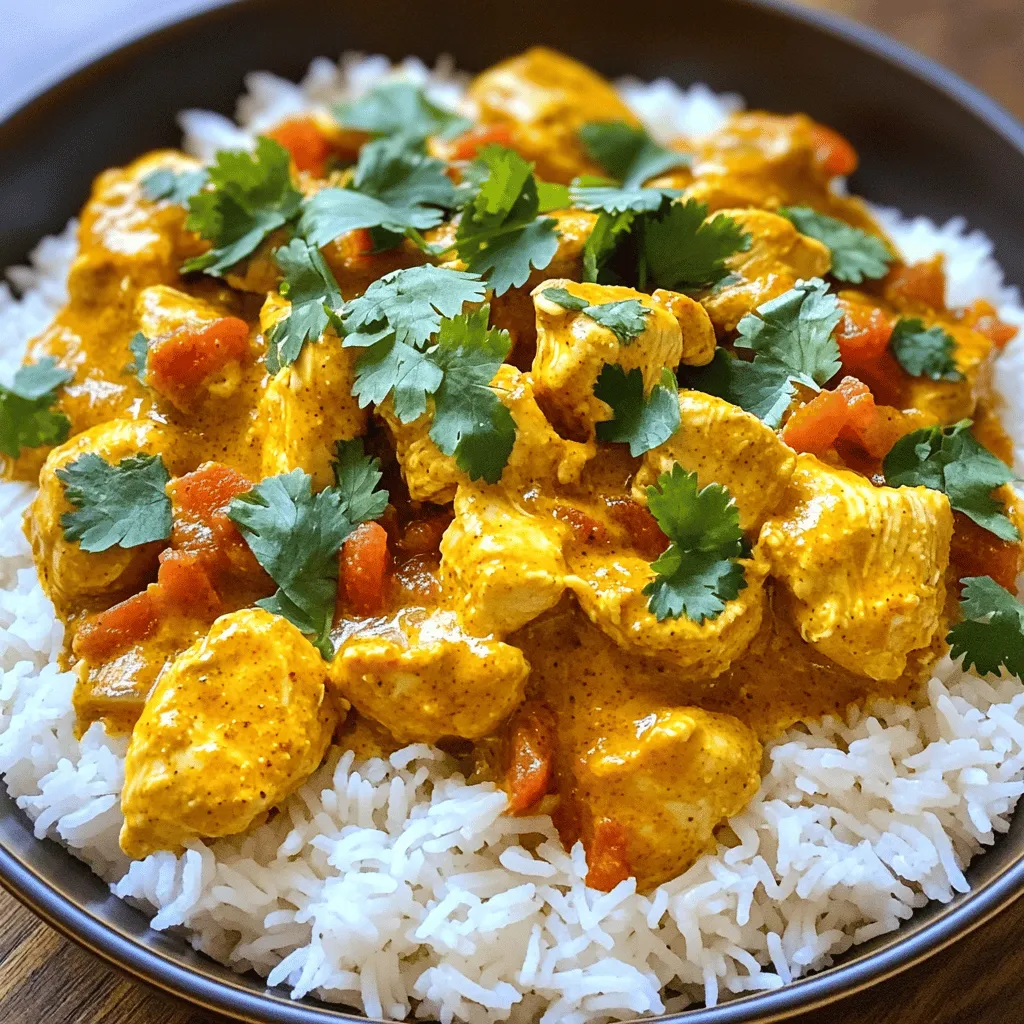 - 1.5 lbs boneless, skinless chicken thighs - 1 cup plain Greek yogurt - 2 tablespoons garam masala - 1 can (14 oz) crushed tomatoes - 1 cup coconut milk - 1 tablespoon ground cumin - 1 tablespoon turmeric - 1 tablespoon paprika - 1 teaspoon salt - 1/2 teaspoon black pepper - 2 tablespoons vegetable oil - 1 medium onion - 4 cloves garlic - Fresh ginger - Fresh cilantro for garnish Gathering the right ingredients is key for a great Chicken Tikka Masala. You will want to use boneless, skinless chicken thighs. They cook well and stay juicy. Greek yogurt adds creaminess and helps with marination. Garam masala is the star spice here, bringing warmth and depth. Crushed tomatoes and coconut milk create a rich sauce. For spices, ground cumin adds earthiness while turmeric gives color. Paprika adds a subtle heat. Don’t forget salt and black pepper; they enhance all the flavors. You’ll also need vegetable oil for sautéing. Onions, garlic, and fresh ginger add aromatic notes. Finally, cilantro brightens the dish when you garnish it. For the full recipe, check out the linked section. Enjoy your cooking! - Start with 1.5 lbs of boneless, skinless chicken thighs. Cut them into bite-sized pieces. - In a large bowl, mix the chicken with 1 cup of plain Greek yogurt. - Add 2 tablespoons of garam masala, 1 tablespoon of ground cumin, 1 tablespoon of turmeric, 1 tablespoon of paprika, 1 teaspoon of salt, and 1/2 teaspoon of black pepper. - Make sure each piece is coated well. - Let this sit for at least 30 minutes. You can also refrigerate it overnight for deeper flavor. - Turn your Instant Pot to Sauté mode. - Once it heats up, pour in 2 tablespoons of vegetable oil. - Add 1 medium onion, finely chopped, and sauté for 3-5 minutes. Stir until it’s soft. - Next, add 4 cloves of minced garlic and 1 inch of grated ginger. Cook for another minute. You’ll notice a nice aroma. - Now, carefully add the marinated chicken with all the marinade into the pot. - Pour in 1 can of crushed tomatoes and 1 cup of coconut milk. Stir the mixture well. - Secure the Instant Pot lid and make sure the vent is sealed. - Set to Pressure Cook on high for 10 minutes. - After cooking, let the pressure release naturally for 5 minutes. Then, do a quick release for any remaining pressure. - When you open the lid, stir the Chicken Tikka Masala to blend the flavors. - Taste it and adjust the seasoning if needed. If you want a thicker sauce, switch back to Sauté mode for 5-10 minutes. - Serve hot, garnished with fresh cilantro over basmati rice or with warm naan bread. For the complete instructions, check the full recipe. - For the best flavor, marinate the chicken for at least 30 minutes. - You can let it sit at room temperature or refrigerate it overnight. - Refrigeration yields stronger flavors over time. - Use the sauté feature to cook onions, garlic, and ginger first. - Then switch to pressure cook mode for the chicken. - I recommend letting the pressure release naturally for five minutes. - After that, you can do a quick release for the rest. - Always taste your dish before serving. - Adjust seasoning with salt or spices as needed. - If the sauce is too thin, switch back to sauté mode. - Let it simmer for 5-10 minutes to thicken it up. {{image_4}} You can easily make a vegan version of Chicken Tikka Masala. First, substitute the chicken with tofu. Use firm tofu, press it to remove excess water, and cut it into cubes. This gives a nice texture that absorbs flavors well. Next, replace the Greek yogurt with dairy-free yogurt. Coconut yogurt works great here, adding a creamy feel. Want to change the spice level? You can make it milder or spicier. To reduce heat, skip the black pepper and use less garam masala. For a spicier dish, add more cayenne pepper or fresh chili peppers. A great tip is to taste as you cook. This way, you can find the right balance for your palate. Chicken Tikka Masala pairs well with many sides. Serve it over fluffy basmati rice or with warm naan bread for a classic touch. You can also add a side of cucumber salad or pickled onions for a refreshing contrast. For a fun twist, try serving it with roasted vegetables or a quinoa salad. These sides add color and flavor to your plate. To store leftovers, let the Chicken Tikka Masala cool first. Once cooled, place it in an airtight container. This keeps it fresh and safe. The expected shelf life in the fridge is about 3 to 4 days. You can freeze Chicken Tikka Masala for later use. To do this, place it in a freezer-safe container. Leave some space at the top as it expands when frozen. For best results, consume it within 2 to 3 months. When you are ready to eat, defrost it in the fridge overnight. This keeps the taste and texture nice. For the best texture and flavor, reheat in a pot on low heat. Stir it often to prevent sticking. You can also use the microwave; just cover your dish to keep moisture in. Avoid overcooking by heating in short bursts. Check and stir every minute until it’s warm. Enjoy your meal without losing its yummy taste! Chicken Tikka Masala is a popular Indian dish. It features marinated chicken pieces cooked in a rich, spiced tomato sauce. The dish has roots in Indian and British cuisine. It blends flavors from both cultures, making it unique and delicious. To make Chicken Tikka Masala in an Instant Pot, follow these steps: 1. Marinate the chicken: Mix chicken with yogurt and spices. Let it sit for at least 30 minutes. 2. Sauté aromatics: Heat oil in the Instant Pot. Add chopped onion, garlic, and ginger. Cook until soft. 3. Add chicken: Stir in marinated chicken with the marinade. 4. Add sauce: Pour in crushed tomatoes and coconut milk. Mix well. 5. Pressure cook: Seal the lid and set to cook on high for 10 minutes. 6. Release pressure: Let it release naturally for 5 minutes, then do a quick release. 7. Adjust consistency: If needed, simmer for 5-10 minutes to thicken the sauce. 8. Serve hot: Garnish with cilantro and enjoy with rice or naan. These steps ensure a tasty and quick meal. You can find the full recipe for more details on measurements and cooking times. Yes, you can use chicken breast. Chicken thighs are juicier and more tender. They also hold up better in the cooking process. Breast meat can dry out faster, so be cautious with cooking time. If you choose to use breasts, consider reducing the cooking time slightly. It takes about 40 minutes to prepare and cook Chicken Tikka Masala. Here’s a quick breakdown: - Preparation time: 30 minutes for marinating. - Cooking time: 10 minutes in the Instant Pot. - Pressure release time: About 5 minutes. Chicken Tikka Masala pairs well with several sides: - Basmati rice: Fluffy rice complements the rich sauce. - Naan bread: Perfect for scooping up the sauce. - Raita: A cooling yogurt dip balances the spices. - Vegetable curry: Adds variety and flavor to your meal. These sides enhance your dining experience and make it more authentic. In this blog post, we covered how to make Chicken Tikka Masala step-by-step. From marinating the chicken to using an Instant Pot, each step helps you create a delicious dish. We also explored variations, storage tips, and FAQs to guide you. Now, it's your turn to try this recipe. Enjoy the rich flavors and make it your own. Cooking can be fun and rewarding, so don’t hesitate to experiment! Your taste buds will thank you.