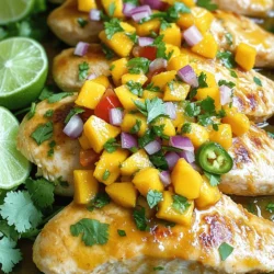 - 4 boneless, skinless chicken breasts - 1 ripe mango, diced into small cubes - 1 small red onion, finely chopped - 1 red bell pepper, diced - 1 jalapeño, deseeded and minced to taste - 2 tablespoons fresh cilantro, chopped - 2 tablespoons fresh lime juice - 1 tablespoon extra virgin olive oil When I make Mango Salsa Chicken, I love using fresh, ripe ingredients. The chicken breasts are the heart of the dish. They soak up all the flavor from the salsa. The mango adds a sweet touch that pairs well with the spices. Red onion and red bell pepper bring in color and crunch. Jalapeño gives it a bit of heat, but you can adjust this to your taste. Fresh cilantro brightens the dish, while lime juice adds a zesty kick. Olive oil helps cook the chicken to a perfect golden brown. - Salt - Black pepper - Ground cumin - Garlic powder For seasoning, I use simple ingredients. Salt and black pepper bring out the natural flavors of the chicken. Ground cumin adds warmth and depth. Garlic powder gives a nice aroma and taste. These spices blend well, making the chicken savory and flavorful. - Extra cilantro leaves - Lime wedges Garnishing the dish makes it more appealing. I often add extra cilantro leaves on top for freshness. Lime wedges not only look great but also let diners add more zing to their meal. You can also serve it with rice or tortillas for a complete feast. For the full recipe, check out [Full Recipe]. To make the mango salsa, start with a medium bowl. Combine diced mango, red onion, bell pepper, jalapeño, cilantro, and lime juice. Mix them gently but well. The flavors will blend beautifully. Let this sit for a few minutes. This marinating time allows the ingredients to soak in each other's taste. Next, grab a separate bowl for the chicken. Mix salt, black pepper, cumin, and garlic powder. Take the chicken breasts and rub the seasoning onto them. Make sure every piece is covered. This step adds great flavor to the chicken. Now it’s time to cook. Heat olive oil in a large skillet over medium-high heat. When the oil is hot, place the seasoned chicken breasts in the skillet. Cook for about 5-6 minutes per side. To ensure it’s done, check the internal temperature. It should reach 165°F (75°C). This is key for safe and tasty chicken. For the full recipe, refer to the earlier sections. Enjoy your delicious Mango Salsa Chicken! To boost the taste, you should marinate the chicken. This step allows the flavors to soak in. Use lime juice, salt, and spices for an extra kick. You can also play with different herbs. Try fresh basil or mint for a twist. These can change the dish's taste in fun ways. You can cook the chicken on a grill or in a skillet. Grilling gives a smoky flavor. Skillet cooking allows for easy seasoning control. No matter the method, resting the chicken is key. Letting it sit for a few minutes helps keep it juicy. This step makes a big difference in texture and flavor. Plating the dish well makes it more inviting. Arrange the sliced chicken on a plate. Spoon the mango salsa over the top. Add extra cilantro as a garnish for color. Serve with lime wedges for a zesty touch. This makes the meal look vibrant and appetizing. You can find the full recipe to guide you through these steps. {{image_4}} You can make Mango Salsa Chicken gluten-free easily. Just ensure the spices you use are gluten-free. Most seasonings are safe, but always check the labels. For a low-sodium diet, cut back on salt. You can use herbs and spices to add flavor without adding salt. To spice things up, try adding pineapple or avocado to the salsa. Pineapple gives a sweet twist, while avocado adds creaminess. You can also switch up the heat. Use different chili peppers based on your taste. For mild, try a poblano. For more heat, use a serrano pepper instead of jalapeño. You can bake the chicken instead of using the stovetop. Preheat your oven to 375°F (190°C). Place the seasoned chicken on a baking sheet and cook for about 25-30 minutes. Use a meat thermometer to check for doneness. Another option is to use a slow cooker. Just place the chicken and salsa ingredients in the cooker. Cook on low for 6-8 hours or high for 3-4 hours until the chicken is tender. A pressure cooker is also a great choice. Cook on high pressure for about 10 minutes, then let it release naturally. These variations keep the dish fresh and exciting! For more details, check out the Full Recipe. To store leftovers, let the chicken cool first. Place it in an airtight container. Make sure to add the mango salsa in a separate container to keep it fresh. I like using glass containers because they are safe and easy to clean. You can store the chicken and salsa in the fridge for up to three days. If you want to freeze the chicken and salsa, wrap the chicken tightly in plastic wrap. Then, place it in a freezer-safe bag or container. Salsa can also freeze well in a separate container. When you are ready to eat, thaw the chicken overnight in the fridge. For reheating, cook it in a skillet or oven until it reaches 165°F (75°C). The salsa can be thawed in the fridge too. Just stir it well before serving. In the fridge, the chicken and salsa last about three days. In the freezer, the chicken can stay good for up to four months. Salsa can last about three months in the freezer. Always check for any signs of spoilage before eating. Enjoy your tasty Mango Salsa Chicken! You can serve Mango Salsa Chicken with many side dishes. Here are some great options: - Rice: White or brown rice pairs well with the dish. - Quinoa: A healthy, protein-packed choice. - Salad: A fresh green salad adds crunch and color. - Tortillas: Warm tortillas make a fun addition. - Grilled veggies: Zucchini and bell peppers complement the flavors nicely. These sides enhance the meal and add variety. Yes, you can prepare Mango Salsa Chicken ahead of time. This makes meal prep easy. Here are some tips: - Chicken: Season and marinate the chicken early. Store it in the fridge for up to 24 hours. - Salsa: You can make the mango salsa a day in advance. Keep it in an airtight container in the fridge. - Cooking: Just cook the chicken when you're ready to eat. This keeps it fresh and tasty. Planning ahead makes life easier and saves time. To ensure your chicken is fully cooked, check the internal temperature. It should reach 165°F (75°C). You can use a meat thermometer for accuracy. Here are some signs of doneness: - The juices should run clear when you cut into it. - The meat should no longer be pink inside. - It should feel firm to the touch. Following these tips will help you serve safe and delicious chicken. Mango Salsa Chicken is a vibrant dish filled with fresh flavors. We covered the main ingredients, like chicken and mango, and key seasonings for tasty results. Cooking instructions guide you through each step, ensuring perfect chicken every time. I shared tips to enhance flavor and offered variations to fit your diet. Proper storage methods help you enjoy leftovers safely. Try this recipe to impress your family or friends. It's simple, fun, and full of taste!
