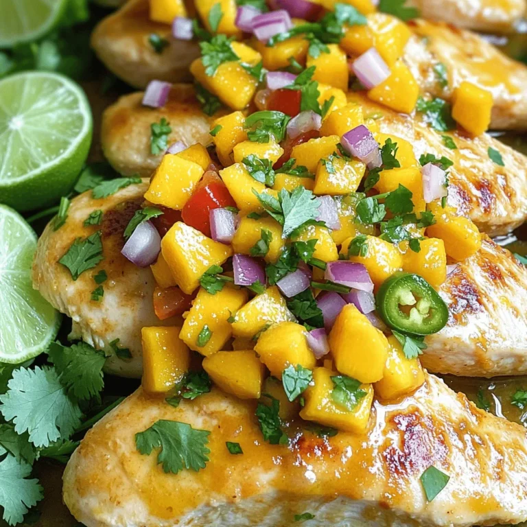 - 4 boneless, skinless chicken breasts - 1 ripe mango, diced into small cubes - 1 small red onion, finely chopped - 1 red bell pepper, diced - 1 jalapeño, deseeded and minced to taste - 2 tablespoons fresh cilantro, chopped - 2 tablespoons fresh lime juice - 1 tablespoon extra virgin olive oil When I make Mango Salsa Chicken, I love using fresh, ripe ingredients. The chicken breasts are the heart of the dish. They soak up all the flavor from the salsa. The mango adds a sweet touch that pairs well with the spices. Red onion and red bell pepper bring in color and crunch. Jalapeño gives it a bit of heat, but you can adjust this to your taste. Fresh cilantro brightens the dish, while lime juice adds a zesty kick. Olive oil helps cook the chicken to a perfect golden brown. - Salt - Black pepper - Ground cumin - Garlic powder For seasoning, I use simple ingredients. Salt and black pepper bring out the natural flavors of the chicken. Ground cumin adds warmth and depth. Garlic powder gives a nice aroma and taste. These spices blend well, making the chicken savory and flavorful. - Extra cilantro leaves - Lime wedges Garnishing the dish makes it more appealing. I often add extra cilantro leaves on top for freshness. Lime wedges not only look great but also let diners add more zing to their meal. You can also serve it with rice or tortillas for a complete feast. For the full recipe, check out [Full Recipe]. To make the mango salsa, start with a medium bowl. Combine diced mango, red onion, bell pepper, jalapeño, cilantro, and lime juice. Mix them gently but well. The flavors will blend beautifully. Let this sit for a few minutes. This marinating time allows the ingredients to soak in each other's taste. Next, grab a separate bowl for the chicken. Mix salt, black pepper, cumin, and garlic powder. Take the chicken breasts and rub the seasoning onto them. Make sure every piece is covered. This step adds great flavor to the chicken. Now it’s time to cook. Heat olive oil in a large skillet over medium-high heat. When the oil is hot, place the seasoned chicken breasts in the skillet. Cook for about 5-6 minutes per side. To ensure it’s done, check the internal temperature. It should reach 165°F (75°C). This is key for safe and tasty chicken. For the full recipe, refer to the earlier sections. Enjoy your delicious Mango Salsa Chicken! To boost the taste, you should marinate the chicken. This step allows the flavors to soak in. Use lime juice, salt, and spices for an extra kick. You can also play with different herbs. Try fresh basil or mint for a twist. These can change the dish's taste in fun ways. You can cook the chicken on a grill or in a skillet. Grilling gives a smoky flavor. Skillet cooking allows for easy seasoning control. No matter the method, resting the chicken is key. Letting it sit for a few minutes helps keep it juicy. This step makes a big difference in texture and flavor. Plating the dish well makes it more inviting. Arrange the sliced chicken on a plate. Spoon the mango salsa over the top. Add extra cilantro as a garnish for color. Serve with lime wedges for a zesty touch. This makes the meal look vibrant and appetizing. You can find the full recipe to guide you through these steps. {{image_4}} You can make Mango Salsa Chicken gluten-free easily. Just ensure the spices you use are gluten-free. Most seasonings are safe, but always check the labels. For a low-sodium diet, cut back on salt. You can use herbs and spices to add flavor without adding salt. To spice things up, try adding pineapple or avocado to the salsa. Pineapple gives a sweet twist, while avocado adds creaminess. You can also switch up the heat. Use different chili peppers based on your taste. For mild, try a poblano. For more heat, use a serrano pepper instead of jalapeño. You can bake the chicken instead of using the stovetop. Preheat your oven to 375°F (190°C). Place the seasoned chicken on a baking sheet and cook for about 25-30 minutes. Use a meat thermometer to check for doneness. Another option is to use a slow cooker. Just place the chicken and salsa ingredients in the cooker. Cook on low for 6-8 hours or high for 3-4 hours until the chicken is tender. A pressure cooker is also a great choice. Cook on high pressure for about 10 minutes, then let it release naturally. These variations keep the dish fresh and exciting! For more details, check out the Full Recipe. To store leftovers, let the chicken cool first. Place it in an airtight container. Make sure to add the mango salsa in a separate container to keep it fresh. I like using glass containers because they are safe and easy to clean. You can store the chicken and salsa in the fridge for up to three days. If you want to freeze the chicken and salsa, wrap the chicken tightly in plastic wrap. Then, place it in a freezer-safe bag or container. Salsa can also freeze well in a separate container. When you are ready to eat, thaw the chicken overnight in the fridge. For reheating, cook it in a skillet or oven until it reaches 165°F (75°C). The salsa can be thawed in the fridge too. Just stir it well before serving. In the fridge, the chicken and salsa last about three days. In the freezer, the chicken can stay good for up to four months. Salsa can last about three months in the freezer. Always check for any signs of spoilage before eating. Enjoy your tasty Mango Salsa Chicken! You can serve Mango Salsa Chicken with many side dishes. Here are some great options: - Rice: White or brown rice pairs well with the dish. - Quinoa: A healthy, protein-packed choice. - Salad: A fresh green salad adds crunch and color. - Tortillas: Warm tortillas make a fun addition. - Grilled veggies: Zucchini and bell peppers complement the flavors nicely. These sides enhance the meal and add variety. Yes, you can prepare Mango Salsa Chicken ahead of time. This makes meal prep easy. Here are some tips: - Chicken: Season and marinate the chicken early. Store it in the fridge for up to 24 hours. - Salsa: You can make the mango salsa a day in advance. Keep it in an airtight container in the fridge. - Cooking: Just cook the chicken when you're ready to eat. This keeps it fresh and tasty. Planning ahead makes life easier and saves time. To ensure your chicken is fully cooked, check the internal temperature. It should reach 165°F (75°C). You can use a meat thermometer for accuracy. Here are some signs of doneness: - The juices should run clear when you cut into it. - The meat should no longer be pink inside. - It should feel firm to the touch. Following these tips will help you serve safe and delicious chicken. Mango Salsa Chicken is a vibrant dish filled with fresh flavors. We covered the main ingredients, like chicken and mango, and key seasonings for tasty results. Cooking instructions guide you through each step, ensuring perfect chicken every time. I shared tips to enhance flavor and offered variations to fit your diet. Proper storage methods help you enjoy leftovers safely. Try this recipe to impress your family or friends. It's simple, fun, and full of taste!