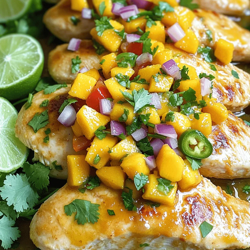- 4 boneless, skinless chicken breasts - 1 ripe mango, diced into small cubes - 1 small red onion, finely chopped - 1 red bell pepper, diced - 1 jalapeño, deseeded and minced to taste - 2 tablespoons fresh cilantro, chopped - 2 tablespoons fresh lime juice - 1 tablespoon extra virgin olive oil When I make Mango Salsa Chicken, I love using fresh, ripe ingredients. The chicken breasts are the heart of the dish. They soak up all the flavor from the salsa. The mango adds a sweet touch that pairs well with the spices. Red onion and red bell pepper bring in color and crunch. Jalapeño gives it a bit of heat, but you can adjust this to your taste. Fresh cilantro brightens the dish, while lime juice adds a zesty kick. Olive oil helps cook the chicken to a perfect golden brown. - Salt - Black pepper - Ground cumin - Garlic powder For seasoning, I use simple ingredients. Salt and black pepper bring out the natural flavors of the chicken. Ground cumin adds warmth and depth. Garlic powder gives a nice aroma and taste. These spices blend well, making the chicken savory and flavorful. - Extra cilantro leaves - Lime wedges Garnishing the dish makes it more appealing. I often add extra cilantro leaves on top for freshness. Lime wedges not only look great but also let diners add more zing to their meal. You can also serve it with rice or tortillas for a complete feast. For the full recipe, check out [Full Recipe]. To make the mango salsa, start with a medium bowl. Combine diced mango, red onion, bell pepper, jalapeño, cilantro, and lime juice. Mix them gently but well. The flavors will blend beautifully. Let this sit for a few minutes. This marinating time allows the ingredients to soak in each other's taste. Next, grab a separate bowl for the chicken. Mix salt, black pepper, cumin, and garlic powder. Take the chicken breasts and rub the seasoning onto them. Make sure every piece is covered. This step adds great flavor to the chicken. Now it’s time to cook. Heat olive oil in a large skillet over medium-high heat. When the oil is hot, place the seasoned chicken breasts in the skillet. Cook for about 5-6 minutes per side. To ensure it’s done, check the internal temperature. It should reach 165°F (75°C). This is key for safe and tasty chicken. For the full recipe, refer to the earlier sections. Enjoy your delicious Mango Salsa Chicken! To boost the taste, you should marinate the chicken. This step allows the flavors to soak in. Use lime juice, salt, and spices for an extra kick. You can also play with different herbs. Try fresh basil or mint for a twist. These can change the dish's taste in fun ways. You can cook the chicken on a grill or in a skillet. Grilling gives a smoky flavor. Skillet cooking allows for easy seasoning control. No matter the method, resting the chicken is key. Letting it sit for a few minutes helps keep it juicy. This step makes a big difference in texture and flavor. Plating the dish well makes it more inviting. Arrange the sliced chicken on a plate. Spoon the mango salsa over the top. Add extra cilantro as a garnish for color. Serve with lime wedges for a zesty touch. This makes the meal look vibrant and appetizing. You can find the full recipe to guide you through these steps. {{image_4}} You can make Mango Salsa Chicken gluten-free easily. Just ensure the spices you use are gluten-free. Most seasonings are safe, but always check the labels. For a low-sodium diet, cut back on salt. You can use herbs and spices to add flavor without adding salt. To spice things up, try adding pineapple or avocado to the salsa. Pineapple gives a sweet twist, while avocado adds creaminess. You can also switch up the heat. Use different chili peppers based on your taste. For mild, try a poblano. For more heat, use a serrano pepper instead of jalapeño. You can bake the chicken instead of using the stovetop. Preheat your oven to 375°F (190°C). Place the seasoned chicken on a baking sheet and cook for about 25-30 minutes. Use a meat thermometer to check for doneness. Another option is to use a slow cooker. Just place the chicken and salsa ingredients in the cooker. Cook on low for 6-8 hours or high for 3-4 hours until the chicken is tender. A pressure cooker is also a great choice. Cook on high pressure for about 10 minutes, then let it release naturally. These variations keep the dish fresh and exciting! For more details, check out the Full Recipe. To store leftovers, let the chicken cool first. Place it in an airtight container. Make sure to add the mango salsa in a separate container to keep it fresh. I like using glass containers because they are safe and easy to clean. You can store the chicken and salsa in the fridge for up to three days. If you want to freeze the chicken and salsa, wrap the chicken tightly in plastic wrap. Then, place it in a freezer-safe bag or container. Salsa can also freeze well in a separate container. When you are ready to eat, thaw the chicken overnight in the fridge. For reheating, cook it in a skillet or oven until it reaches 165°F (75°C). The salsa can be thawed in the fridge too. Just stir it well before serving. In the fridge, the chicken and salsa last about three days. In the freezer, the chicken can stay good for up to four months. Salsa can last about three months in the freezer. Always check for any signs of spoilage before eating. Enjoy your tasty Mango Salsa Chicken! You can serve Mango Salsa Chicken with many side dishes. Here are some great options: - Rice: White or brown rice pairs well with the dish. - Quinoa: A healthy, protein-packed choice. - Salad: A fresh green salad adds crunch and color. - Tortillas: Warm tortillas make a fun addition. - Grilled veggies: Zucchini and bell peppers complement the flavors nicely. These sides enhance the meal and add variety. Yes, you can prepare Mango Salsa Chicken ahead of time. This makes meal prep easy. Here are some tips: - Chicken: Season and marinate the chicken early. Store it in the fridge for up to 24 hours. - Salsa: You can make the mango salsa a day in advance. Keep it in an airtight container in the fridge. - Cooking: Just cook the chicken when you're ready to eat. This keeps it fresh and tasty. Planning ahead makes life easier and saves time. To ensure your chicken is fully cooked, check the internal temperature. It should reach 165°F (75°C). You can use a meat thermometer for accuracy. Here are some signs of doneness: - The juices should run clear when you cut into it. - The meat should no longer be pink inside. - It should feel firm to the touch. Following these tips will help you serve safe and delicious chicken. Mango Salsa Chicken is a vibrant dish filled with fresh flavors. We covered the main ingredients, like chicken and mango, and key seasonings for tasty results. Cooking instructions guide you through each step, ensuring perfect chicken every time. I shared tips to enhance flavor and offered variations to fit your diet. Proper storage methods help you enjoy leftovers safely. Try this recipe to impress your family or friends. It's simple, fun, and full of taste!