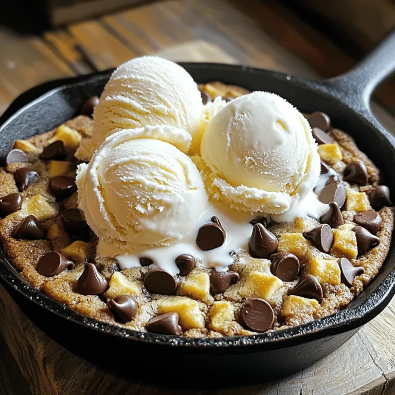 To make this warm and gooey dessert, you need key ingredients. Here’s what you’ll gather: - 1 cup all-purpose flour - 1/2 teaspoon baking soda - 1/4 teaspoon fine sea salt - 1/2 cup unsalted butter, softened - 1/2 cup packed light brown sugar - 1/4 cup granulated sugar - 1 teaspoon pure vanilla extract - 1 large egg - 1 cup semi-sweet chocolate chips These items create the base of your cookie skillet, giving it that rich taste and texture. You can mix things up with these optional ingredients: - 1/2 cup chopped nuts (like walnuts, pecans, or hazelnuts) - Vanilla ice cream, for serving Adding nuts brings a nice crunch. Ice cream on top makes it a true treat! If you’re missing an ingredient, don’t worry! Here are some easy swaps: - Use coconut oil instead of unsalted butter for a dairy-free option. - Substitute brown sugar with more granulated sugar for a lighter flavor. - Try gluten-free flour instead of all-purpose flour for a gluten-free version. These substitutions keep your cookie skillet delicious while meeting your needs. Happy baking! First, you need to preheat your oven to 350°F (175°C). This step is key, as it gets the oven ready for baking. While it heats, grab a 10-inch cast-iron skillet or an oven-safe dish. Lightly grease it with butter or non-stick spray. This helps the cookie come out easily after it bakes. Next, gather your dry ingredients. In a medium bowl, whisk together 1 cup of all-purpose flour, 1/2 teaspoon of baking soda, and 1/4 teaspoon of fine sea salt. Set this bowl aside. In a large bowl, mix 1/2 cup of softened unsalted butter with 1/2 cup of packed light brown sugar and 1/4 cup of granulated sugar. Beat this mixture until it is creamy and light, about 2-3 minutes. Then, add 1 teaspoon of pure vanilla extract and 1 large egg. Mix until smooth. Now, gently add the dry ingredients to the butter-sugar mix. Be careful not to over mix! Finally, fold in 1 cup of semi-sweet chocolate chips and, if you like, 1/2 cup of chopped nuts. Now it's time to bake! Spread the cookie dough evenly in your greased skillet. Place the skillet in your preheated oven and bake for 25-30 minutes. Keep an eye on it. The edges should turn golden brown, while the center stays soft. After baking, let the cookie cool for 5-10 minutes. This lets the flavors develop and helps with slicing. Finally, cut the warm cookie into wedges and serve with creamy vanilla ice cream on top. Enjoy your delicious dessert! To get the right texture, you want a soft, chewy center with crisp edges. Start by using room-temperature butter. This helps the sugars blend well and gives a nice rise. Avoid over-mixing when you add the dry ingredients. Mixing just until combined keeps the cookie light. If you like a thicker cookie, chill the dough for an hour before baking. This helps it hold its shape. Baking time is key for the perfect cookie skillet. I recommend checking it around the 25-minute mark. The edges should look golden while the center remains soft. If the center looks too wet, give it a few more minutes. Remember, it will continue to firm up after you take it out of the oven. Don’t let it bake too long; you want that gooey goodness! Garnishing makes your dessert extra special. Once your cookie is out of the oven, let it cool for a few minutes. Top it with a scoop of vanilla ice cream for a warm and cold contrast. You can also sprinkle some chocolate chips or chopped nuts on top. Drizzling hot fudge or caramel sauce adds a fun touch. Use a few mint leaves for color, and you have a stunning dessert ready to impress! {{image_4}} You can change up your chocolate chip cookie skillet in fun ways. Try different types of chocolate chips. Use dark chocolate, white chocolate, or even peanut butter chips. You can also add dried fruit. Chopped dried cherries or cranberries work well. Nuts add a nice crunch. Try walnuts, pecans, or hazelnuts. If you want a twist, mix in a bit of espresso powder. This gives your cookie a rich coffee flavor. You can also add spices like cinnamon or nutmeg for a warm touch. If you need a gluten-free option, swap regular flour for almond flour or a gluten-free blend. Make sure to check for safe brands that work well in baking. For a vegan cookie, use a flax egg instead of a real egg. Mix one tablespoon of ground flaxseed with three tablespoons of water. Let it sit for five minutes to thicken. Use vegan butter to replace the regular butter. This keeps your dessert tasty and animal-friendly. Serve your cookie warm straight from the skillet. Top it with a scoop of vanilla ice cream. The cold ice cream melts into the warm cookie, creating a great mix of flavors. You can also drizzle chocolate or caramel sauce over the top. For a fun twist, add fresh berries or a sprinkle of sea salt for flavor contrast. Slice it into wedges or let everyone dig in with spoons. Enjoy the gooey, warm goodness with friends and family. This dessert is sure to impress! For full details on making this delicious treat, check out the Full Recipe. To store leftover cookie, let it cool first. Cover the skillet with plastic wrap or foil. You can also transfer the cookie to an airtight container. It stays fresh for about three days at room temperature. For reheating, preheat your oven to 350°F (175°C). Place the cookie in the oven for about 10 minutes. This method keeps the cookie warm and gooey. If you're in a hurry, use a microwave. Heat it for 15-20 seconds for a quick warm-up. To freeze cookie, cut it into slices first. Wrap each slice in plastic wrap. Place the wrapped slices into a freezer bag. They can last up to three months in the freezer. When you're ready, just thaw and reheat for a sweet treat anytime! For this cookie skillet, I recommend using a cast-iron skillet. Cast iron heats evenly and gives a nice crust. You can also use an oven-safe deep dish if you don't have a skillet. Just make sure it is safe for oven use. Check the edges of the cookie. They should look golden brown. The center will be soft but not raw. A toothpick can help too. If it comes out with some crumbs, your cookie is ready. Remember, it will firm up as it cools. Yes, you can! Prepare the dough and store it in the fridge. Just let it sit for about 30 minutes before baking. You can also bake the cookie and store it in an airtight container. Enjoy it warm later. For more details, check out the Full Recipe. This blog post covered how to make a delicious chocolate chip cookie skillet. We explored key ingredients to use, along with options for customization and substitutions. The step-by-step instructions guide you through the mixing and baking process. Tips for perfecting the texture and presentation enhance your baking skills. We also discussed flavor variations, dietary adjustments, and storage methods. Enjoy making this tasty dessert! You can easily share it with friends. Keep experimenting to find your perfect version. Happy baking!