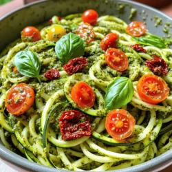 - 4 medium zucchini - Salt and pepper to taste Zucchini is the star of this dish. It has a mild taste and a great texture. When you spiralize it, you get fun, long noodles. This makes it a healthy alternative to pasta. Remember to choose firm zucchini for the best results. - 1 cup fresh basil leaves - 1/4 cup pine nuts (or walnuts) - 1/2 cup grated Parmesan cheese - 2 cloves garlic, minced - 1/3 cup extra virgin olive oil Pesto gives your noodles a burst of flavor. Fresh basil is key, along with the nuts and cheese. Garlic adds a nice kick, while olive oil makes it smooth. You can use walnuts if you prefer a different taste. - 1/2 cup sun-dried tomatoes, chopped - Cherry tomatoes, halved, for garnish - Extra fresh basil leaves for garnish Garnishes can make your dish pop. Sun-dried tomatoes add a sweet, tangy flavor. Cherry tomatoes give a fresh bite. Extra basil leaves on top make everything look pretty. Enjoy these toppings to enhance your meal! For the complete recipe, check out the Full Recipe section. To make zucchini noodles, start by spiralizing the zucchini. You can use a spiralizer or a vegetable peeler for thin ribbons. After spiralizing, place the noodles in a colander. Let them drain for about 10 minutes. This step helps remove excess moisture, so they don’t get soggy when cooked. Next, let’s prepare the pesto. In a food processor, add fresh basil leaves, pine nuts, grated Parmesan cheese, and minced garlic. Sprinkle in a pinch of salt and pepper. Pulse the mixture a few times until it is finely chopped. With the processor running, slowly drizzle in the olive oil. Keep mixing until the pesto is smooth and creamy. Taste it and adjust salt and pepper if needed. Now, heat 1 tablespoon of olive oil in a large skillet over medium heat. Once the oil is hot, add the zucchini noodles. Sauté them for about 2-3 minutes. Stir gently until they are tender but still crisp. Remove the skillet from heat, then stir in the pesto and chopped sun-dried tomatoes. Toss the noodles until they are well coated in the sauce. Serve the zucchini noodles in bowls. Garnish with halved cherry tomatoes and extra basil leaves for added color and flavor. For the full recipe, check out the Zesty Zucchini Noodles with Pesto and Sun-Dried Tomatoes. To make great zucchini noodles, start with firm zucchini. Choose medium-sized ones. Avoid large zucchinis, as they can be watery. Use a spiralizer for best results. If you lack one, a vegetable peeler works too. Cut thin ribbons for a noodle-like shape. After spiralizing, place the noodles in a colander. Let them drain for about 10 minutes. This step removes extra moisture, preventing sogginess in your dish. For a vibrant pesto, fresh basil is key. Use young leaves for a bright taste. Pine nuts add a rich, buttery flavor. If you want a twist, try walnuts. They give a slightly different taste but still work well. When blending, pulse the ingredients just enough. You want a coarse texture, not a paste. Gradually add olive oil while blending. This method helps achieve a creamy consistency. Lastly, taste and adjust seasoning with salt and pepper. A bit of lemon juice can also brighten the flavor. Serve the zucchini noodles in big, colorful bowls. This makes the dish look inviting. Garnish with halved cherry tomatoes for a pop of color. Fresh basil leaves add a lovely aroma. For extra crunch, sprinkle more nuts on top. Drizzle a bit more pesto for added flavor and presentation. Enjoy your dish while it’s warm for the best taste. For more details, check out the Full Recipe for Zesty Zucchini Noodles with Pesto and Sun-Dried Tomatoes. {{image_4}} You can change up your zucchini noodles with other veggies. Carrots make a bright, sweet twist. Try cucumbers for a refreshing crunch. Sweet potatoes add a hearty taste. You can even mix in bell peppers for color and flavor. Pine nuts are classic in pesto, but you can switch it up. Walnuts give a richer, earthier taste. Cashews add creaminess, while almonds bring a nice crunch. Feel free to experiment and find your favorite blend. Serve zucchini noodles with grilled chicken or shrimp for protein. You can also add a sprinkle of red pepper flakes for heat. Try a squeeze of lemon juice for brightness. Pair it with a crisp salad to round out the meal. For more ideas, check the full recipe. To store your zucchini noodles with pesto, place them in an airtight container. This keeps them fresh for up to three days in the fridge. Make sure to let them cool before sealing. If you want to keep your noodles crisp, store the pesto separately. This way, they won’t get soggy. When you are ready to eat your leftovers, gently reheat them. Use a skillet on low heat. Add a splash of olive oil to help them warm up nicely. Stir for about 2-3 minutes until heated through. Avoid using the microwave, as it can make the noodles mushy. You can freeze zucchini noodles, but they change texture when thawed. If you choose to freeze, lay them flat in a freezer bag. Remove as much air as possible. They can last up to three months in the freezer. For pesto, freeze it in ice cube trays. Once frozen, transfer the cubes to a bag. This way, you can use small amounts as needed. Yes, you can make zucchini noodles without a spiralizer. A vegetable peeler works great for this. Just peel long strips from the zucchini to create thin ribbons. You can also use a knife to cut the zucchini into thin slices or julienne strips. Both methods give you tasty noodles without needing special tools. Zucchini noodles last about 2 to 3 days in the fridge. Store them in an airtight container to keep them fresh. If you notice any water, drain it before eating. For best taste and texture, eat them sooner rather than later. If you don’t have Parmesan cheese, you can use nutritional yeast for a dairy-free option. It gives a similar flavor without the cheese. You can also try other hard cheeses like Pecorino Romano. Just remember, the taste may change a bit, but it will still be delicious. Zucchini noodles are fresh and fun, made easy with tasty pesto. You learned how to prepare the noodles and mix them with sauce. I shared tips for perfecting your dish and ways to add your favorite veggies. Remember to store any leftovers properly, so they stay tasty. With these ideas, you can enjoy healthier meals with simple steps. Dive into your kitchen and try this recipe today! Enjoy your cooking adventure!
