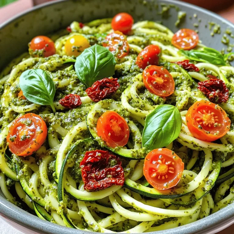 - 4 medium zucchini - Salt and pepper to taste Zucchini is the star of this dish. It has a mild taste and a great texture. When you spiralize it, you get fun, long noodles. This makes it a healthy alternative to pasta. Remember to choose firm zucchini for the best results. - 1 cup fresh basil leaves - 1/4 cup pine nuts (or walnuts) - 1/2 cup grated Parmesan cheese - 2 cloves garlic, minced - 1/3 cup extra virgin olive oil Pesto gives your noodles a burst of flavor. Fresh basil is key, along with the nuts and cheese. Garlic adds a nice kick, while olive oil makes it smooth. You can use walnuts if you prefer a different taste. - 1/2 cup sun-dried tomatoes, chopped - Cherry tomatoes, halved, for garnish - Extra fresh basil leaves for garnish Garnishes can make your dish pop. Sun-dried tomatoes add a sweet, tangy flavor. Cherry tomatoes give a fresh bite. Extra basil leaves on top make everything look pretty. Enjoy these toppings to enhance your meal! For the complete recipe, check out the Full Recipe section. To make zucchini noodles, start by spiralizing the zucchini. You can use a spiralizer or a vegetable peeler for thin ribbons. After spiralizing, place the noodles in a colander. Let them drain for about 10 minutes. This step helps remove excess moisture, so they don’t get soggy when cooked. Next, let’s prepare the pesto. In a food processor, add fresh basil leaves, pine nuts, grated Parmesan cheese, and minced garlic. Sprinkle in a pinch of salt and pepper. Pulse the mixture a few times until it is finely chopped. With the processor running, slowly drizzle in the olive oil. Keep mixing until the pesto is smooth and creamy. Taste it and adjust salt and pepper if needed. Now, heat 1 tablespoon of olive oil in a large skillet over medium heat. Once the oil is hot, add the zucchini noodles. Sauté them for about 2-3 minutes. Stir gently until they are tender but still crisp. Remove the skillet from heat, then stir in the pesto and chopped sun-dried tomatoes. Toss the noodles until they are well coated in the sauce. Serve the zucchini noodles in bowls. Garnish with halved cherry tomatoes and extra basil leaves for added color and flavor. For the full recipe, check out the Zesty Zucchini Noodles with Pesto and Sun-Dried Tomatoes. To make great zucchini noodles, start with firm zucchini. Choose medium-sized ones. Avoid large zucchinis, as they can be watery. Use a spiralizer for best results. If you lack one, a vegetable peeler works too. Cut thin ribbons for a noodle-like shape. After spiralizing, place the noodles in a colander. Let them drain for about 10 minutes. This step removes extra moisture, preventing sogginess in your dish. For a vibrant pesto, fresh basil is key. Use young leaves for a bright taste. Pine nuts add a rich, buttery flavor. If you want a twist, try walnuts. They give a slightly different taste but still work well. When blending, pulse the ingredients just enough. You want a coarse texture, not a paste. Gradually add olive oil while blending. This method helps achieve a creamy consistency. Lastly, taste and adjust seasoning with salt and pepper. A bit of lemon juice can also brighten the flavor. Serve the zucchini noodles in big, colorful bowls. This makes the dish look inviting. Garnish with halved cherry tomatoes for a pop of color. Fresh basil leaves add a lovely aroma. For extra crunch, sprinkle more nuts on top. Drizzle a bit more pesto for added flavor and presentation. Enjoy your dish while it’s warm for the best taste. For more details, check out the Full Recipe for Zesty Zucchini Noodles with Pesto and Sun-Dried Tomatoes. {{image_4}} You can change up your zucchini noodles with other veggies. Carrots make a bright, sweet twist. Try cucumbers for a refreshing crunch. Sweet potatoes add a hearty taste. You can even mix in bell peppers for color and flavor. Pine nuts are classic in pesto, but you can switch it up. Walnuts give a richer, earthier taste. Cashews add creaminess, while almonds bring a nice crunch. Feel free to experiment and find your favorite blend. Serve zucchini noodles with grilled chicken or shrimp for protein. You can also add a sprinkle of red pepper flakes for heat. Try a squeeze of lemon juice for brightness. Pair it with a crisp salad to round out the meal. For more ideas, check the full recipe. To store your zucchini noodles with pesto, place them in an airtight container. This keeps them fresh for up to three days in the fridge. Make sure to let them cool before sealing. If you want to keep your noodles crisp, store the pesto separately. This way, they won’t get soggy. When you are ready to eat your leftovers, gently reheat them. Use a skillet on low heat. Add a splash of olive oil to help them warm up nicely. Stir for about 2-3 minutes until heated through. Avoid using the microwave, as it can make the noodles mushy. You can freeze zucchini noodles, but they change texture when thawed. If you choose to freeze, lay them flat in a freezer bag. Remove as much air as possible. They can last up to three months in the freezer. For pesto, freeze it in ice cube trays. Once frozen, transfer the cubes to a bag. This way, you can use small amounts as needed. Yes, you can make zucchini noodles without a spiralizer. A vegetable peeler works great for this. Just peel long strips from the zucchini to create thin ribbons. You can also use a knife to cut the zucchini into thin slices or julienne strips. Both methods give you tasty noodles without needing special tools. Zucchini noodles last about 2 to 3 days in the fridge. Store them in an airtight container to keep them fresh. If you notice any water, drain it before eating. For best taste and texture, eat them sooner rather than later. If you don’t have Parmesan cheese, you can use nutritional yeast for a dairy-free option. It gives a similar flavor without the cheese. You can also try other hard cheeses like Pecorino Romano. Just remember, the taste may change a bit, but it will still be delicious. Zucchini noodles are fresh and fun, made easy with tasty pesto. You learned how to prepare the noodles and mix them with sauce. I shared tips for perfecting your dish and ways to add your favorite veggies. Remember to store any leftovers properly, so they stay tasty. With these ideas, you can enjoy healthier meals with simple steps. Dive into your kitchen and try this recipe today! Enjoy your cooking adventure!