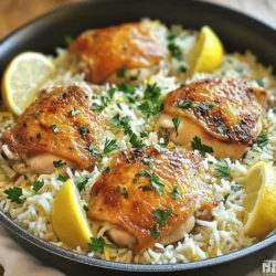 - 4 boneless, skinless chicken thighs - 1 cup jasmine rice - 2 cups low-sodium chicken broth - 1 medium onion, finely chopped - 3 cloves garlic, minced - 1 lemon (juiced and zested) - 2 tablespoons olive oil - 1 teaspoon dried oregano - 1 teaspoon dried thyme - 1/2 teaspoon paprika - Salt and pepper to taste - Fresh parsley, chopped (for garnish) The main stars of this dish are the chicken thighs and jasmine rice. Chicken thighs give you juicy meat that stays tender. Jasmine rice cooks up fluffy and fragrant, soaking up all the tasty flavors. The broth adds depth while the onion and garlic provide a savory base. - Fresh herbs - Citrus alternatives You can boost the flavor even more. Fresh herbs like thyme or rosemary add brightness. If you want a twist, try orange or lime juice instead of lemon. These options bring a new taste while keeping it fresh and zesty. - Large skillet - Measuring cups and spoons A large skillet is key for this recipe. It helps all the ingredients cook evenly. Measuring cups and spoons ensure you get the right amounts. These tools make cooking simple and stress-free, giving you great results every time. First, you need to season the chicken thighs. Use salt, pepper, paprika, oregano, and thyme. Generously coat each side to enhance the flavor. Next, heat 2 tablespoons of olive oil in a large skillet over medium-high heat. When the oil shimmers, add the chicken thighs. Sear each side for about 4-5 minutes. You want a golden crust. This crust locks in the juices and adds great taste. Once the chicken is seared, take it out and set it aside. In the same pan, add chopped onions and minced garlic. Sauté for 2-3 minutes. The goal is to make the onion translucent. This step builds a nice flavor base. Now, add 1 cup of jasmine rice to the pan. Stir it well to coat with the oil, onions, and garlic. Toast the rice for 1-2 minutes to enhance its flavor. Now it's time to add the liquids. Pour in 2 cups of low-sodium chicken broth. Then, add the juice and zest of one lemon. Stir everything together to mix. Bring this mixture to a gentle simmer. Next, gently place the seared chicken thighs back into the pan. Make sure they are partially submerged in the broth and rice. Cover the skillet with a lid and reduce the heat to low. Let it simmer for about 20 minutes. This will cook the rice and infuse it with flavors. After 20 minutes, take the skillet off the heat. Let it rest for an additional 5 minutes. This helps all the flavors blend. Before serving, fluff the rice with a fork. Garnish with fresh parsley for a pop of color. For the full recipe, check the recipe section above. To cook rice well, timing is key. Simmer the rice for 20 minutes. This helps it absorb flavors. Keep the lid on during cooking. This seals in steam and moisture. After it cooks, fluff the rice with a fork. This step makes it light and airy. Garnishing adds a touch of flair. Use fresh parsley for color and taste. You can also add lemon zest for a bright kick. If you want extra flavor, try adding a pinch of garlic powder or a dash of cayenne pepper. These simple changes can make a big difference. Avoid overcooking the chicken. If you cook it too long, it can dry out. Aim for a golden color on both sides. Next, be careful with the liquid. Using too much broth can make the dish soupy. Stick to the recipe for the best results. {{image_4}} You can easily change this recipe to fit your taste. One great way is to add vegetables. Try adding peas, bell peppers, or even carrots. They bring color and nutrients to your meal. Just toss them in when you sauté the onions and garlic. This gives the veggies time to cook while keeping their crunch. Another fun option is to switch proteins. If you want something different, use shrimp or tofu. Shrimp cooks fast, so add it just a few minutes before the dish is done. Tofu absorbs flavors well, making it a great choice for this recipe. If you need gluten-free options, swap jasmine rice for quinoa. Quinoa cooks similarly and adds a nice nutty flavor. Also, check your broth to ensure it's gluten-free. For those watching carbs, use cauliflower rice instead of jasmine rice. This keeps the dish light and healthy while still being full of flavor. Exploring different herbs and spices can make this dish exciting. Try using fresh basil or rosemary for a new twist. You can also mix in spices like cumin or coriander for a warm, exotic taste. Incorporating different citrus fruits is another fun way to change the taste. Instead of lemon, try lime or orange juice. These fruits will give a fresh zing that brightens the dish. For the Full Recipe, check the earlier sections for details. To keep your One-Pan Lemon Herb Chicken and Rice fresh, let it cool first. Place it in a shallow dish. This helps it cool faster. Use airtight containers to store leftovers. Glass or plastic containers work well. Make sure the lid seals tightly. This keeps moisture in and air out. You can store it in the fridge for up to three days. When you’re ready to eat, reheat the chicken and rice carefully. Use the microwave or stovetop. If using the microwave, heat it in short bursts. Stir it often to avoid hot spots. If using the stovetop, add a little broth or water. Heat slowly over low heat. This keeps the chicken moist and the rice fluffy. Always check that the food is steaming hot before eating. This ensures food safety with leftovers. To freeze, let the dish cool completely first. Portion it into freezer-safe containers. Leave some space at the top for expansion. Seal tightly and label with the date. You can freeze it for up to three months. When you're ready to enjoy it, defrost in the fridge overnight. To reheat, warm it gently on the stove or in the microwave. Add a splash of broth or water for moisture. This way, your One-Pan Lemon Herb Chicken and Rice will taste just as great! For a detailed recipe, check the Full Recipe. To cook chicken safely, check the internal temperature. It should reach 165°F (75°C). You can use a meat thermometer to measure this. Insert it into the thickest part of the chicken. This step is key to avoid undercooking or overcooking the chicken. Yes, you can use other rice types. Basmati rice or long-grain white rice works well. Brown rice is a great option, too, but it will need more cooking time and liquid. Just adjust the broth amount and cooking time to ensure it cooks evenly. This dish lasts about 3 to 4 days in the fridge. Be sure to store it in an airtight container. This helps keep the flavors fresh and safe to eat later. This meal pairs well with simple green salads or steamed veggies. You can also add crusty bread for a hearty touch. A light, zesty side complements the chicken’s flavor nicely. Absolutely! This recipe is great for meal prep. You can cook a larger batch and divide it into portions. Store each portion in a container for easy grab-and-go meals throughout the week. Just reheat in the microwave or on the stove. For the full recipe, check out the link. This recipe for One-Pan Lemon Herb Chicken and Rice is tasty and easy. You learned about essential ingredients and helpful tools. I outlined clear steps to cook and share this meal. Remember to avoid common mistakes to get the best results. Feel free to explore variations and adjust flavors to fit your taste. Store leftovers properly to enjoy them later. With these tips, you'll create a meal that pleases everyone. Enjoy cooking and sharing this simple yet flavorful dish!