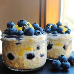 To make these tasty Blueberry Lemon Overnight Oats, gather these ingredients: - 1 cup rolled oats - 2 cups almond milk (or any dairy-free milk of your choice) - 1 cup fresh blueberries, divided - 1 tablespoon chia seeds - 2 tablespoons maple syrup (or honey if preferred) - Zest of 1 lemon - 2 tablespoons freshly squeezed lemon juice - ½ teaspoon vanilla extract - A pinch of salt You can swap ingredients based on your taste or needs. Here are some options: - Oats: Quick oats work if you prefer a softer texture. - Non-dairy milk: Use coconut milk or soy milk for different flavors. - Sweetener: Agave syrup or stevia can replace maple syrup. - Chia seeds: Flax seeds can be used, but they will change the texture. For the best results, I suggest quality brands. Here are my favorites: - Rolled oats: Look for Bob's Red Mill or Quaker Oats. - Dairy-free milk: Almond Breeze and Silk are great choices. These ingredients make a delightful start to your day. For the full recipe, check out the details above. Enjoy! To make Blueberry Lemon Overnight Oats, start by gathering all your ingredients. In a medium bowl, mix 1 cup of rolled oats with 2 cups of almond milk. Add 1 tablespoon of chia seeds and 2 tablespoons of maple syrup. Next, include the zest of 1 lemon and 2 tablespoons of freshly squeezed lemon juice. Toss in ½ teaspoon of vanilla extract and a pinch of salt. Whisk until everything blends well. This step is key for flavor. After that, fold in half of the fresh blueberries gently. This keeps them whole and bright. Then, take two jars or containers and spoon the oat mix into each one. Layer it evenly to ensure a great texture. When you mix your ingredients, whisk slowly at first. This helps avoid splashes. Make sure all ingredients are well combined before adding the blueberries. This way, every bite will have a nice blend of flavors. If you like a creamier texture, let the oats sit longer before eating. Layering your oats is simple yet important. Pour some of the oat mixture into your jar first. Then, add a layer of blueberries. Repeat this until the jar is full. This gives you a nice look and a mix of flavors. When you eat, you’ll get bites of creamy oats and juicy blueberries together. Enjoy your tasty creation cold for a refreshing start to your day! To make great overnight oats, use rolled oats. They soak well and stay chewy. Always mix your oats with liquid in a bowl first. This helps them absorb moisture evenly. Adding chia seeds boosts nutrition and thickens the mix. Ensure you whisk in the lemon juice and zest for a bright flavor. Refrigerate them overnight for the best results. One mistake is using quick oats. They get mushy and lose texture. Avoid adding too much liquid; it can make your oats runny. Remember to fold in blueberries gently. If you crush them too much, they will make the oats soggy. Lastly, don’t forget to seal your jars. This keeps the oats fresh and prevents spills. For a lovely presentation, top your oats with fresh blueberries and a sprinkle of lemon zest. You can also add a dollop of yogurt for creaminess. A sprig of mint adds color and fresh taste. Serve in clear jars to show off the layers. This makes your breakfast both tasty and pretty. Check out the Full Recipe for more ideas! {{image_4}} You can change the flavor of your blueberry lemon overnight oats easily. Swap blueberries for other fruits like strawberries, raspberries, or peaches. Each fruit brings its own taste and color. You can also mix fruits for a fun twist. Try banana and blueberry or lemon and strawberry. These changes keep breakfast exciting and fresh. If you follow a vegan diet, this recipe is already vegan! Use almond milk or any plant-based milk you enjoy. For a gluten-free option, choose certified gluten-free oats. This way, you can enjoy your oats without worry. You can also make them nut-free by using oat milk. Customize the recipe to fit your needs. Want to boost your overnight oats? Add nuts or seeds! Chopped almonds or walnuts give a nice crunch. You can also add pumpkin seeds or sunflower seeds for extra protein. For a sweet touch, stir in some dried fruit like raisins or cranberries. These add-ins make your breakfast even more nutritious and tasty. For the full recipe, check the Blueberry Lemon Bliss Overnight Oats section! Store any leftover Blueberry Lemon Overnight Oats in an airtight container. Make sure to seal it tightly. This keeps them fresh and prevents odors from other foods in the fridge. These oats are best served cold. If you prefer them warm, you can microwave them. Heat in short bursts, about 15-20 seconds. Stir between intervals to avoid hot spots. Add a splash of almond milk if they seem too thick. You can store these oats in the fridge for up to five days. The flavors meld and get better over time. However, after three days, they may lose some freshness. Enjoy your delicious Blueberry Lemon Overnight Oats within this time for the best taste. For the full recipe, check the earlier section. Yes, you can make these overnight oats ahead of time. They store well in the fridge. I suggest making them a day in advance. This way, the oats absorb the flavors and become creamy. Just grab a jar in the morning for a quick breakfast. If you don’t have chia seeds, don’t worry! You can use flaxseeds or even hemp seeds. Both add a nice texture and some nutrition. If you want a nutty flavor, try crushed nuts like almonds or walnuts. They won’t thicken the oats, but they taste great! To make your overnight oats more filling, add protein. Greek yogurt or nut butter works well. You can also mix in some nuts or seeds for extra crunch and nutrition. Another idea is to increase the oats or add a banana for more fiber and energy. Enjoy your tasty breakfast! In this blog, we covered how to make Blueberry Lemon Overnight Oats. We explored key ingredients, substitutions, and recommended brands to use. I gave you simple steps for preparing the oats and shared tips for the best texture. We also discussed flavor variations and storage tips. Making these oats is easy and fun. With a few tweaks, you can enjoy them your way. I hope you try this simple recipe and enjoy the tasty results. Your breakfast will never be boring again!