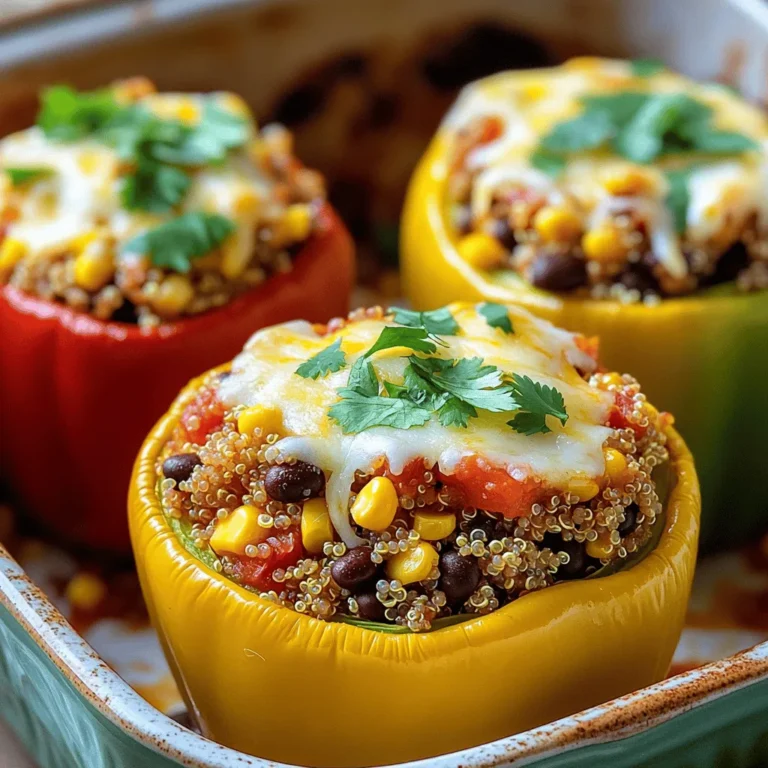 - 4 large bell peppers (any color) - 1 cup cooked quinoa - 1 can (15 oz) black beans, drained and rinsed - 1 cup corn kernels (fresh, frozen, or canned) - 1 small onion, finely chopped - 2 cloves garlic, minced - 1 teaspoon cumin - 1 teaspoon smoked paprika - 1 cup diced tomatoes (fresh or canned) - 1 cup shredded cheese (cheddar or blend) - Fresh cilantro, chopped - Salt and pepper to taste - Olive oil These ingredients create a tasty and healthy meal. Bell peppers add a nice crunch. Quinoa provides protein and is gluten-free. Black beans boost fiber, while corn adds sweetness. Each ingredient brings its own flavor and benefit. - Additional vegetables (zucchini, carrots, etc.) - Avocado for topping - Different types of cheese Feel free to swap ingredients based on what you like. Want a creamier mix? Try avocado on top. You can even add other veggies for extra nutrition. Quinoa is a great source of complete protein and fiber. It helps you feel full. Each serving contains about 300 calories. You get around 12 grams of protein and 7 grams of fiber. This meal is not just delicious; it’s good for you too! If you're looking for more details, check the Full Recipe for cooking times and serving suggestions. - Preheat the oven to 375°F (190°C). - Cut the tops off the bell peppers and scoop out the seeds. - Heat a tablespoon of olive oil in a skillet over medium heat. - Add the chopped onion and sauté for about 3-4 minutes. - Stir in the minced garlic, cumin, and smoked paprika. Cook for 1 minute. - Mix in the cooked quinoa, black beans, corn, and diced tomatoes. - Stir well and cook for 5-7 minutes. Season with salt and pepper. - Remove from heat and stir in half of the shredded cheese. - Stuff each bell pepper with the quinoa mixture, pressing it down. - Sprinkle the remaining cheese on top of each pepper. - Drizzle with olive oil and cover with foil. - Bake for 30 minutes, then uncover and bake an extra 10-15 minutes. For the full details, check out the Full Recipe. - Cook the quinoa well before mixing. This ensures it blends smoothly with the other ingredients. - Add salt inside the pepper. This step brings out the pepper's natural taste. - Garnish with fresh cilantro for a pop of color. Lime wedges add a zesty kick. - Pair with a simple salad for added crunch and freshness. Rice or crusty bread also works well. - Go meatless or add ground turkey for a protein boost. You can also use chicken or beef. - Adjust the spice level to your taste. Add jalapeños for heat, or drizzle hot sauce on top. {{image_4}} You can switch up the filling for stuffed bell peppers. For a Southwest twist, use black beans and corn. This mix gives a hearty taste and a nice crunch. For a Mediterranean flavor, add olives and feta cheese. This combo brings a salty, tangy zest to your meal. Both options keep the dish fun and exciting. You can cook stuffed bell peppers in different ways. Grilling them adds a smoky taste that many love. Just place the stuffed peppers on the grill until they are tender. You can also use an Instant Pot or slow cooker. These methods save time and make the filling super soft. Seasonal vegetables make your stuffed peppers even better. In spring, try adding spinach or kale for freshness. In winter, cranberries or nuts can bring a festive twist. These changes keep your dish lively and aligned with the seasons. No matter the time of year, there’s a tasty option for everyone. To keep your stuffed bell peppers fresh, place them in an airtight container. This way, they will not dry out or absorb other smells in the fridge. You can store them for up to 4 days. Make sure they cool down before sealing them. This helps maintain their great taste. Freezing stuffed peppers is easy. First, let them cool completely. Then, wrap each pepper in plastic wrap or foil. Place the wrapped peppers in a freezer-safe bag or container. They can last up to 3 months in the freezer. When you are ready to eat, thaw them in the fridge overnight. For reheating, bake them at 350°F (175°C) for about 25 minutes. This will help keep them moist and tasty. Meal prep is a great way to save time. You can make a big batch of stuffed peppers to enjoy all week. After cooking, portion them into individual containers. You can also use leftovers in new dishes. Chop the peppers and add them to salads, stir-fries, or soups for a tasty twist. To make stuffed bell peppers with quinoa, you start by preheating your oven to 375°F (190°C). Cut the tops off the bell peppers and remove the seeds. Brush the outside with olive oil and sprinkle salt inside. In a skillet, heat olive oil and sauté chopped onion until it’s soft. Then add minced garlic, cumin, and smoked paprika. Stir for a minute. Add cooked quinoa, black beans, corn, and diced tomatoes. Mix well and season with salt and pepper. Stuff each bell pepper with this mixture, pressing it down. Top with cheese. Bake covered for 30 minutes, then uncover and bake for 10-15 more minutes until the cheese is bubbly. You can find the Full Recipe for more details. Yes, you can make stuffed peppers in advance. Prepare the filling and stuff the peppers. Store them in the fridge for up to two days before baking. You can also freeze them. Just thaw overnight in the fridge before baking. If you don’t have quinoa, you can use rice or couscous. Cooked brown rice takes about 45 minutes, while couscous cooks in about 10 minutes. Both make great substitutes and add their own flavor. Stuffed bell peppers are healthy! They are low in calories and high in nutrients. Bell peppers are rich in vitamins A and C. Quinoa adds protein and fiber. Black beans also boost protein and fiber content, making this meal hearty and nutritious. Yes, you can cook stuffed peppers in the microwave. After preparing the peppers, place them in a microwave-safe dish. Cover with a lid or plastic wrap. Microwave on high for about 10-15 minutes. Check for doneness and ensure they are tender before serving. Stuffed bell peppers with quinoa are easy and full of flavor. We covered key ingredients and step-by-step instructions. Remember, you can customize these peppers to fit your taste and needs. Add your favorite veggies or spices for a personal touch. Store leftovers well, and they make for a great meal later. Overall, this dish is nutrient-rich and satisfying. Give it a try and enjoy a healthy, tasty meal! Your taste buds will thank you.