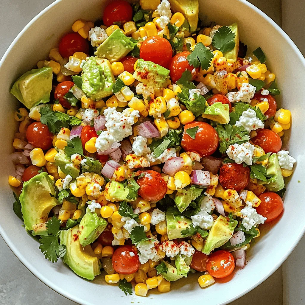 When you want to make a tasty Mexican street corn salad, you need fresh ingredients. Here’s what you will need: - 4 ears of fresh corn, husked - 1 cup cherry tomatoes, halved - 1/2 red onion, finely diced - 1 ripe avocado, diced These fresh veggies bring color and texture to your salad. The corn adds sweetness, the tomatoes add juiciness, the onion gives a nice crunch, and the avocado adds creaminess. - 1/2 cup crumbled queso fresco (or feta cheese) - 1/4 cup fresh cilantro, chopped - 2 tablespoons freshly squeezed lime juice - 1 tablespoon extra-virgin olive oil - 1 teaspoon chili powder - Salt and freshly ground black pepper to taste These seasonings are key to bringing out the flavors. Queso fresco adds a salty kick, while cilantro gives a fresh taste. Lime juice and olive oil create a zesty dressing. Chili powder adds just the right amount of heat. Don’t forget to season with salt and pepper! For the full recipe, check out the cooking steps next. Cooking the Corn - Prepare the Corn: Bring a large pot of water to a boil. Add the husked corn carefully. Cook for 5-7 minutes until tender but still crisp. Remove the corn and let it cool. - Cut the Kernels: Once cool, use a sharp knife to cut the kernels off the cob. Place the kernels in a large mixing bowl. Mixing the Ingredients - Add Fresh Ingredients: To the bowl with corn, mix in halved cherry tomatoes, diced red onion, and diced avocado. Use a spatula to fold them gently, avoiding mashing the avocado. - Create the Dressing: In a small bowl, whisk together lime juice, olive oil, chili powder, salt, and pepper until combined. Assemble the Salad - Combine Salad: Drizzle the dressing over the corn mixture. Gently toss everything together, ensuring even coating. - Incorporate Cheese and Herbs: Fold in crumbled queso fresco and chopped cilantro. Be careful not to mash the avocado while mixing. Final Touches - Taste and Adjust: Taste the salad and modify the seasoning. Add more salt, pepper, or lime juice as needed. - Chill and Serve: Cover the bowl and refrigerate for about 20 minutes. This helps the flavors meld. For the complete recipe, check out the [Full Recipe](#). Enjoy the bright and fresh flavors! To cook corn perfectly, boil it in a large pot of water. Bring the water to a rolling boil first. Once boiling, add the husked corn. Cook for 5-7 minutes. The corn should be tender but still have a good crunch. If you prefer other methods, try grilling the corn. Grilling gives the corn a nice smoky flavor. You can also roast the corn in the oven. Set the oven to 400°F (200°C) and bake for about 30 minutes. This method caramelizes the corn and adds depth to its taste. For a vibrant presentation, serve the salad in a large, colorful bowl. Add extra cilantro leaves on top for a fresh look. A sprinkle of chili powder adds a fun pop of color. You can also use small cups or bowls for individual servings. This makes it great for parties or gatherings. Pair this salad with grilled meats or tacos for a complete meal. It also pairs well with fish or as a side for barbecues. The bright flavors of the salad complement many dishes. You can customize the spice levels based on your taste. If you like it spicier, add more chili powder or some diced jalapeños. For a milder flavor, reduce the chili powder. Using seasonal ingredients can add variety to your salad. In summer, add diced bell peppers or zucchini. In fall, consider mixing in roasted sweet potatoes. Fresh herbs like basil or mint can also give the salad a unique twist. {{image_4}} You can change the cheese to add new flavors. If you can't find queso fresco, try using feta. Feta has a similar crumbly texture and salty taste. For a creamier option, you might use goat cheese. This adds a tangy twist to the salad. If you want a dairy-free choice, consider vegan cheese. Look for brands that offer a creamy texture. Cashew cheese is a great option. It adds richness without dairy. Nutritional yeast also gives a cheesy flavor without the milk. Feel free to get creative with extra items. Adding black beans boosts protein and fiber. They also add a nice texture. You can mix in diced bell peppers for crunch. Cherry tomatoes are great, but you might also add corn from a can for ease. For a sweet touch, think about fruits. Diced mango or pineapple can enhance the taste. These fruits pair well with lime juice. They add a refreshing burst to the dish. While the lime dressing is tasty, you can switch it up. A creamy dressing, like ranch or yogurt-based, gives a different flavor. You can mix in some avocado for creaminess, too. If you run out of lime juice, use lemon juice instead. It has a similar tartness that works well. Vinegar, like apple cider or red wine, can also be a fun twist. It brings a tangy flavor that contrasts nicely with the sweetness of the corn. For the complete recipe, check out the Full Recipe section. To keep your Mexican Street Corn Salad fresh for a few days, store it in an airtight container. This helps to seal in the flavors. Place the salad in the fridge right after serving. It will stay good for up to three days. The flavors will meld together, which can enhance the taste. However, the avocado may brown a bit. To slow this, add lime juice to the avocado before mixing it in. You can also store the dressing separately for longer freshness. Can you freeze Mexican Street Corn Salad? I do not recommend freezing it. The fresh textures and flavors of the salad do not hold up well in the freezer. Freezing may make the corn and avocado mushy when thawed. If you have leftovers, it's best to enjoy them fresh rather than freeze them. To enjoy leftovers, do not reheat the salad. Instead, eat it cold or at room temperature. If you want to warm it, try letting it sit out for a bit before serving. If you need to add freshness, squeeze a little lime juice over it. This will help revive the flavors and make it taste like new. You can enjoy this salad with many tasty dishes. Here are some ideas: - Grilled chicken or steak for a hearty meal - Tacos or burritos for a festive touch - Rice or quinoa for a filling side - Fresh tortilla chips for a crunchy snack - A cold beverage like agua fresca or limeade Yes, you can prepare this salad ahead. To do this: - Cook the corn and chop the veggies. - Mix all the ingredients, except for the cheese and avocado. - Store it in the fridge. - Add cheese and avocado just before serving. This keeps the salad fresh and tasty. Perfectly cooked corn is tender yet crisp. Look for these signs: - Bright yellow color - Kernels that feel plump and juicy - A slight snap when bitten Cooking time is usually 5-7 minutes in boiling water. Yes, this salad is gluten-free. All the ingredients are safe for gluten-free diets: - Corn, tomatoes, and avocado have no gluten. - Queso fresco and spices also do not contain gluten. Always check labels for any packaged ingredients to be sure. For the full recipe, check out the Mexican Street Corn Salad Bliss recipe. In this blog post, we explored how to make a fresh and vibrant Mexican Street Corn Salad. We covered the key ingredients, from fresh corn to essential seasonings. I provided step-by-step instructions for cooking and mixing. Tips for serving and storage helped make this recipe easy to enjoy. This salad is flexible, allowing for variations and personal twists. Whether you're serving it at a party or enjoying it yourself, it’s a delightful dish. You can customize it to fit your taste and needs. Enjoy making this fresh and tasty salad!