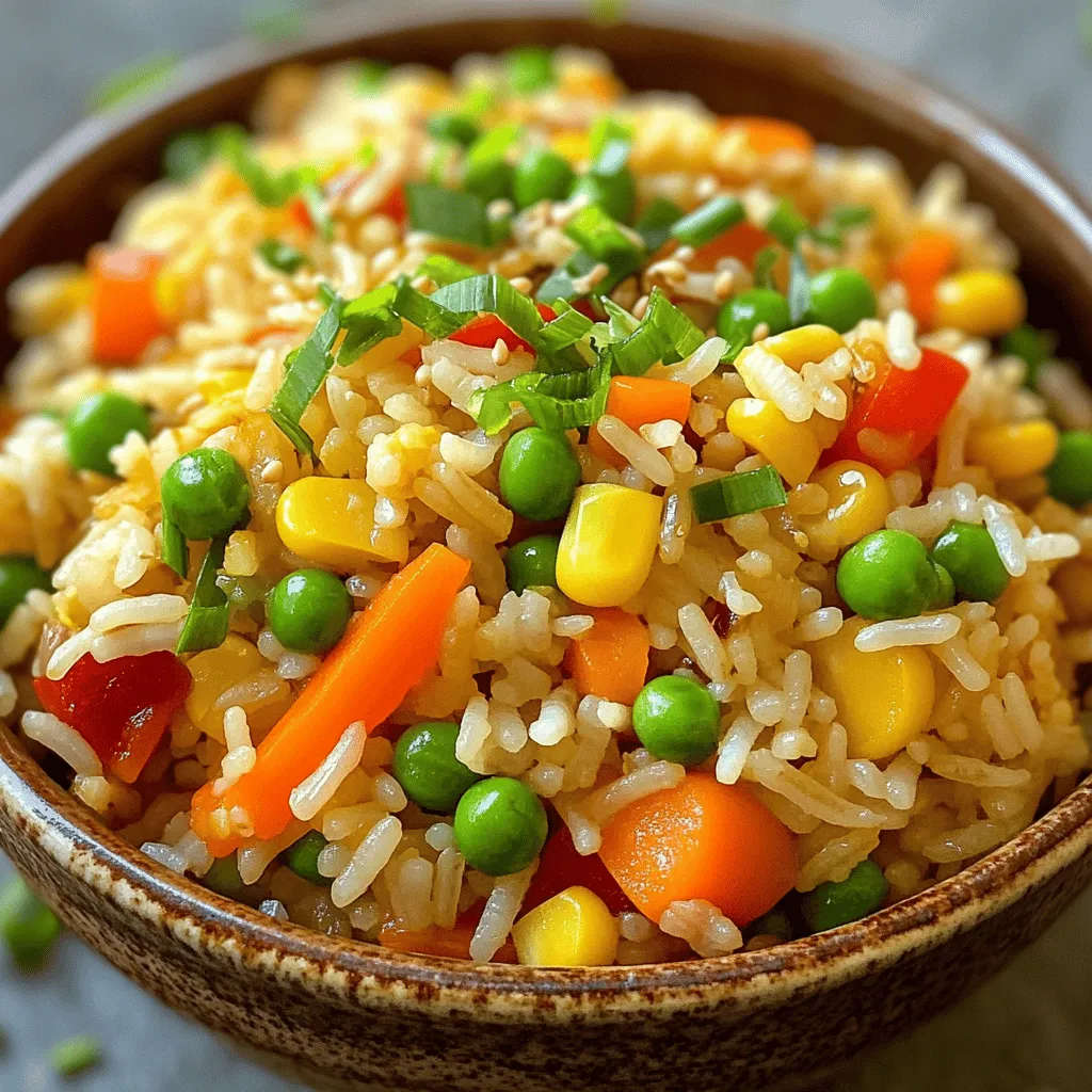 To make great vegetable fried rice, gather these key ingredients: - 2 cups cooked jasmine rice (preferably refrigerated overnight for best texture) - 1 cup mixed vegetables (like diced carrots, peas, bell peppers, and sweet corn) - 1 small onion, finely chopped - 2 cloves of garlic, minced - 2 green onions, chopped (save some for garnish) - 2 tablespoons soy sauce (or tamari for gluten-free) - 1 tablespoon sesame oil - 1 tablespoon vegetable oil - 1 teaspoon fresh ginger, grated - Salt and freshly ground black pepper to taste These ingredients create a colorful and tasty dish. Using day-old rice helps keep the texture firm. You can add some protein to your fried rice. Consider these options: - 1/4 cup cooked edamame - 1/4 cup chickpeas Adding these ingredients makes your meal more filling and nutritious. The right oils and sauces enhance the flavor of your fried rice. Here are some suggestions: - Vegetable oil for frying - Sesame oil for a nutty taste - Soy sauce or tamari for saltiness These oils and sauces work well together, making each bite flavorful. For a unique twist, you can try adding oyster sauce or chili sauce for heat. For the full recipe, check out the [Full Recipe]. To start, gather your ingredients. You need: - 2 cups cooked jasmine rice - 1 cup mixed vegetables (diced carrots, peas, bell peppers, sweet corn) - 1 small onion, finely chopped - 2 cloves of garlic, minced - 2 green onions, chopped - 2 tablespoons soy sauce - 1 tablespoon sesame oil - 1 tablespoon vegetable oil - 1 teaspoon fresh ginger, grated - Salt and black pepper to taste - Optional: 1/4 cup cooked edamame or chickpeas Make sure your rice is cold. Day-old rice works best. This helps it fry nicely without clumping. Heat a large skillet or wok over medium-high heat. Add the vegetable oil and wait until it shimmers. Then, toss in the chopped onion. Sauté it for about 2-3 minutes until it turns soft and clear. Next, add the minced garlic and grated ginger. Cook them together for one more minute. This step makes your kitchen smell amazing! Now, it’s time for the mixed vegetables. Stir-fry them for 4-5 minutes. You want them tender but still a bit crunchy. This keeps your fried rice exciting! After the veggies are cooked, push them to one side of the skillet. On the empty side, add the cold jasmine rice. Use your spatula to break up any clumps. Drizzle the soy sauce and sesame oil over the rice. Mix everything well, ensuring the rice and veggies are combined. Season your dish with salt and black pepper. If you want extra protein, fold in the edamame or chickpeas now. Stir everything together for 2-3 more minutes. This helps heat the rice and blend the flavors. Remove your skillet from heat and plate your colorful veggie fried rice. Garnish with reserved green onions. Enjoy your meal, or check out the Full Recipe for more tips! For fried rice, I recommend using jasmine rice. It has a soft texture and a lovely aroma. If you can, cook it a day before. Chilling rice helps it firm up. This change prevents the rice from getting mushy while cooking. Store any leftover fried rice in an airtight container. Make sure it is cool before sealing. This keeps moisture out and prevents sogginess. You can keep it in the fridge for about three days. To reheat, use a pan or microwave until hot. To boost flavor, add fresh herbs like cilantro or basil. You can also drizzle a little more soy sauce. For extra crunch, toss in some nuts, like cashews or peanuts. If you want protein, add cooked edamame or chickpeas. Mixing textures makes each bite exciting! For more details, check the Full Recipe. {{image_4}} You can easily make this dish vegetarian or vegan. Just skip any meat add-ins. Use soy sauce or tamari for flavor, as it's plant-based. To boost protein, add tofu or chickpeas. You can also use vegetable broth instead of oil for cooking. This adds moisture and flavor while keeping it light. If you need gluten-free fried rice, go for tamari instead of regular soy sauce. Check that your vegetable broth is gluten-free too. Use rice that is certified gluten-free. This simple swap keeps your meal delicious and safe for gluten-sensitive friends. Adding nuts can give your fried rice a fun crunch. Try cashews or peanuts for a tasty twist. You can also mix in tofu cubes for extra protein. For a bit of heat, toss in some chopped chili peppers. These little changes can take your veggie fried rice to a whole new level. To store your vegetable fried rice, let it cool first. Place it in an airtight container. This way, it will stay fresh in the fridge. Make sure to eat it within three to four days for the best taste. You can freeze vegetable fried rice for later use. Pack it in freezer-safe bags or containers. Remove as much air as possible to prevent freezer burn. It can last up to three months. When you’re ready to eat, just thaw it in the fridge overnight before reheating. For reheating, use a skillet or wok. Heat it over medium heat with a splash of water or oil. This keeps the fried rice from drying out. Stir it often until hot. You can also use a microwave, but stir halfway through. Enjoy your meal just as fresh as when you made it! For the full recipe, check out the entire guide above. To make the best fried rice, use cold, day-old rice. This rice has a firmer texture. Start by heating oil in a large skillet or wok. Add onions, garlic, and ginger for flavor. Stir-fry your veggies until just tender. Then, add the rice and mix well. Season with soy sauce and sesame oil for that perfect taste. Yes, day-old rice works great for fried rice. The cold rice keeps its structure. Freshly cooked rice can be too sticky. Refrigerating it overnight helps separate the grains. It also absorbs flavors better when you stir-fry it. For fried rice, I love using: - Diced carrots - Green peas - Bell peppers - Sweet corn Try to mix colors for a vibrant dish. You can also use broccoli, zucchini, or snap peas. The key is to choose veggies that you enjoy. You can make fried rice without soy sauce by using these options: - Coconut aminos for a sweet, savory flavor - Tamari for a gluten-free choice - A splash of vegetable broth for moisture - Add herbs like basil or cilantro for extra taste Experiment to find what you like best! You can get the full recipe here: [Full Recipe]. In this guide, we explored making tasty vegetable fried rice. We covered the right ingredients, cooking steps, and helpful tips for flavor. You learned about various options for protein and flavors, along with smart storage techniques. Remember, you can mix and match ingredients. Make this dish your own. Enjoy your cooking and savor every bite of your homemade fried rice. Simple, healthy, and delicious meals are just a stir away!