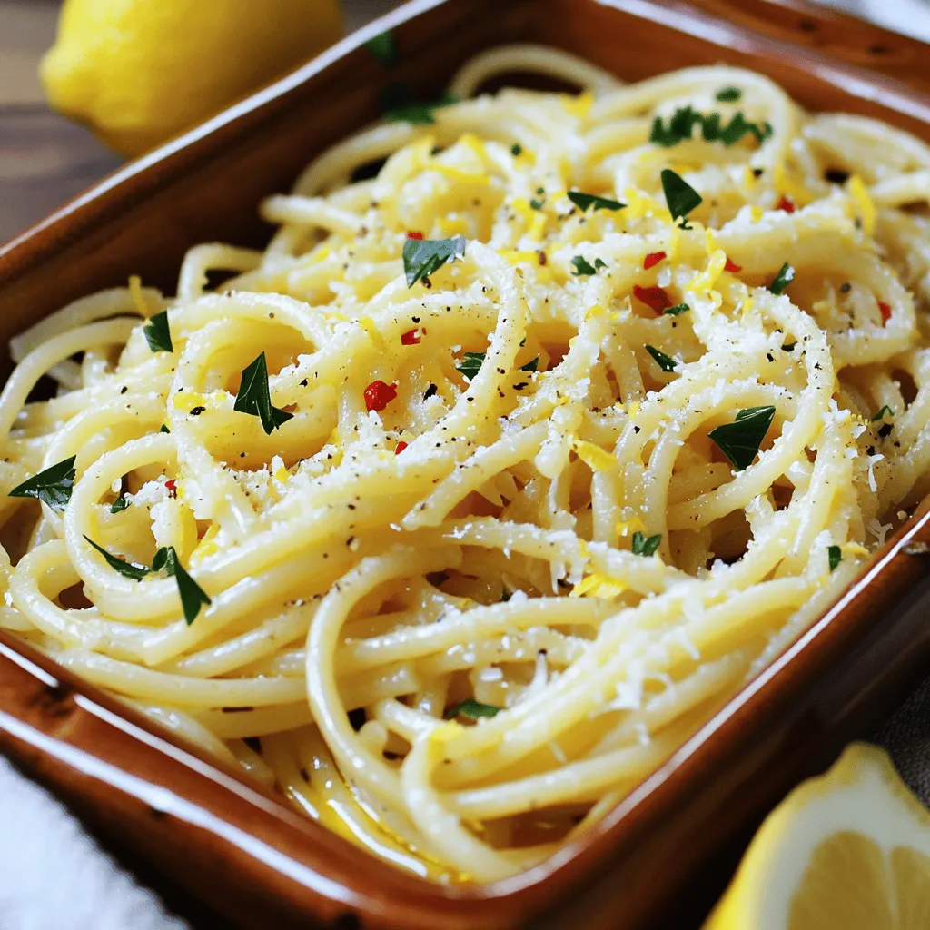 - 400g spaghetti - 6 cloves garlic, thinly sliced - ½ cup extra virgin olive oil - 1 teaspoon red pepper flakes - Zest of 1 lemon - 2 tablespoons freshly squeezed lemon juice - ¼ cup fresh parsley, finely chopped - Salt, to taste - Freshly grated Parmesan cheese (optional) When I make spaghetti aglio e olio, I love how simple it is. The main ingredients shine through. You only need four key components to create this classic dish. Let’s break them down. First, the spaghetti. I use 400g of good-quality spaghetti. It holds the sauce well and gives the right texture. Next, garlic is crucial. I slice six cloves thinly. This way, it cooks evenly and releases flavor. Then comes the olive oil. I prefer ½ cup of extra virgin olive oil. It adds richness and a smooth finish. Finally, I add one teaspoon of red pepper flakes. This gives the dish a nice kick. You can adjust this based on your spice level. Now, for the additional flavor enhancers. I add zest from one lemon and two tablespoons of freshly squeezed lemon juice. This brightens the dish. The lemon balances the rich oil and garlic. I also chop ¼ cup of fresh parsley. It adds color and freshness. A little salt to taste enhances the flavors. Lastly, for those who love cheese, I suggest freshly grated Parmesan cheese on top. It’s optional but highly recommended for added flavor. This recipe is quick, easy, and full of taste. For the full recipe, check the section above. Enjoy your cooking! - Fill a large pot with water and add salt. - Bring the water to a boil. - Add 400g of spaghetti to the pot. - Cook until it is al dente, about 8-10 minutes. - Before draining, reserve about 1 cup of the pasta water. - Drain the spaghetti in a colander. - Heat ½ cup of extra virgin olive oil in a skillet over medium heat. - Add 6 cloves of thinly sliced garlic to the oil. - Sauté the garlic until it turns golden brown, about 2-3 minutes. - Stir in 1 teaspoon of red pepper flakes. - Cook for another 30 seconds to infuse the oil. - Toss the drained spaghetti into the skillet with the garlic and oil. - Add the reserved pasta water, zest of 1 lemon, and 2 tablespoons of lemon juice. - Gently toss to mix all the ingredients. - Cook for 1-2 more minutes to allow the pasta to absorb the flavors. - Stir in ¼ cup of finely chopped fresh parsley and season with salt. For the detailed instructions, check out the Full Recipe. - Monitor garlic closely to avoid burning. Garlic cooks fast and can turn bitter. - Adjust red pepper flakes for desired spice level. Start with a little, then add more. - Use high-quality extra virgin olive oil. This makes a big difference in taste. - Incorporate freshly grated cheese for richness. It adds a creamy texture and flavor. - Serve in a large, shallow dish. It makes a beautiful centerpiece for your table. - Garnish with parsley and lemon wedges for visual appeal. This adds color and freshness. For a full experience, check the Full Recipe and enjoy your cooking adventure! {{image_4}} You can make your spaghetti Aglio e Olio heartier by adding proteins. Shrimp, chicken, or bacon can enhance the dish. Just cook the protein separately and add it to the pasta before serving. Shrimp cooks quickly and adds a lovely flavor. Chicken, sliced thinly, offers a hearty touch. Bacon gives a smoky taste that pairs well with garlic. For a vegan version, simply omit the Parmesan cheese. You can also use plant-based cheese. Nutritional yeast is a great substitute if you want a cheesy flavor without dairy. It adds a nutty taste and packs a nutritious punch. You can boost the nutrition and taste by adding cherry tomatoes or spinach. Cherry tomatoes bring a sweet burst of flavor. Just cut them in half and toss them in with the garlic. Spinach wilts nicely when mixed with hot pasta. It adds color and extra vitamins. These simple additions can transform your dish into something special. For the full recipe, check out [Full Recipe]. Store your spaghetti aglio e olio in an airtight container for up to 3 days. This keeps it fresh and tasty. Make sure it cools down before you seal the container. To reheat, gently warm it on the stove. Add a splash of water to restore moisture. This helps avoid dry pasta. Stir it often to heat evenly. You can freeze spaghetti aglio e olio for up to a month. Use freezer-safe containers to keep it fresh. However, I recommend enjoying it fresh. The flavors shine best when made and eaten right away. Look for good-quality durum wheat spaghetti for the best texture. Durum wheat creates a firm noodle that holds sauce well. This makes each bite satisfying. You can find it in most stores. Yes, but it's best served fresh for optimal flavor and texture. If you make it early, the garlic flavor may fade. The pasta can also become gummy. If you must prepare it ahead, store it well. Reheat gently to bring back some taste. Use less olive oil while ensuring enough for flavor, or incorporate more pasta water. Reducing the oil helps keep it light. Adding pasta water gives moisture without adding fat. This way, you still get that lovely taste without feeling heavy. This blog post explored a simple, delicious Aglio e Olio recipe. We covered the main ingredients and added flavor enhancers. You learned how to cook the spaghetti and prepare the garlic oil. We shared tips for perfect sautéing and creative variations. Lastly, I discussed storage and reheating methods. Enjoy making this dish with friends and family. The fresh flavors can brighten any meal. Keep experimenting to find your favorite twist!