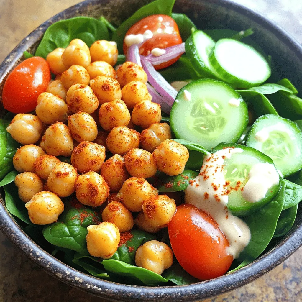 To make this crispy chickpeas and spinach salad, gather the following ingredients: - 1 can (15 oz) chickpeas, rinsed and drained - 1 tablespoon olive oil - 1 teaspoon smoked paprika - 1 teaspoon garlic powder - Salt and freshly ground black pepper, to taste - 4 cups fresh spinach, washed and thoroughly dried - 1 cup cherry tomatoes, halved - ½ cucumber, diced - ¼ red onion, thinly sliced - 2 tablespoons fresh lemon juice - 1 tablespoon tahini - 1 tablespoon honey (or maple syrup for a vegan alternative) - 1 tablespoon water You can enhance your salad with these optional ingredients: - Feta cheese crumbles - Avocado slices - Nuts or seeds for extra crunch - Fresh herbs like parsley or cilantro - Red pepper flakes for heat To prepare your salad easily, use these tools: - Baking sheet lined with parchment paper - Mixing bowls for tossing ingredients - Whisk for making the dressing - Measuring spoons for accurate portions - Salad spinner for drying spinach - Knife and cutting board for chopping veggies This list ensures you have everything ready for a fresh and tasty dish. For complete cooking steps, check the Full Recipe. First, set your oven to 400°F (200°C). This heat is key for crispy chickpeas. Preheating ensures they cook evenly and become golden and crunchy. Next, grab a can of chickpeas. Rinse them well and drain them. Use paper towels to pat them dry. This step is important; it helps them crisp up. In a bowl, mix the chickpeas with olive oil, smoked paprika, garlic powder, and salt. Toss them until they are well-coated with the seasoning. This mix will enhance their flavor. Spread the seasoned chickpeas in a single layer on a baking sheet lined with parchment paper. Bake them in the preheated oven for 25 to 30 minutes. Stir them halfway through. This promotes even cooking and browning. You want them crispy and golden brown. While the chickpeas bake, it’s time to make the dressing. In a small bowl, whisk together fresh lemon juice, tahini, honey (or maple syrup), and water. Keep whisking until the dressing is smooth. If it feels too thick, add a bit more water. A small pinch of salt will enhance the taste. In a large mixing bowl, combine fresh spinach, halved cherry tomatoes, diced cucumber, and thinly sliced red onion. Drizzle the dressing over the salad. Toss gently to coat all the veggies well. This creates a fresh and vibrant mix. Once the chickpeas are done, let them cool for two minutes. Add the warm, crispy chickpeas to your salad. Toss everything together. The warmth of the chickpeas will slightly wilt the spinach, making it even tastier. Enjoy your crispy chickpeas and spinach salad fresh. For a full recipe, refer to the sections above. To get crispy chickpeas, start with dry beans. After rinsing, pat them with paper towels. Moisture makes them soggy. Add olive oil and spices in a bowl. Make sure they are well-coated. Spread them on a baking sheet in one layer. Stir them halfway through baking. This helps them brown evenly. Bake at 400°F (200°C) for 25 to 30 minutes. Keep an eye on them to avoid burning. Use fresh spinach for the best flavor. Wash and dry the leaves well. Wet leaves can make your salad soggy. Cut cherry tomatoes in half for easy bites. Dice cucumber for crunch. Thinly slice red onion for a mild taste. Mix all veggies in a large bowl. When adding the dressing, do it gently. This keeps your salad fresh and bright. Want to kick up the flavor? Try adding feta or goat cheese. Nuts like almonds or walnuts add crunch. Fresh herbs like basil or mint give a nice twist. You can also add a splash of balsamic vinegar for tang. For spice lovers, a pinch of red pepper flakes works wonders. These simple changes can transform the dish. Check out the Full Recipe for more ideas! {{image_4}} You can easily make the dressing vegan. Instead of honey, use maple syrup. This keeps your dressing sweet and plant-based. If you can’t find tahini, try almond butter or sunflower seed butter. Both give great flavor. Mix these options with lemon juice and water for a smooth dressing. Feel free to add your favorite veggies. Bell peppers, carrots, or radishes work great. You can also toss in some protein. Grilled tofu or chickpea salad adds extra nutrients. This makes the salad more filling and tasty. Try different combinations to find your favorite mix! Want to add more flavor? Try adding cumin, cayenne, or Italian herbs to the chickpeas. A pinch of chili powder gives a nice kick. For a fresh twist, add herbs like basil or parsley to the salad. These spices and herbs can make your dish pop with new flavors. To keep your crispy chickpeas and spinach salad fresh, store it in an airtight container. The salad stays tasty for up to two days. However, the chickpeas may lose some crunch. To help with this, keep the dressing separate until you are ready to eat. This way, the spinach stays fresh and crisp. For leftover chickpeas, transfer them to a clean, dry container. Store them in the fridge for up to four days. Ensure they are completely cool before sealing. If they feel moist, pat them dry with a paper towel. This helps keep them crispy for your next meal. To reheat chickpeas, preheat your oven to 375°F (190°C). Spread the chickpeas on a baking sheet. Bake for about 10 minutes, or until they become crispy again. This method brings back their delightful crunch. Avoid using the microwave, as it can make them soggy. For a quick fix, you can also pan-fry them in a skillet for a few minutes. To make chickpeas crispy, you need to dry them first. Rinse and drain one can of chickpeas. Then, pat them dry with a paper towel. The drier the chickpeas, the crispier they will get. Toss them with olive oil and your favorite spices. Bake them at 400°F for 25-30 minutes. Stir them halfway through to ensure even cooking. Yes, you can prepare the salad ahead of time. However, keep the chickpeas separate until you're ready to serve. If you mix them in too early, they may lose their crispness. You can store the salad in the fridge for up to a day, but the best flavor comes when fresh. If you don't have tahini, you can use peanut butter or sunflower seed butter. Both give a nice, creamy texture. Plain yogurt is another option for a lighter dressing. You can even use a bit of mashed avocado for creaminess, but it will change the flavor. This salad lasts about one day in the fridge. After that, the spinach may wilt, and the flavors may fade. Keep the dressing separate to maintain freshness. Store any leftover chickpeas in an airtight container. They can last up to three days. Yes, you can use canned chickpeas without baking. They will be soft and not crispy. If you prefer a crunchy texture, baking is the best option. For a quick salad, just rinse and drain them, then toss them in. You’ll still enjoy a tasty dish, but it will lack that delightful crunch. For the full recipe, check out the details above! This blog post covered how to make a tasty crispy chickpeas and spinach salad. We explored necessary ingredients and tools. I provided step-by-step instructions for making the salad, adding tips for extra crispiness. We also looked at flavorful variations and storage tips. Try this salad for a fresh, healthy meal. With these steps, you’ll create a dish everyone will enjoy! Happy cooking!