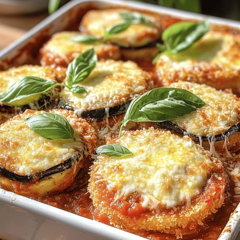 To make a great Eggplant Parmesan Bake, you need simple and fresh ingredients. Here’s what you will need: - 2 medium eggplants, sliced into 1/4-inch rounds - 1 teaspoon sea salt - 1 cup whole wheat breadcrumbs - 1/2 cup freshly grated Parmesan cheese - 2 cups marinara sauce (homemade or store-bought) - 2 cups shredded mozzarella cheese - 1 teaspoon dried oregano - 1 teaspoon dried basil - 1/2 teaspoon freshly cracked black pepper - 2 tablespoons extra virgin olive oil - Fresh basil leaves for garnish These ingredients create a rich and tasty dish. The eggplants add texture and flavor. The marinara sauce brings a nice acidity. The cheeses melt into a creamy layer that makes it all come together. When preparing, keep in mind each ingredient's role. The sea salt helps remove moisture from the eggplant, making it less bitter. The breadcrumbs and cheese form a crunchy topping. The herbs add depth of flavor. For the nutritional breakdown per serving, the dish is a good source of fiber and protein. It’s a filling meal that can satisfy your taste buds without overloading on calories. You can find the full recipe to guide you through the steps and ensure you get it just right! - Preheat the oven to 375°F (190°C). This step is key for even cooking. - Prepare the eggplant with salt. Lay the eggplant slices in a colander. - Rinse and pat dry the eggplant. This will help make it crispy. - Mix breadcrumbs, Parmesan, and spices. Use a shallow bowl for easy access. - Heat olive oil for frying. Use medium heat to get a nice golden color. - Dip and fry eggplant slices. Coat each slice well before frying. - Drain on paper towels. This helps remove excess oil and keeps it light. - Spread marinara sauce in the baking dish. This adds flavor and moisture. - Layer eggplant, marinara, and mozzarella. Start with eggplant, then add sauce and cheese. - Repeat layers. Keep going until you run out of ingredients. - Cover and bake initially. This helps cook the dish evenly. - Uncover and bake to finish. This step makes the cheese bubbly and golden. - Cool before slicing. Letting it sit helps with the layers. - Garnish with fresh basil. This adds color and a fresh touch to your dish. For the full recipe, check out the details above. Enjoy your cooking! - Salting for bitterness: Salting the eggplant is key. It removes bitterness and moisture. Slice your eggplants and sprinkle salt on both sides. Let them sit for about 30 minutes. This draws out the bad flavors, making your dish taste better. - Ensuring dryness for crispiness: After salting, rinse your eggplant. Pat it dry with paper towels. This step is crucial for a crispy texture. If the eggplant is wet, it will turn soggy when cooked. - Frying techniques for optimal results: When frying, use medium heat. This ensures the eggplant cooks through without burning. Dip each slice in the breadcrumb mix. Fry until golden brown, about 2-3 minutes per side. This gives you a nice crunch. - Importance of baking times: Baking is just as important. Cover your dish with foil for the first part of baking. This helps cook the layers. After 25 minutes, remove the foil. Bake until the cheese is golden and bubbly. This makes it look great and adds flavor. - Serving suggestions: For a lovely presentation, serve the Eggplant Parmesan Bake in the baking dish. This keeps it warm and inviting. Pair it with a light salad or crusty bread for a complete meal. - Garnishing ideas: Add fresh basil leaves on top right before serving. This adds color and freshness. You can also sprinkle extra Parmesan on top for a cheesy finish. {{image_4}} You can switch cheeses in this dish for a new taste. Try vegan cheese for a plant-based option. Low-fat cheese can also work if you're watching calories. It still melts well and tastes great. When it comes to breadcrumbs, whole wheat offers more fiber than regular ones. If you want a gluten-free meal, use gluten-free breadcrumbs. They add crunch without gluten. Want extra flavor? Add vegetables like spinach or zucchini. Layering in sautéed mushrooms brings a rich taste. You can also include cooked ground beef or sausage for a heartier dish. If you like some heat, add red pepper flakes to the marinara sauce. A pinch can turn up the flavor without making it too spicy. Adjust spice levels to your family's taste. To make this dish gluten-free, simply swap to gluten-free breadcrumbs. Check your marinara sauce for hidden gluten. Most brands have options that are safe. For a vegan version of Eggplant Parmesan Bake, use dairy-free cheese and plant-based marinara. You can still achieve a creamy texture and rich flavor. Enjoy all the taste without the dairy! To keep your Eggplant Parmesan Bake fresh, use airtight containers. Glass containers work well and prevent odors. You can store leftovers in the fridge for up to four days. After that, the taste and texture may fade. For best results, reheat in the oven. Place it at 350°F (175°C) for about 20 minutes. This keeps the cheese nice and melty. If you want to save it for later, you can freeze it. Wrap it tightly in foil or plastic wrap. It lasts in the freezer for up to three months. When serving leftovers, let them sit at room temperature for about 10 minutes. This helps the flavors come back. If you stored it in the fridge, make sure to reheat it all the way through. For the best quality, enjoy it within a few days. To make this dish lighter, you have a few easy options: - Use less cheese. You can cut the mozzarella and Parmesan by half. - Choose whole wheat breadcrumbs for extra fiber. - Add more veggies like spinach or mushrooms for volume without many calories. These changes keep the taste while making it a bit healthier. Yes, you can prepare this dish ahead. Here’s how: - Assemble the layers in the baking dish, but don’t bake it yet. - Cover it well with plastic wrap or foil. - You can store it in the fridge for up to 24 hours. When ready to bake, preheat your oven and remove the cover. Bake it for 35-40 minutes. Eggplant Parmesan Bake goes well with many sides: - A fresh green salad with olive oil and lemon dressing. - Garlic bread for a crunchy contrast. - Roasted veggies like zucchini or bell peppers. For drinks, a light red wine, like Chianti, pairs nicely. Enjoy your meal! Eggplant Parmesan Bake is a tasty dish that blends flavors and textures. You learned about key ingredients like eggplant, cheese, and marinara sauce. I shared step-by-step ways to layer, fry, and bake it to perfection. Remember to use salt on the eggplant to remove bitterness. You can also customize the dish with different flavors and save leftovers smartly. Enjoy creating this dish for your family and friends, while ensuring each bite is delightful and satisfying.
