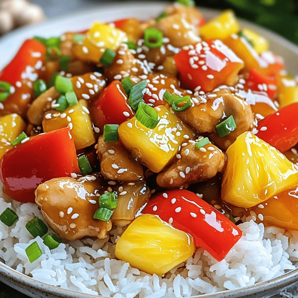 - 1 lb chicken breast - Assorted bell peppers - Fresh or canned pineapple - Onion, garlic, and ginger For this dish, I love using fresh ingredients. The protein starts with chicken breast. It cooks quickly and stays juicy. Next, I choose colorful bell peppers for a vibrant look. You can use red, yellow, or green. Pineapple adds a sweet touch. Fresh pineapple is great, but canned works too. Don’t forget the onion, garlic, and ginger. They add depth to the flavor. - Soy sauce - Honey - Rice vinegar - Cornstarch slurry The sauce is key to the sweet and sour taste. Start with soy sauce for saltiness. Honey balances this with sweetness. Rice vinegar adds tang. For thickening, use a cornstarch slurry. This mix brings all the flavors together. - Sesame seeds - Chopped green onions Garnishes make your dish pop. Sesame seeds add crunch and nuttiness. Chopped green onions give a fresh flavor. Both enhance the look and taste of your stir fry. These simple touches can elevate your meal. For the full recipe, check out the Tropical Sweet & Sour Chicken Stir Fry 🥡. Enjoy cooking! - Start by seasoning the chicken. Use salt, pepper, and half the soy sauce. - Let the chicken marinate for 15 minutes. This helps the flavors blend well. - Heat 1 tablespoon of vegetable oil in a large skillet over medium-high heat. - Add the chicken pieces. Cook for 5-7 minutes until they are golden brown. - Make sure the chicken is cooked through. Remove it from the skillet and set aside. - In the same skillet, add another tablespoon of vegetable oil. - Once hot, add minced garlic and ginger. Sauté for about 30 seconds until fragrant. - Next, add the sliced onions and bell peppers. Stir-fry for 3-4 minutes. They should soften but still have some crunch. - Return the cooked chicken to the skillet with the vegetables. Mix everything well. - In a small bowl, whisk together honey, rice vinegar, and the remaining soy sauce. - Pour this sweet and sour sauce over the stir-fry. - Add the pineapple chunks and let everything simmer for 2-3 minutes. This melds the flavors. - Stir in the cornstarch slurry to thicken the sauce. Cook for another minute. - Taste the stir-fry. Adjust seasoning if needed, adding more salt or soy sauce for flavor. Enjoy making this Tropical Sweet & Sour Chicken Stir Fry! Check out the Full Recipe for more details. To get that perfect stir-fry texture, use high heat. This helps the chicken sear quickly. Cut your chicken into even pieces for consistent cooking. Cook the chicken until it’s golden brown and no longer pink inside. This should take about 5-7 minutes. Always remove the chicken before adding vegetables. It keeps the chicken juicy and tender. Want to add some spice? Try adding red pepper flakes to your stir-fry. Just a pinch adds warmth. For sweetness, adjust the honey to your taste. You can also add more rice vinegar for extra tanginess. Mix and match until you find your perfect balance of flavors. Serve your Tropical Sweet & Sour Chicken Stir Fry over fluffy jasmine rice. The rice absorbs the sauce well. For a beautiful finish, sprinkle sesame seeds and chopped green onions on top. This adds color and crunch. Your dish will look as good as it tastes! {{image_4}} You can easily swap chicken for shrimp or tofu in this dish. Shrimp cooks quickly and adds a nice touch. Just sauté it until it's pink. Tofu is perfect for a vegetarian option. Use firm tofu, and press it to remove water. Cut it into cubes and sauté until golden. Both options keep the dish tasty and filling. To shake things up, try adding tropical fruits like mango or kiwi. These fruits bring a sweet twist to the classic flavor. You can also use different types of vinegar for a unique taste. Try apple cider vinegar or balsamic vinegar to change the flavor profile. Each option gives a new layer to your stir-fry. Meal prep is easy with this dish. You can make a big batch and store it for quick lunches. Just divide the stir-fry into containers. Serve it over rice or noodles, depending on your preference. Noodles add a different texture and flavor. This flexibility makes the meal enjoyable any day of the week. For the full recipe, check out the Tropical Sweet & Sour Chicken Stir Fry. Enjoy! To keep your sweet and sour chicken stir fry fresh, let it cool first. Place it in an airtight container. This helps prevent moisture loss. You can store it in the fridge for up to three days. Make sure to label the container with the date. This way, you know when to eat it. If you want to save it longer, freezing is a great option. Use a freezer-safe container or a heavy-duty freezer bag. Remove as much air as possible before sealing. The stir fry can last up to three months in the freezer. When you're ready to eat, transfer it to the fridge to thaw overnight. To reheat, use a skillet over medium heat. This helps retain the flavors and texture. Stir it gently as it heats. Avoid the microwave if you can. It can make the dish soggy. If you use a microwave, cover it loosely to allow steam to escape. Enjoy your meal with a fresh burst of flavor! You can try many options instead of chicken. Shrimp adds a nice touch. Tofu works well for a vegetarian choice. You can also use beef or pork. These proteins absorb flavors well. If you want a lighter meal, try mushrooms or eggplant. These options keep the dish tasty and fun. Yes, you can prepare this dish ahead. Cook the chicken and veggies first. Store them in separate containers. You can mix them when ready to eat. This helps keep the veggies crunchy. Make the sauce ahead too. Just whisk it together and store in the fridge. This saves time on busy days. This dish can be healthy. Chicken is a great source of protein. Bell peppers are full of vitamins. Pineapple adds natural sweetness. You can control the sauce's sugar. Use less honey or swap it for a sugar alternative. Serve it with brown rice for extra fiber. Enjoy a balanced meal that’s both tasty and good for you. This post covered making sweet and sour chicken stir fry. We talked about the key ingredients and sauces needed. I shared tips for cooking and presenting your dish. We explored variations for different proteins and flavors to try. Storage methods ensure freshness and safety for leftovers. Cooking can be fun and rewarding. With this guide, you can create a tasty dish easily. Enjoy your cooking journey!