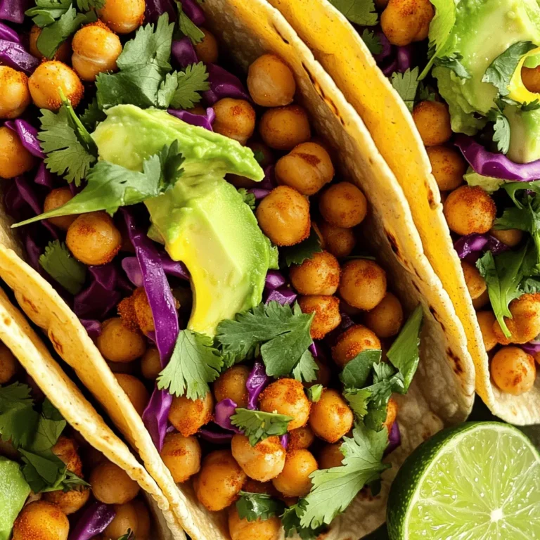 - 1 can (15 oz) chickpeas - 2 tablespoons extra-virgin olive oil - 1 teaspoon smoked paprika - 1 teaspoon ground cumin - ½ teaspoon garlic powder - ½ teaspoon onion powder - ½ teaspoon chili powder - Salt and freshly ground black pepper, to taste Chickpeas are the star of this dish. They bring protein and fiber. You can use canned chickpeas for ease. Just rinse and drain them before use. The olive oil helps the spices stick and adds flavor. Smoked paprika and cumin give depth to the tacos. The other spices add layers of taste. Adjust the salt and pepper to fit your taste. - 1 ripe avocado - 1 cup red cabbage - ½ cup fresh cilantro - 1 lime Fresh ingredients add crunch and brightness. Avocado gives creaminess and healthy fats. Red cabbage adds a nice crunch and color. Cilantro brings a fresh herb flavor that brightens everything. The lime juice adds a zesty kick. Squeeze it over the tacos just before eating. - 8 small corn tortillas - Optional: Hot sauce for serving Corn tortillas are perfect for these tacos. They are soft and flavorful. Heat them briefly in a skillet to make them warm and pliable. You can serve these tacos with hot sauce for extra heat. This completes the flavor profile. For the full recipe, check out the detailed instructions above. - Preheat the oven to 400°F (200°C). - In a bowl, mix the chickpeas with olive oil and spices. First, you want to get your oven nice and hot. This helps the chickpeas get crispy. While the oven heats, take a medium bowl. Drain and rinse your can of chickpeas. Then, add olive oil along with smoked paprika, cumin, garlic powder, onion powder, chili powder, salt, and pepper. Stir well to coat every chickpea evenly. This step is key for great flavor. - Spread chickpeas on a lined baking sheet. - Bake for 25-30 minutes, shaking halfway. Next, take a baking sheet and line it with parchment paper. This will stop the chickpeas from sticking. Spread the chickpeas out flat in one layer. Place them in your oven and let them roast. Set a timer for 25 to 30 minutes. Halfway through, take the pan out and give it a shake to turn the chickpeas. You want them golden and crunchy. - Warm the corn tortillas. - Fill with crispy chickpeas, avocado, cabbage, and cilantro. - Finish with lime and optional hot sauce. While the chickpeas roast, warm your corn tortillas in a skillet over medium heat. Just 30 seconds on each side will do. Now, grab a warm tortilla and add the crispy chickpeas. Then, layer on slices of avocado, shredded cabbage, and fresh cilantro. Finally, squeeze a wedge of lime over the top. If you like spice, add your favorite hot sauce. These tacos taste best when served right away, so dig in! You can find the full recipe in the article above. To get the best crispy chickpeas, spread them in a single layer on your baking sheet. This step is key! When you crowd them, they will steam instead of crisp up. Toss the chickpeas well in the oil and spices. Shaking the pan halfway through baking helps them cook evenly. This way, every bite is crunchy and delicious. Warming tortillas is simple. Use a dry skillet over medium heat. Place each tortilla in the pan for about 30 seconds on each side. This makes them warm and pliable without breaking. For extra flavor, choose corn tortillas that are organic or made with lime. They add a nice twist to your tacos. For a tasty kick, try adding spices like cayenne pepper or smoked paprika. These spices give your chickpeas more depth. You can also explore toppings like diced radishes or pickled onions for extra crunch. Fresh ingredients make your tacos pop with flavor and texture. The options are endless! {{image_4}} You can swap chickpeas for other legumes or proteins. Black beans or lentils work well. For meat options, try ground turkey or chicken. Both choices still keep the dish light and tasty. This way, you can enjoy crispy chickpea tacos in many ways. Each protein gives a different flavor and texture. Spices can change the taste of your tacos. Instead of smoked paprika, you can use chili powder or cumin. This adds a new twist. You might also want to try fresh herbs, like parsley or mint, for extra flavor. Add toppings like diced tomatoes or jalapeños for a fresh crunch. These tacos can fit many diets. You can easily make them gluten-free by using corn tortillas. If you are vegan, this recipe is already perfect. You can also add or swap ingredients to fit allergies. If you want a printable list of substitutions, check the Full Recipe for ideas. This way, everyone can enjoy these tasty tacos! To keep leftover chickpeas fresh, store them in an airtight container. You can refrigerate them for up to four days. If you want to reheat them, use a skillet over medium heat. This helps keep their crispy texture. You can also add a little olive oil while heating for extra flavor. Recommended storage containers include glass or BPA-free plastic. These containers are safe and help keep moisture out. You can pre-assemble tacos, but it's best to keep tortillas and fillings separate. If you want to prepare ahead, store the crispy chickpeas and toppings in separate containers. This keeps everything fresh and prevents soggy tortillas. When ready to eat, warm the tortillas in a skillet. Then, assemble your tacos with the chickpeas, avocado, and cabbage for the best taste. The shelf life of individual ingredients varies. Cooked chickpeas last up to four days in the fridge. Tortillas stay fresh for about a week if stored properly. For reheating tacos, use a skillet or an oven. A skillet will warm them quickly, while the oven helps retain crispiness. Just be careful not to overheat, as this can dry them out. Enjoy your crispy chickpea tacos from the [Full Recipe]! To make crispy chickpeas, follow a few key steps. First, dry the chickpeas well after rinsing. This helps the oil and spices stick. Next, coat them evenly with olive oil and seasoning. Spread them in a single layer on a baking sheet. This allows hot air to circulate around them, making them crunchy. Bake at 400°F for 25-30 minutes. Shake the pan halfway through to ensure even cooking. The result? A delightful crunch that makes these tacos shine. Yes, you can use canned chickpeas. They are fresh and convenient. Just make sure to drain and rinse them well. This removes excess sodium and improves the taste. Canned chickpeas are a great time-saver for busy cooks. They still provide a wonderful texture for your tacos. Several tasty toppings enhance your chickpea tacos. You can add creamy avocado slices for richness. Shredded red cabbage adds crunch and color. Fresh cilantro brings a burst of flavor. You might also consider diced tomatoes, pickled onions, or a dollop of yogurt. Each topping adds a unique twist, so feel free to mix and match! If you love heat, there are easy ways to spice up your tacos. Start by adding more chili powder to the chickpeas. You can also drizzle your favorite hot sauce on top. For an extra kick, include sliced jalapeños or a sprinkle of crushed red pepper. Adjust to your taste, and enjoy the heat! Crispy chickpea tacos are quite healthy! Chickpeas are full of protein and fiber, which keep you full. They also contain essential vitamins and minerals. Olive oil is a healthy fat that adds flavor without guilt. When combined with fresh veggies, these tacos make a balanced meal. Enjoy them knowing you’re treating your body well. For the full recipe, check out the previous section! Crispy chickpea tacos are simple and fun to make. We explored the ingredients, from chickpeas to fresh veggies. You learned how to roast chickpeas for crispiness and warm tortillas perfectly. I shared tips for storage and variations to keep your meals fresh and exciting. Enjoy trying different spices and toppings to match your taste. These tacos are not only tasty but also healthy. Now, you can impress your friends with your cooking skills!