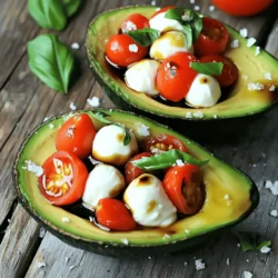 For Caprese stuffed avocados, you need fresh and simple ingredients. Here’s what you will need: - 2 ripe avocados - 1 cup cherry tomatoes, halved - 1 cup fresh mozzarella balls, halved - 1/4 cup fresh basil leaves, finely chopped - 2 tablespoons balsamic glaze - 1 tablespoon extra virgin olive oil - Salt and freshly ground black pepper to taste These ingredients work well together. The creamy avocado balances the tangy tomatoes and mozzarella. Fresh basil adds a nice touch of flavor. The balsamic glaze gives a sweet finish. Using good quality olive oil enhances the taste. If you want to make this dish shine, use ripe avocados. They should feel soft but not mushy. Look for bright, sweet cherry tomatoes. Use fresh mozzarella for the best texture. The basil should smell fragrant and be vibrant green. This is the full recipe you will follow. Enjoy each step as you create this fresh and flavorful delight! - Start by slicing the avocados in half lengthwise. - Carefully twist to separate the halves. - Use a spoon to remove the pit. - If you want more space, gently scoop out some avocado flesh. - In a bowl, mix the halved cherry tomatoes and halved mozzarella balls. - Add the finely chopped basil leaves to the bowl. - Drizzle the extra virgin olive oil and balsamic glaze over the mixture. - Season it with salt and freshly ground black pepper. - Carefully fold the ingredients together without mashing them. - Take the Caprese mixture and scoop it into each avocado half. - Let the filling overflow for a nice look. - Drizzle more balsamic glaze over the top of each stuffed avocado. For the full recipe, check out Caprese Stuffed Avocados. When picking avocados, look for ones that feel slightly soft. Press gently with your fingers. This means they are ripe and ready to eat. If they feel hard, they are unripe. You can leave them at room temperature for a few days to ripen. If you want to speed up the ripening, place them in a paper bag with a banana. The banana gives off ethylene gas, which helps avocados ripen faster. Always check for dark spots or wrinkles on the skin. These might mean the avocado is overripe. A good avocado should have smooth skin and a nice color. Remember, fresh ingredients make the best Caprese stuffed avocados. Caprese stuffed avocados shine when served with fresh sides. Pair them with a light salad or crusty bread. A simple arugula salad drizzled with lemon vinaigrette complements the dish well. You can also serve them with fresh fruit for a sweet touch. For gatherings, make your platter colorful. Arrange the stuffed avocados on a large plate, surrounded by basil leaves or cherry tomatoes. This bright presentation attracts everyone’s eye. You can drizzle extra balsamic glaze over the top for added flair. Caprese stuffed avocados can fit various diets. They are naturally gluten-free, so you do not need to worry about that. For a vegan option, simply replace the mozzarella with a plant-based cheese. Many brands offer delicious dairy-free options that taste great. You can also add more vegetables to the filling. Chopped bell peppers or cucumbers add crunch and color. This way, you can make a dish that suits your needs and tastes while keeping it fresh and flavorful. {{image_4}} You can switch up the cheese in Caprese stuffed avocados. Instead of mozzarella, try feta. Feta adds a tangy twist. Goat cheese is another great option. It brings a creamy texture and rich flavor. Both cheeses pair well with tomatoes and basil. Want to make this dish heartier? Add protein like grilled chicken or shrimp. Grilled chicken works well if you want a mild flavor. Shrimp adds a nice, sweet touch. Both options make the meal more filling. Simply slice the protein and mix it in with the Caprese filling. To boost flavor, consider adding spices. A sprinkle of garlic powder adds depth. Red pepper flakes can give a nice kick. Fresh lemon juice brightens the dish. Add herbs like oregano or thyme for extra aroma. These changes keep the dish exciting and new. For the full recipe, check out the Caprese stuffed avocados recipe to explore more delicious options. To keep your Caprese stuffed avocados fresh, store them in an airtight container. Place a piece of plastic wrap directly on the avocado flesh to limit air exposure. This helps slow down browning. You can also add lemon juice to the flesh for extra protection. If you plan to eat them within a day, this method works well. Freezing stuffed avocados is tricky but possible. First, scoop out the filling and place it in a separate container. You can freeze the avocado halves with their pit still in. Wrap them tightly in plastic wrap, then place them in a freezer bag. To thaw, leave them in the fridge overnight. When ready, add the filling back. This way, you keep the flavors fresh. Leftover Caprese stuffed avocados last about one day in the fridge. The avocado can brown quickly, so enjoy them soon. If you store the filling separately, it can last up to three days. Always check for any off smells or unusual textures before eating. Yes, you can prep some parts ahead. Slice the avocados and store them in lemon juice to keep them fresh. You can mix the filling of tomatoes, mozzarella, and basil in advance. Just add the filling right before serving. This keeps the avocados from browning and the flavors fresh. If you don’t have balsamic glaze, try using balsamic vinegar mixed with a bit of honey. You can also use Italian dressing or a simple mix of olive oil and lemon juice. Each option brings a different flavor but still tastes great. Yes, these stuffed avocados are packed with health benefits. Avocados provide healthy fats and fiber. Tomatoes are full of vitamins and antioxidants. Fresh mozzarella adds protein and calcium. Basil offers anti-inflammatory properties. Together, they create a balanced and nutritious dish. Enjoy this tasty delight without any guilt! In this blog post, I shared a simple recipe for Caprese stuffed avocados. You learned how to prep ingredients like ripe avocados, cherry tomatoes, and fresh mozzarella. I walked you through each step, from mixing the filling to assembling the dish. You now have tips for selecting avocados and ideas for dietary needs. Plus, I shared ways to store leftovers for later. This recipe is versatile, healthy, and perfect for any meal or gathering. Enjoy making it and exploring your favorite variations!