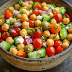 To make a tasty Mediterranean chickpea salad, you need these key ingredients: - 1 can (15 oz) chickpeas, thoroughly rinsed and drained - 1 cup cherry tomatoes, halved - 1/2 cucumber, diced into small cubes - 1/4 red onion, finely chopped - 1/2 red bell pepper, diced into bite-sized pieces - 1/4 cup Kalamata olives, pitted and halved - 1/4 cup feta cheese, crumbled into smaller pieces - 2 tablespoons fresh parsley, finely chopped - 3 tablespoons extra virgin olive oil - 2 tablespoons freshly squeezed lemon juice - 1 teaspoon dried oregano - Salt and freshly ground black pepper, to taste These ingredients form a bright and fresh base for your salad. The chickpeas add protein, while the veggies give you crunch and flavor. You can enhance your salad with some optional ingredients: - 1/2 avocado, diced - 1/4 cup artichoke hearts, chopped - 1/4 cup sundried tomatoes, chopped - Fresh mint leaves, for a refreshing twist Adding these ingredients can give your salad a unique taste and texture. Try different combinations to find your favorite mix. To prepare your Mediterranean chickpea salad, gather these tools: - A large mixing bowl - A small bowl for the dressing - A cutting board - A sharp knife - A whisk or fork for mixing Having the right tools makes the process easier. It helps you chop, mix, and serve your salad with ease. For the full recipe, be sure to check out the detailed instructions. First, gather all your ingredients. You will need chickpeas, cherry tomatoes, cucumber, red onion, red bell pepper, Kalamata olives, feta cheese, and parsley. Rinse the chickpeas well and drain them. Next, cut the cherry tomatoes in half. Dice the cucumber into small cubes. Chop the red onion finely and cut the red bell pepper into bite-sized pieces. Halve the Kalamata olives and crumble the feta cheese. Finally, finely chop the parsley. In a large bowl, combine the chickpeas, cherry tomatoes, cucumber, red onion, and red bell pepper. Mix them well. Now, gently add the Kalamata olives, feta cheese, and parsley. Stir everything together carefully, so you don't mash the chickpeas. This step helps to blend all the flavors and gives a colorful look to the salad. Take a small bowl and add the extra virgin olive oil, freshly squeezed lemon juice, dried oregano, and a pinch of salt and pepper. Whisk these ingredients together until they blend well. Drizzle this dressing over the salad mixture. Use a spatula or spoon to toss the salad gently. Make sure every piece of salad gets coated with the dressing. Let the salad sit for at least 10 minutes. This allows the flavors to meld together beautifully. For the full recipe, check out the Mediterranean Chickpea Salad. To make your Mediterranean chickpea salad burst with flavor, use fresh ingredients. Fresh herbs like parsley add bright notes. I love using ripe cherry tomatoes for their sweetness. They really stand out in this dish. Add a pinch of salt to taste, as it can boost the flavors in the salad. Allow the salad to sit for about 10 minutes before serving. This lets the flavors mix well. If you want to be extra bold, try adding a splash of red wine vinegar to the dressing. It gives a nice kick! One common mistake is not rinsing the chickpeas. Rinsing removes excess sodium and enhances flavor. Another error is using pre-cut veggies. Freshly chopped veggies taste much better. Avoid over-mixing the salad once you add the dressing. This keeps the textures nice and crunchy. Lastly, don't skip the lemon juice. It brightens every bite and ties the dish together. To present the salad beautifully, use a large, colorful bowl. A clear glass bowl shows off the vibrant colors. Consider garnishing with extra chopped parsley and Kalamata olives on top. This adds a nice visual touch. You can also serve it alongside pita chips for a fun crunch. For a more elegant look, plate individual servings in small bowls. It makes everyone feel special! {{image_4}} Adding avocado to your Mediterranean chickpea salad makes it creamy and rich. The soft texture of avocado pairs nicely with the crunchy vegetables. To make this version, simply dice one ripe avocado and fold it into the salad before serving. It adds healthy fats and a fresh flavor. You can also sprinkle a little lime juice over the avocado to keep it from browning. If you want to make this salad vegan, you can easily skip the feta cheese. For a cheesy flavor, try using nutritional yeast. It gives a nice taste and is packed with nutrients. You can also add more vegetables, like artichokes or spinach, for extra texture and flavor. This way, you keep it delicious and plant-based. Chickpeas are naturally gluten-free, which makes this salad a great option. Just ensure that all added ingredients, like olives and dressings, are gluten-free. You can also add quinoa or brown rice for a heartier meal. These grains bring a nice chewiness and help fill you up. Always check labels to avoid any hidden gluten ingredients. For the full recipe, check out the details below. To keep your Mediterranean chickpea salad fresh, store it in an airtight container. This helps prevent moisture loss and keeps flavors intact. You can use glass or plastic containers. Just make sure they seal tightly. Place the salad in the fridge right after serving. Keeping it cool helps maintain taste and texture. You don’t need to reheat this salad, as it’s best enjoyed cold. However, if you prefer it warm, heat it gently. Use a skillet over low heat. Stir often to avoid burning. Heat for just a few minutes until it’s warm throughout. When stored properly, the salad lasts up to three days in the fridge. After three days, flavors may fade, and veggies might get soggy. Always check for any off smells or changes in texture before eating. For best taste, enjoy within the first two days. For the full recipe, refer to the earlier section. You can add many tasty things to your salad. Here are some great ideas: - Spinach: Fresh spinach adds a nice crunch. - Artichokes: Marinated artichokes bring a unique flavor. - Avocado: Creamy avocado makes the salad richer. - Roasted red peppers: They add sweetness and color. - Sun-dried tomatoes: They give a burst of flavor. Feel free to mix and match ingredients to suit your taste. The Mediterranean diet is all about fresh, vibrant flavors, so get creative! You can store your salad in the fridge for about three to four days. Make sure to keep it in an airtight container. This helps keep it fresh. If you notice any changes in smell or color, it’s best to toss it out. Yes, you can make this salad ahead of time. It tastes even better after a few hours. The flavors blend well when it sits. You can prepare it a day in advance. Just remember to add the dressing right before serving. This keeps the salad crisp and fresh. Check out the Full Recipe for easy steps! This blog post covered how to make a tasty Mediterranean Chickpea Salad. You learned about essential and optional ingredients, plus handy tools for prep. I also shared simple steps for mixing and dressing the salad. You now know tips to boost flavor, common mistakes to avoid, and creative serving ideas. Variations like avocado and vegan options add fun twists. Proper storage keeps your salad fresh. With these insights, you can make a delicious salad that everyone will enjoy!