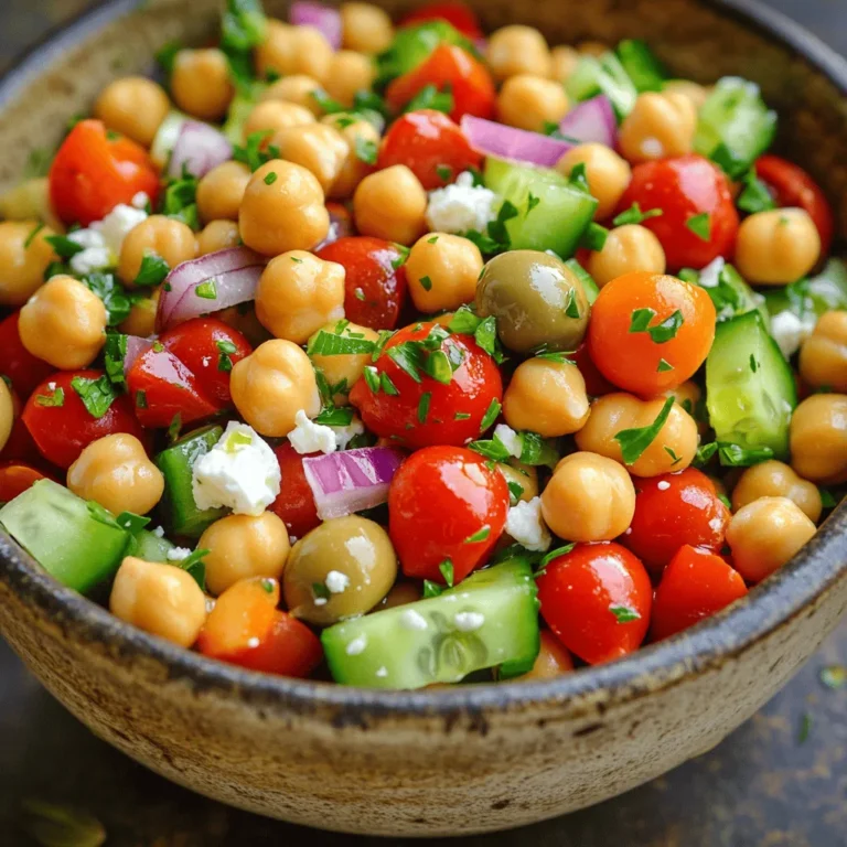To make a tasty Mediterranean chickpea salad, you need these key ingredients: - 1 can (15 oz) chickpeas, thoroughly rinsed and drained - 1 cup cherry tomatoes, halved - 1/2 cucumber, diced into small cubes - 1/4 red onion, finely chopped - 1/2 red bell pepper, diced into bite-sized pieces - 1/4 cup Kalamata olives, pitted and halved - 1/4 cup feta cheese, crumbled into smaller pieces - 2 tablespoons fresh parsley, finely chopped - 3 tablespoons extra virgin olive oil - 2 tablespoons freshly squeezed lemon juice - 1 teaspoon dried oregano - Salt and freshly ground black pepper, to taste These ingredients form a bright and fresh base for your salad. The chickpeas add protein, while the veggies give you crunch and flavor. You can enhance your salad with some optional ingredients: - 1/2 avocado, diced - 1/4 cup artichoke hearts, chopped - 1/4 cup sundried tomatoes, chopped - Fresh mint leaves, for a refreshing twist Adding these ingredients can give your salad a unique taste and texture. Try different combinations to find your favorite mix. To prepare your Mediterranean chickpea salad, gather these tools: - A large mixing bowl - A small bowl for the dressing - A cutting board - A sharp knife - A whisk or fork for mixing Having the right tools makes the process easier. It helps you chop, mix, and serve your salad with ease. For the full recipe, be sure to check out the detailed instructions. First, gather all your ingredients. You will need chickpeas, cherry tomatoes, cucumber, red onion, red bell pepper, Kalamata olives, feta cheese, and parsley. Rinse the chickpeas well and drain them. Next, cut the cherry tomatoes in half. Dice the cucumber into small cubes. Chop the red onion finely and cut the red bell pepper into bite-sized pieces. Halve the Kalamata olives and crumble the feta cheese. Finally, finely chop the parsley. In a large bowl, combine the chickpeas, cherry tomatoes, cucumber, red onion, and red bell pepper. Mix them well. Now, gently add the Kalamata olives, feta cheese, and parsley. Stir everything together carefully, so you don't mash the chickpeas. This step helps to blend all the flavors and gives a colorful look to the salad. Take a small bowl and add the extra virgin olive oil, freshly squeezed lemon juice, dried oregano, and a pinch of salt and pepper. Whisk these ingredients together until they blend well. Drizzle this dressing over the salad mixture. Use a spatula or spoon to toss the salad gently. Make sure every piece of salad gets coated with the dressing. Let the salad sit for at least 10 minutes. This allows the flavors to meld together beautifully. For the full recipe, check out the Mediterranean Chickpea Salad. To make your Mediterranean chickpea salad burst with flavor, use fresh ingredients. Fresh herbs like parsley add bright notes. I love using ripe cherry tomatoes for their sweetness. They really stand out in this dish. Add a pinch of salt to taste, as it can boost the flavors in the salad. Allow the salad to sit for about 10 minutes before serving. This lets the flavors mix well. If you want to be extra bold, try adding a splash of red wine vinegar to the dressing. It gives a nice kick! One common mistake is not rinsing the chickpeas. Rinsing removes excess sodium and enhances flavor. Another error is using pre-cut veggies. Freshly chopped veggies taste much better. Avoid over-mixing the salad once you add the dressing. This keeps the textures nice and crunchy. Lastly, don't skip the lemon juice. It brightens every bite and ties the dish together. To present the salad beautifully, use a large, colorful bowl. A clear glass bowl shows off the vibrant colors. Consider garnishing with extra chopped parsley and Kalamata olives on top. This adds a nice visual touch. You can also serve it alongside pita chips for a fun crunch. For a more elegant look, plate individual servings in small bowls. It makes everyone feel special! {{image_4}} Adding avocado to your Mediterranean chickpea salad makes it creamy and rich. The soft texture of avocado pairs nicely with the crunchy vegetables. To make this version, simply dice one ripe avocado and fold it into the salad before serving. It adds healthy fats and a fresh flavor. You can also sprinkle a little lime juice over the avocado to keep it from browning. If you want to make this salad vegan, you can easily skip the feta cheese. For a cheesy flavor, try using nutritional yeast. It gives a nice taste and is packed with nutrients. You can also add more vegetables, like artichokes or spinach, for extra texture and flavor. This way, you keep it delicious and plant-based. Chickpeas are naturally gluten-free, which makes this salad a great option. Just ensure that all added ingredients, like olives and dressings, are gluten-free. You can also add quinoa or brown rice for a heartier meal. These grains bring a nice chewiness and help fill you up. Always check labels to avoid any hidden gluten ingredients. For the full recipe, check out the details below. To keep your Mediterranean chickpea salad fresh, store it in an airtight container. This helps prevent moisture loss and keeps flavors intact. You can use glass or plastic containers. Just make sure they seal tightly. Place the salad in the fridge right after serving. Keeping it cool helps maintain taste and texture. You don’t need to reheat this salad, as it’s best enjoyed cold. However, if you prefer it warm, heat it gently. Use a skillet over low heat. Stir often to avoid burning. Heat for just a few minutes until it’s warm throughout. When stored properly, the salad lasts up to three days in the fridge. After three days, flavors may fade, and veggies might get soggy. Always check for any off smells or changes in texture before eating. For best taste, enjoy within the first two days. For the full recipe, refer to the earlier section. You can add many tasty things to your salad. Here are some great ideas: - Spinach: Fresh spinach adds a nice crunch. - Artichokes: Marinated artichokes bring a unique flavor. - Avocado: Creamy avocado makes the salad richer. - Roasted red peppers: They add sweetness and color. - Sun-dried tomatoes: They give a burst of flavor. Feel free to mix and match ingredients to suit your taste. The Mediterranean diet is all about fresh, vibrant flavors, so get creative! You can store your salad in the fridge for about three to four days. Make sure to keep it in an airtight container. This helps keep it fresh. If you notice any changes in smell or color, it’s best to toss it out. Yes, you can make this salad ahead of time. It tastes even better after a few hours. The flavors blend well when it sits. You can prepare it a day in advance. Just remember to add the dressing right before serving. This keeps the salad crisp and fresh. Check out the Full Recipe for easy steps! This blog post covered how to make a tasty Mediterranean Chickpea Salad. You learned about essential and optional ingredients, plus handy tools for prep. I also shared simple steps for mixing and dressing the salad. You now know tips to boost flavor, common mistakes to avoid, and creative serving ideas. Variations like avocado and vegan options add fun twists. Proper storage keeps your salad fresh. With these insights, you can make a delicious salad that everyone will enjoy!