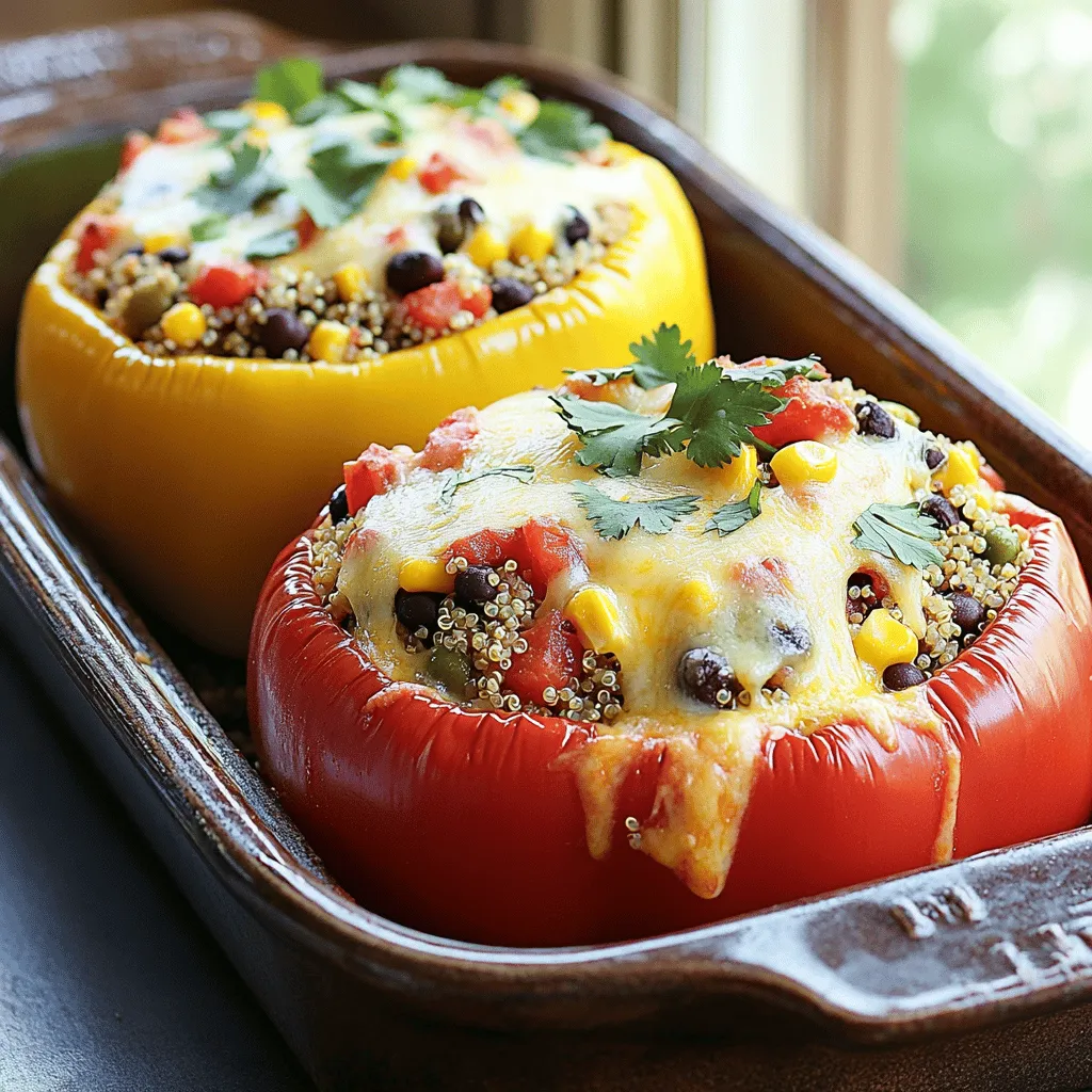 To make stuffed bell peppers with quinoa, you'll need: - 4 large bell peppers (any color you prefer) - 1 cup quinoa, thoroughly rinsed - 2 cups vegetable broth - 1 can (15 oz) black beans, drained and rinsed - 1 cup corn (fresh or frozen) - 1 cup diced tomatoes (canned or fresh) - 1 small onion, finely chopped - 2 cloves garlic, minced - 1 teaspoon ground cumin - 1 teaspoon smoked paprika - Salt and pepper, to taste - 1 cup shredded cheese (cheddar, Monterey jack, or a blend) - Fresh cilantro or parsley for garnish (optional) If you can't find certain ingredients, here are some easy swaps: - Quinoa: Use brown rice or couscous. - Black beans: Substitute with kidney beans or chickpeas. - Corn: You can use peas or skip it entirely. - Diced tomatoes: Fresh tomatoes or tomato sauce work too. - Cheese: Try dairy-free cheese for a vegan option. These stuffed peppers offer great nutrition: - Quinoa: A complete protein with fiber. - Black beans: Packed with protein and iron. - Bell peppers: High in vitamins A and C. - Corn: Provides fiber and B vitamins. - Cheese: Adds calcium and protein. Each stuffed pepper is a balanced meal, rich in nutrients that keep you full and happy. First, preheat your oven to 375°F (190°C). This step warms up the oven for baking later. Next, rinse 1 cup of quinoa thoroughly. This removes any bitter taste. In a medium pot, bring 2 cups of vegetable broth to a boil. Add the rinsed quinoa and lower the heat. Cover the pot and let it simmer for about 15 minutes. The quinoa will absorb the broth and become fluffy. While the quinoa cooks, prepare the bell peppers. Take 4 large bell peppers and slice off their tops. Remove the seeds and membranes gently. Brush the outside of the peppers with olive oil. Place them upright in a baking dish. In a large skillet, heat a drizzle of olive oil over medium heat. Add the finely chopped onion and minced garlic. Sauté for 3 to 4 minutes until the onion is soft and fragrant. Next, stir in 1 can of black beans, 1 cup of corn, and 1 cup of diced tomatoes. Season with 1 teaspoon of ground cumin and 1 teaspoon of smoked paprika. Mix well. Once everything is combined, fold in the cooked quinoa. Let this mix cook for an additional 5 minutes. Season it with salt and pepper to taste. Once done, take the skillet off the heat and gently mix in half of the shredded cheese. Now, it’s time to stuff the peppers. Fill each bell pepper with the quinoa mixture. Press down lightly to fit it all in. Top each pepper with the remaining cheese. Cover the baking dish with aluminum foil and place it in the preheated oven. Bake for 25 minutes. After 25 minutes, take off the foil. Bake for an extra 10 minutes until the cheese is bubbly and golden brown. Once cooked, let the stuffed peppers cool for a few minutes before serving. You can garnish with fresh cilantro or parsley for extra flavor. Enjoy your flavorful stuffed bell peppers with quinoa! For the full recipe, check out the details provided earlier. To cook quinoa perfectly, rinse it well before using. Rinsing removes a bitter coating called saponin. Use a fine mesh strainer for best results. Cook quinoa with a ratio of 1 cup quinoa to 2 cups vegetable broth for flavor. Bring the broth to a boil, then reduce the heat. Cover the pot and let it simmer for around 15 minutes. Once done, fluff it with a fork. This keeps the grains separate and light. When selecting bell peppers, look for ones that are firm and shiny. They should have smooth skin without blemishes. Choose colors based on your taste; red, yellow, and orange are sweeter. Green peppers are more bitter but still delicious. Check the tops for freshness; they should be bright and green. Avoid peppers with soft spots or wrinkles. For the best cheese melt, use freshly shredded cheese. Pre-shredded cheese may have anti-caking agents that hinder melting. Mix half of the cheese into your filling before stuffing. This helps create a gooey center. Top each pepper with the remaining cheese for a nice crust. When baking, cover the dish with foil for the first part of cooking. This keeps moisture in, ensuring the cheese melts evenly. Remove the foil later for a golden finish. For a complete guide, check the Full Recipe for more details! {{image_4}} You can easily make stuffed bell peppers vegetarian or vegan. For a vegetarian twist, just keep the cheese. If you want it vegan, skip the cheese or use a dairy-free alternative. You can also add more veggies like spinach or mushrooms. These extra ingredients boost flavor and nutrition. This recipe is already gluten-free since quinoa is the main grain. If you want to change it up, use brown rice instead of quinoa. Just remember, brown rice needs more cooking time. Always check your canned goods, like beans or tomatoes, to ensure they are gluten-free. You can get creative with your fillings! Try adding nuts or seeds for crunch. Diced zucchini or carrots also work well. For extra flavor, mix in fresh herbs like basil or oregano. A splash of lime juice can brighten up the dish. These enhancements make each bite even more delicious. For the complete recipe, check out the Full Recipe. Leftover stuffed peppers are easy to store. First, let the peppers cool down. Then, place them in an airtight container. Keep them in the fridge for up to four days. This helps retain their flavor and texture. If you want to keep them longer, freezing is a great option. To reheat stuffed peppers, you have a few options. The best way is to use an oven. Preheat your oven to 350°F (175°C). Place the stuffed peppers in a baking dish. Cover them with foil to keep moisture in. Heat for about 20 minutes or until warm. You can also use a microwave. Just place one pepper on a microwave-safe plate. Heat for 1-2 minutes, checking to ensure it’s hot throughout. Freezing stuffed peppers is simple. After cooking, allow them to cool completely. Wrap each pepper in plastic wrap, then place them in a freezer-safe bag. Label the bag with the date. Frozen peppers can last up to three months. When you’re ready to eat, thaw them overnight in the fridge. Then, reheat them as mentioned above. This makes meal prep easy and delicious! For the full recipe, check out the main article. Yes, you can make stuffed bell peppers ahead of time. Prepare the quinoa filling and stuff the peppers. Then, cover them well and store in the fridge for up to two days. When you are ready to eat, bake them straight from the fridge. This method saves time and helps you enjoy a quick meal. Stuffed bell peppers pair well with many sides. Here are some ideas: - A fresh green salad with a light dressing - Steamed vegetables like broccoli or green beans - A side of rice or quinoa for extra fiber - Homemade salsa or guacamole for added flavor These options keep your meal balanced and delicious! Absolutely! Stuffed bell peppers are perfect for meal prep. They store well and reheat nicely. You can make a batch over the weekend and enjoy them throughout the week. Just follow the Full Recipe and store them in airtight containers. This way, you have tasty meals ready when you need them! We explored how to make delicious stuffed bell peppers with quinoa. We covered key ingredients, cooking steps, and helpful tips. Remember, you can choose different fillings and adjust ingredients to fit your needs. Storing leftovers and reheating them is easy. This dish works well for meal prep, making it a perfect choice for busy days. Enjoy crafting your version of this tasty meal!
