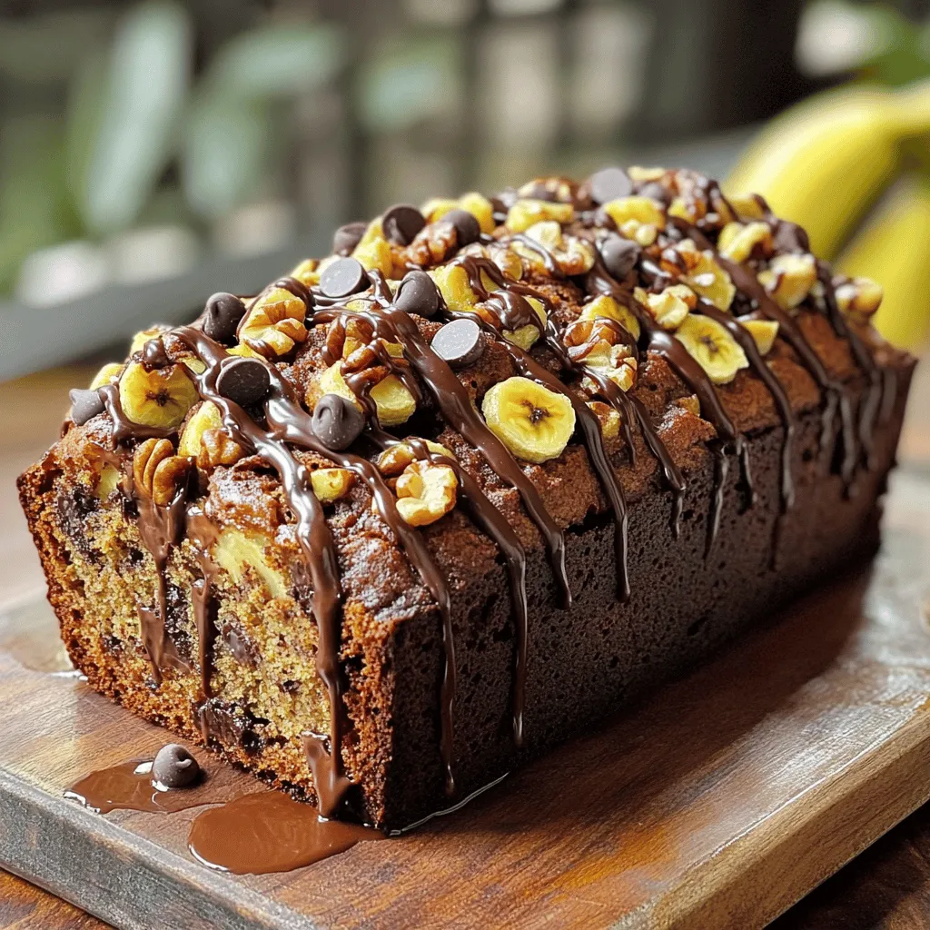 To make a delightful chocolate chip banana bread, you need some key ingredients. Here’s what you will need: - 3 ripe bananas, thoroughly mashed - 1/2 cup coconut oil, melted (or unsalted butter) - 1/2 cup packed brown sugar - 1/4 cup granulated sugar - 2 large eggs, beaten until frothy - 1 teaspoon pure vanilla extract - 1 teaspoon baking soda - 1/2 teaspoon fine salt - 1 1/2 cups all-purpose flour - 1 cup semi-sweet chocolate chips These ingredients work together to create a soft and sweet bread. The ripe bananas add moisture and flavor, while the sugars give it that lovely sweetness. You can make this banana bread your own with some optional ingredients. Consider adding: - 1/2 cup chopped walnuts or pecans - A pinch of cinnamon for warmth - A splash of milk for extra moisture These additions can enhance the flavor and texture of your banana bread. You can also adjust the amount of chocolate chips based on your taste. Not every ingredient is set in stone. Here are some substitutions and add-ons you can use: - Substitute coconut oil with applesauce for a lower-fat option. - Use almond flour for a gluten-free version. - Swap the semi-sweet chocolate chips with dark chocolate for a richer taste. These changes can help cater to your dietary needs or simply switch up the flavors. Feel free to experiment and find what you love best. For the complete recipe with detailed instructions, check the Full Recipe. Start by preheating your oven to 350°F (175°C). This step is key to getting that perfect bake. While the oven heats, grab a 9x5-inch loaf pan. Grease it with butter or cooking spray, or line it with parchment paper. This makes it easy to remove the bread later. In a large bowl, mash three ripe bananas until smooth. Add 1/2 cup of melted coconut oil or unsalted butter. Mix these two together well. Next, add 1/2 cup of packed brown sugar and 1/4 cup of granulated sugar. Stir until the mixture feels smooth and creamy. Then, add two large beaten eggs and 1 teaspoon of pure vanilla extract. Mix everything until it is well blended. Sprinkle 1 teaspoon of baking soda and 1/2 teaspoon of fine salt over the wet mixture. Gently stir these in. Now, gradually add 1 1/2 cups of all-purpose flour. Use a spatula or wooden spoon to fold it in. Mix just until you no longer see dry flour. This helps keep your banana bread light. Finally, fold in 1 cup of semi-sweet chocolate chips. If you like, add 1/2 cup of chopped walnuts or pecans. Make sure these are well mixed but don’t overwork the batter. Now, pour the batter into your prepared loaf pan. Smooth out the top for even baking. To keep your banana bread moist and fluffy, use very ripe bananas. Look for bananas with lots of brown spots. The riper the banana, the sweeter and more flavorful it is. Don't skip the step of mixing the wet ingredients well. This helps the sugar blend and dissolve. Also, avoid overmixing when adding the flour. Mix just until you see no dry flour; this keeps the bread light. Always preheat your oven to 350°F (175°C) before baking. This helps your bread rise evenly. Use the middle rack for the best heat circulation. Check your banana bread around 55 minutes. Insert a toothpick in the center. If it comes out clean or with a few moist crumbs, it's done. If it’s still wet, bake it for a few more minutes. If your banana bread is too dense, you may have overmixed the batter or used too much flour. Measure your flour correctly by spooning it into the cup, then leveling it off. If your bread is dry, try adding a little more banana or coconut oil next time. If it sinks in the middle, you might have opened the oven too early. Keep the oven door closed until the minimum baking time is up. {{image_4}} To make vegan chocolate chip banana bread, you can swap out the eggs and butter. Use flax eggs instead of regular eggs. To make a flax egg, mix 1 tablespoon of ground flaxseed with 3 tablespoons of water. Let it sit for five minutes to thicken. For butter, use coconut oil or any plant-based butter. This will keep your bread moist and delicious. You will still enjoy that rich chocolate flavor without any animal products. If you need gluten-free banana bread, replace the all-purpose flour with a gluten-free blend. Many stores sell these blends that work well in baking. Check that your baking soda is gluten-free too. Almond flour or oat flour can also work, but they may change the texture. You might want to add a little extra moisture if you use these flours. Your banana bread will still be soft and tasty. You can easily add more flavors to your banana bread. Try adding spices like cinnamon or nutmeg for warmth. These spices pair well with the sweetness of bananas and chocolate. You can also mix in other fruits, like chopped apples or berries. They can add a nice burst of flavor. For a nutty twist, use different nuts like pecans or macadamia nuts. These small changes can make your banana bread unique and exciting. For a complete guide, check out the Full Recipe. To keep your banana bread fresh, store it in an airtight container. You can also wrap it tightly in plastic wrap. This helps keep moisture in and prevents it from drying out. Place it in a cool spot in your kitchen. Avoid direct sunlight, as heat can speed up spoilage. Properly stored, your banana bread can last for about 3 to 4 days at room temperature. If you want to keep it longer, consider freezing it. Freezing banana bread is simple and effective. First, let the bread cool completely. This prevents condensation from making it soggy. Wrap the entire loaf in plastic wrap. For extra protection, wrap it again in aluminum foil or place it in a freezer bag. Label it with the date. You can freeze it for up to 3 months. When you’re ready to enjoy it, just thaw it in the fridge overnight. Reheating banana bread can restore its warmth and flavor. Preheat your oven to 350°F (175°C). Place slices on a baking sheet. Heat for about 10 minutes, or until warm. You can also use a microwave. Place a slice on a plate and cover it with a damp paper towel. Heat for about 15 to 20 seconds. Be careful not to overheat, as this can make it tough. Enjoy your banana bread warm, fresh, and tasty! If your banana bread turns out too dense, it may be due to overmixing. Be gentle when combining the flour. Another reason could be too much flour. Always measure flour correctly by spooning it into a cup and leveling it off. Adding a bit more baking soda can help lighten the bread too. Yes, you can absolutely use frozen bananas! Just thaw them first. Frozen bananas often become extra sweet. This can make your bread even tastier. Drain any excess liquid after thawing to avoid a soggy texture. To make banana bread without eggs, use mashed bananas or applesauce as substitutes. You can use 1/4 cup of applesauce for each egg. This keeps the bread moist and fluffy, just like the eggs would. The best toppings for chocolate chip banana bread include a light dusting of powdered sugar. You can also add a drizzle of melted chocolate or a spread of cream cheese. Sliced bananas on top with nuts add a fun twist. For the full recipe, including detailed instructions and helpful tips, check out the [Full Recipe](#). In this blog post, we explored how to make the best chocolate chip banana bread. We covered the essential and optional ingredients, step-by-step instructions, and helpful tips for perfect results. You can even try variations like vegan or gluten-free options. Remember to store any leftovers properly, so they stay fresh. With these insights, you'll bake delicious banana bread every time. Enjoy sharing your tasty creations!
