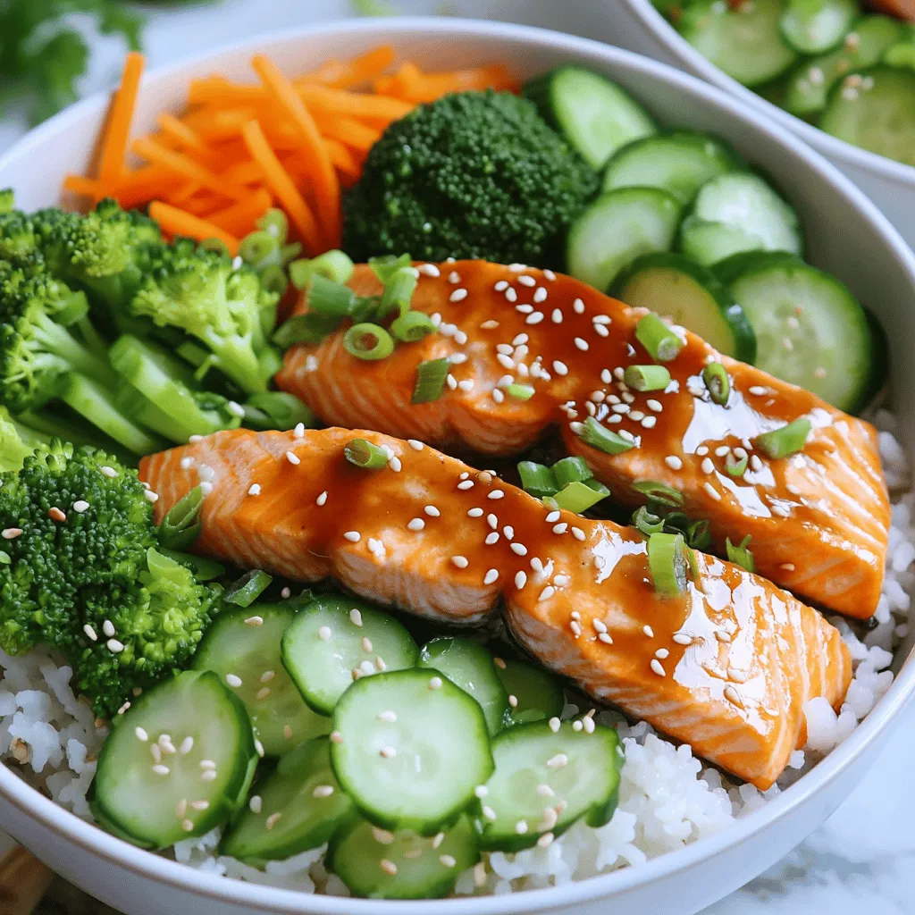 - 2 salmon fillets (approximately 6 oz each) - 1/4 cup teriyaki sauce (choose homemade or store-bought quality) - 1 cup cooked jasmine rice - 1 cup broccoli florets - 1 carrot, finely julienned - 1/2 cucumber, thinly sliced into rounds - 2 green onions, finely chopped - 1 tablespoon sesame seeds - Optional: pickled ginger for a zesty garnish When making teriyaki salmon bowls, I focus on fresh, high-quality ingredients. The salmon fillets are the star of the dish. I recommend using wild-caught salmon for the best flavor. Teriyaki sauce adds a sweet and savory touch. You can make your own or pick a great store-bought option. I love pairing the rich salmon with jasmine rice. The rice serves as a nice base for the bowl. It absorbs the flavors well and adds a nice texture. Next, I add fresh vegetables for color and crunch. Broccoli florets bring a bright green hue and a slight bite. Julienned carrots add a sweet crunch, while thin cucumber rounds give a refreshing crunch in each bite. For garnishes, I like using chopped green onions and sesame seeds. They add texture and flavor. If you want a little zing, serve pickled ginger on the side. It’s a nice touch that brightens up the dish. This dish is not only delicious but also healthy. You can find the full recipe to create these teriyaki salmon bowls easily at home. To start, marinate your salmon fillets in teriyaki sauce. Let them soak for 15 to 30 minutes. This time allows the fish to absorb the sweet and savory flavors. You can use either homemade teriyaki sauce or a quality store-bought option. Both work well, but homemade sauce often tastes fresher and richer. Next, let's prepare the vegetables. Bring a medium pot of water to a boil. Add the broccoli florets and blanch them for about 2 to 3 minutes. This quick cooking makes them bright green and slightly tender. Once done, transfer the broccoli to a bowl of ice water. This stops the cooking and helps keep the color. After a few minutes, drain the broccoli and set it aside. Now, take your carrot and julienne it into thin strips. For the cucumber, slice it into thin rounds. Both add crunch and color to your bowl. Now it's time to cook the salmon. Heat a large skillet over medium heat and add the olive oil. Carefully place the marinated salmon fillets in the skillet. Cook each side for about 4 to 5 minutes, or until the salmon is fully cooked and flakes easily. The fish should have a nice golden color. Once cooked, remove the salmon from the skillet and slice it into manageable strips. After cooking, you can assemble your teriyaki salmon bowls. Start with a base of cooked jasmine rice. Then, layer the salmon strips on top, followed by the blanched broccoli, julienned carrots, and sliced cucumber. This creates a colorful and tasty meal. You can drizzle a bit more teriyaki sauce on top for extra flavor. Finish with chopped green onions and sesame seeds for some crunch. For a zesty touch, serve pickled ginger on the side. This adds a nice contrast to the dish. Don't forget, you can find the full recipe [here](#). When selecting salmon, fresh is often best. Fresh salmon has a bright color and a clean scent. Frozen salmon is also good. It can be just as tasty if thawed properly. Look for wild-caught salmon when available. It usually has better flavor and texture. You can choose skin-on or skinless salmon. Skin-on salmon keeps the fish moist while cooking. It also adds a nice crunch when seared. Skinless salmon cooks faster and is easier to eat. Both types work well, so pick what you like! For the teriyaki sauce, you have options. You can make your own or buy a quality store-bought brand. Homemade teriyaki sauce is simple and tasty. It lets you control the sweetness and saltiness. If you're in a hurry, a good store-bought sauce works great too. To enhance the flavor, consider adding ginger or garlic. A little sesame oil can also deepen the taste. Experiment with red pepper flakes if you like heat. Just a pinch can add a nice kick! When assembling your bowls, start with the rice. Jasmine rice is soft and fragrant. Place it at the bottom of each bowl. Next, add your cooked salmon strips. This keeps the fish warm and flavorful. Layer in your veggies next. Arrange blanched broccoli, julienned carrots, and cucumber slices in colorful patterns. For extra flair, sprinkle green onions on top. Sesame seeds add a delightful crunch. You can also get creative with garnishes. Try adding avocado slices or a dash of chili oil. Pickled ginger on the side gives a zesty touch. These small details make your meal look and taste gourmet! For the full recipe, don't forget to check out the detailed steps! {{image_4}} You can swap salmon for chicken or tofu. Chicken gives you a leaner option. Just marinate it in the same teriyaki sauce. Cook it on medium heat until it’s no longer pink. Tofu is a great plant-based choice. Press out excess water, then cut it into cubes. Marinate and cook until golden brown. Both options keep the dish tasty and filling. While jasmine rice is classic, you can try other grains. Quinoa adds a nutty taste and is rich in protein. Brown rice offers a hearty texture and is full of fiber. If you want a low-carb option, cauliflower rice works well. Each base brings a unique flavor to your teriyaki salmon bowls. Want to spice things up? Add sriracha or chili flakes for heat. This twist makes each bite exciting. For a sweeter taste, toss in some pineapple or mango chunks. Their juicy sweetness balances the savory teriyaki sauce. You can mix and match these ideas to create your perfect bowl. Check out the Full Recipe for more inspiration! To keep your leftover salmon bowls fresh, store them in the fridge. Place the bowls in an airtight container. This helps prevent any odors from mixing and keeps the flavors intact. The salmon bowls will last for up to three days in the refrigerator. Choose glass or BPA-free plastic containers for storage. They are safe and help maintain the quality of the food. Make sure to let the bowls cool before sealing them. This step helps avoid moisture build-up that can affect the texture. You have two great options for reheating your salmon bowls: the microwave or the oven. To use the microwave, transfer the food to a microwave-safe dish. Heat it on medium power for about 1-2 minutes. Stir the bowl halfway through to ensure even heating. If you prefer the oven, preheat it to 350°F (175°C). Place the bowl on a baking sheet and cover it with foil. Heat for about 10-15 minutes. This method keeps the salmon moist and prevents it from drying out. You can freeze your teriyaki salmon bowls for longer storage. It’s best to freeze the components separately. Pack the salmon, rice, and vegetables in different airtight containers. This keeps each part fresh and flavorful. When ready to eat, thaw the ingredients overnight in the fridge. Reheat them as described above. Enjoy your delicious meal whenever you want! For the Full Recipe, dive back into the steps and get cooking. To make teriyaki salmon bowls, you’ll follow a few key steps: - Marinate the salmon fillets in teriyaki sauce for 15-30 minutes. - Blanch the broccoli in boiling water for 2-3 minutes. - Cook the salmon in a skillet for 4-5 minutes on each side. - Assemble the bowls with rice, salmon, and vegetables. This method keeps everything fresh and flavorful. You can find the full recipe above. If you need a substitute for teriyaki sauce, try these options: - Soy sauce mixed with honey or brown sugar. - Hoisin sauce for a sweeter flavor. - Coconut aminos for a soy-free option. These alternatives will still give you that sweet and savory taste. Yes, you can cook salmon in the oven! Here’s how: - Preheat your oven to 375°F (190°C). - Place the marinated salmon on a baking sheet lined with parchment. - Bake for about 15-20 minutes or until it flakes easily. This method is simple and allows for even cooking. Enjoy the same great flavor! In this post, we explored how to make delicious Teriyaki Salmon Bowls. We covered essential ingredients like salmon, jasmine rice, and fresh veggies. You learned step-by-step how to marinate the salmon, prepare the vegetables, and cook it all together. We shared tips for choosing salmon and perfecting flavor, plus variations for proteins and grains. Teriyaki Salmon Bowls are easy to customize and enjoy. With the right ingredients and techniques, you can create a tasty and healthy meal. Try it out, and make it your own!