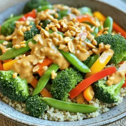 - 1 cup broccoli florets - 1 cup mixed bell peppers, sliced - 1 cup snap peas, trimmed - 1 medium carrot, julienned - 1 medium zucchini, sliced into half-moons - 1/3 cup creamy peanut butter - 2 tablespoons low-sodium soy sauce - 2 tablespoons pure maple syrup - 1 tablespoon rice vinegar - 1 tablespoon toasted sesame oil - 1/4 teaspoon red chili flakes (optional) - Water as needed for consistency - 3 cloves garlic, finely minced - 1 tablespoon fresh ginger, finely minced - Sea salt and freshly cracked black pepper to taste - 1/4 cup unsalted peanuts, finely chopped Gather these ingredients to make a tasty vegetable stir-fry with peanut sauce. Fresh vegetables provide color and crunch, while the peanut sauce adds flavor and creaminess. You can swap in your favorite veggies too. The full recipe guides you through cooking this delicious dish step by step. - Combine peanut butter, soy sauce, maple syrup, rice vinegar, sesame oil, and red chili flakes in a bowl. - Whisk until smooth, adding water for desired consistency. The peanut sauce is a key part of this dish. It adds a rich taste that makes the stir-fry special. You can adjust the heat by adding more red chili flakes if you like it spicy. - Heat olive oil in a skillet over medium-high heat. - Sauté minced garlic and ginger briefly before adding vegetables. - Stir-fry for 5-7 minutes until tender-crisp. Start by heating the oil until it shimmers. This helps the garlic and ginger release their flavors. Be careful not to burn them; just a quick sauté will do! Then, toss in your colorful veggies. Stir-frying keeps them crispy and bright. - Pour peanut sauce over stir-fried vegetables, and toss to coat. - Season to taste and serve garnished with chopped peanuts. - Full Recipe instructions available for reference. Once the veggies are ready, pour that tasty peanut sauce over them. Toss until every piece is coated. Taste and adjust with sea salt and black pepper. Finally, serve it up and sprinkle with chopped peanuts for extra crunch. Enjoy your vibrant and delicious meal! - Consider adding a splash of lime juice for brightness. - For a spicy kick, increase the red chili flakes in the peanut sauce. Adding lime juice brightens the dish. The sour flavor cuts through the rich peanut sauce. It adds a fresh taste that wakes up your palate. I love the extra zing it provides. If you enjoy heat, boost the red chili flakes in the sauce. This will give your stir-fry an exciting kick. - Don't overcook the vegetables; aim for tender yet crisp. - Use a wok for better heat distribution and quicker cooking. To get great texture, don’t overcook the veggies. You want them to be tender but still crisp. Use a wok if you have one. A wok heats evenly and cooks faster. This helps keep your vegetables vibrant and fresh. - Serve over rice, quinoa, or with crusty bread. - Garnish with fresh herbs like cilantro or green onions. I love to serve this stir-fry over fluffy rice or quinoa. It makes a nice base for the sauce. You can also enjoy it with crusty bread for a different twist. For garnishing, add fresh herbs like cilantro or green onions. They add color and a burst of flavor that makes the dish pop. {{image_4}} You can enhance your stir-fry by adding protein. If you want a vegetarian boost, add tofu or tempeh. Both options soak up flavor well and add texture. For a non-vegetarian choice, consider chicken or shrimp. These proteins cook quickly and pair nicely with the peanut sauce. Feel free to mix up the vegetables in your stir-fry. You can substitute or add bok choy, asparagus, or eggplant. Each brings its own taste and crunch. Seasonal vegetables can also bring variety to your dish. Using fresh ingredients keeps it exciting and flavorful. If you want to change things up, try a different nut butter like almond or cashew. Each nut butter offers a unique flavor twist. You can also experiment with sauce ingredients for new profiles. Add lime juice for brightness or sesame seeds for extra crunch. These simple changes can make the dish feel brand new! - Place any leftovers in an airtight container. - Store in the refrigerator for up to 3 days. Leftovers from vegetable stir-fry with peanut sauce are easy to manage. An airtight container keeps the flavors fresh. I recommend eating them within three days for the best taste and texture. - Freeze in individual portions for quick meals later. - Thaw and reheat on the stove for best results. Freezing is a great way to save this dish for later. I suggest freezing in single servings. This way, you can enjoy a quick meal anytime. Thaw the portions in the fridge overnight. Reheat them on the stove for even cooking. - Reheat on medium heat, adding a splash of water if necessary. - Stir until heated through to avoid overcooking the vegetables. When reheating, use medium heat. If the stir-fry feels dry, add a little water. Stir it well to heat everything evenly. This keeps the veggies from getting mushy. Enjoy your stir-fry just as fresh! Yes, frozen vegetables can be used; just adjust cooking time. Frozen veggies save time and still taste great. They might cook a bit faster than fresh ones. So, keep an eye on them while stir-frying. Substitute tamari for soy sauce to make it gluten-free. Tamari offers the same umami flavor without gluten. It's a simple swap that keeps the dish tasty for everyone. This recipe is already vegan-friendly as written. All the ingredients come from plants. You can enjoy it without worrying about meat or dairy. Try adding different nuts or seeds before serving for added texture. Chopped almonds or sunflower seeds work well. They add a nice crunch and extra flavor, making the dish even better. This blog post covers a simple and delicious stir-fried vegetable recipe with peanut sauce. We discussed key ingredients, step-by-step instructions, helpful tips, and tasty variations. Each part of the process builds flavor and texture. Remember, you can swap veggies or proteins to fit your taste. Storing leftovers properly ensures you enjoy this meal again. With a few tweaks, this recipe is great for anyone. Enjoy creating your tasty dish!