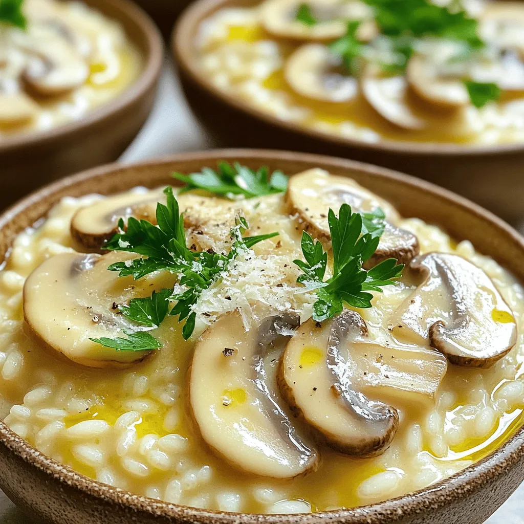 - 1 ½ cups Arborio rice - 4 cups vegetable broth - 1 cup mushrooms (cremini or button), sliced - 1 medium onion, finely chopped - 2 cloves garlic, minced - 1 cup heavy cream - ½ cup grated Parmesan cheese - 2 tablespoons olive oil - 1 tablespoon butter - Salt and freshly ground black pepper to taste - Fresh parsley, chopped (for garnish) To make a creamy mushroom risotto, you need simple and fresh ingredients. Arborio rice is the star here. This rice is starchy, which helps create that perfect creamy texture. You can find it in most grocery stores. Mushrooms add a rich flavor. I love using cremini or button mushrooms, but feel free to experiment. The more variety, the better! Onion and garlic bring depth to the dish. Sauté them in olive oil and butter for a fragrant base. Heavy cream and Parmesan cheese make it rich and indulgent. Don’t forget to season with salt and black pepper. Fresh parsley adds a pop of color and a hint of freshness. Gather these ingredients, and you're ready for the full recipe! First, pour 4 cups of vegetable broth into a medium saucepan. Heat it over low heat. It is important to keep the broth warm. This helps the rice cook evenly. A warm broth gives risotto its creamy texture. In a large skillet, combine 2 tablespoons of olive oil and 1 tablespoon of butter. Heat them over medium heat until the butter melts. Then, add 1 finely chopped onion. Cook the onion for about 3-4 minutes. Stir occasionally until it is soft and see-through. This step builds a great base flavor for the risotto. Now, add 1 ½ cups of Arborio rice to the skillet. Stir constantly for about 2 minutes. This toasts the rice and adds flavor. After that, start adding the warm vegetable broth. Use one ladle at a time. Stir the rice as it absorbs the broth. Continue this for about 18-20 minutes. The rice should be tender yet firm to the bite, with a creamy look. Once the rice is cooked, reduce the heat to low. Gently mix in 1 cup of heavy cream and ½ cup of grated Parmesan cheese. Stir well until everything is combined and creamy. Now, taste your risotto. Add salt and freshly ground black pepper to suit your taste. Let it rest for about a minute before serving. This helps thicken the risotto further. For the full recipe, check out the Creamy Mushroom Risotto Delight. To make creamy mushroom risotto, you must stir constantly. This helps release starch from the rice. The starch creates a smooth texture. You’ll know the rice is done when it is tender but still has a slight bite. This is called "al dente". Herbs and spices can make a big difference. Try adding thyme or rosemary for extra flavor. You can also use garlic powder if you love a garlicky taste. When choosing broth, homemade is best for taste. Store-bought broth works too, but check for low sodium options. Serving your risotto can be fun. Use shallow bowls for an elegant look. Garnish with fresh parsley and a sprinkle of Parmesan cheese. A drizzle of olive oil adds a nice touch. These simple steps make your dish stand out and look beautiful. For the full recipe, check the link above. {{image_4}} To make a vegan creamy mushroom risotto, you need to swap out heavy cream and cheese. Use coconut cream or cashew cream for a rich flavor. They add a nice creaminess without dairy. For cheese, nutritional yeast works great. It brings a cheesy taste without using animal products. When it comes to broth, stick with vegetable broth. It keeps the dish vegan. You can also try mushroom broth for an extra depth of flavor. For mushrooms, shiitake and portobello are great choices. They both have a hearty texture and bold taste. If you're gluten-free, select Arborio rice. It’s naturally gluten-free and perfect for risotto. For broth, ensure it is gluten-free too. Many store-bought broths are safe, but check the label. You can also use gluten-free grains like quinoa. It cooks differently but can create a tasty risotto-like dish. You can experiment with wild mushrooms for new flavors. Try chanterelles, morels, or oyster mushrooms. Each type brings its unique taste to the dish. Wild mushrooms can have a stronger flavor. This can change the whole profile of your risotto. Mixing different types of mushrooms can also add depth. The variety keeps things interesting and exciting. For the full recipe, click [Full Recipe]. To store leftover risotto, let it cool completely. Then, place it in an airtight container. You can keep it in the fridge for up to three days. When you're ready to eat, the best way to reheat risotto is on the stove. Add a splash of broth or water to help bring back its creamy texture. Stir often to avoid sticking. Heat it on low until warmed through. If you want to freeze creamy mushroom risotto, first cool it fully. Then, put it in a freezer-safe container. It can last up to three months in the freezer. To reheat, thaw it in the fridge overnight. Then, heat it gently on the stove with a little broth or water. This helps maintain its creamy texture. Stir frequently as you heat it. Enjoy your risotto just like fresh! For the full recipe, check out the earlier sections. Yes, you can make risotto ahead of time. To prepare risotto in advance, cook it fully but leave it a bit underdone. This way, it will not become mushy. Store it in an airtight container in the fridge for up to three days. When you reheat it, add a little broth to bring it back to a creamy texture. Arborio rice is the best choice for risotto. It has high starch content, which gives risotto its creamy texture. Other options include Carnaroli and Vialone Nano, both of which also create a rich dish. Regular rice will not work well, as it lacks the right starch. If your risotto is overcooked, try adding a bit of broth or cream to loosen it. Stir in some Parmesan cheese to help it become creamy again. You can also add fresh herbs or vegetables for extra flavor. If it’s still too mushy, use it as a filling for stuffed peppers or as a base for a casserole. Yes, this creamy mushroom risotto is gluten-free. All the ingredients listed, like Arborio rice and vegetable broth, are naturally gluten-free. Always check labels on store-bought broth to confirm they do not have gluten. This makes it a safe choice for those with gluten allergies. To make risotto less creamy, reduce the amount of heavy cream. You can also use less broth during cooking. Stir in more vegetables, like peas or spinach, to add texture and flavor. Using less cheese will also help in reducing the creaminess while keeping it tasty. For a lighter dish, consider adding a splash of white wine instead. Creamy mushroom risotto is a delightful dish, perfect for any occasion. We covered each step, from gathering ingredients to achieving that creamy texture. Remember, constant stirring and quality broth are key. You can also customize this dish with vegan or gluten-free options. In the end, risotto is all about your personal touch. So, experiment and enjoy the cooking process! With practice, you’ll create a risotto that impresses everyone at your table.
