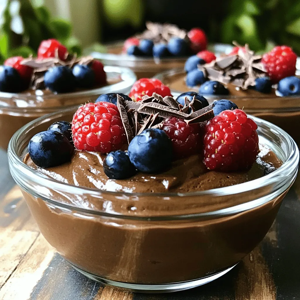 To make this vegan chocolate avocado mousse, you need a few simple and wholesome ingredients. Here’s what you’ll need: - 2 ripe avocados, preferably Hass - 1/2 cup unsweetened cocoa powder, sifted - 1/4 cup pure maple syrup - 1/4 cup almond milk (or any preferred plant-based milk) - 2 teaspoons pure vanilla extract - A pinch of fine sea salt - Fresh berries (for garnish) - Shaved dark chocolate (dairy-free optional) Using ripe avocados is key. They give the mousse a creamy texture. The cocoa powder adds rich chocolate flavor, while maple syrup provides natural sweetness. Almond milk keeps it light and plant-based. Vanilla extract adds depth, and salt enhances all the flavors. When you add fresh berries and dark chocolate on top, it looks beautiful and tastes even better. This recipe is not only simple but also healthy. You can find the full recipe online if you want to dive deeper into the steps. Enjoy creating this delightful dessert! - Cut avocados in half and remove pits. - Scoop avocado flesh into a blender. To start, grab your ripe avocados. Cut them in half carefully. Remove the pits with a spoon or knife. Be careful not to cut yourself. Then, use a spoon to scoop out the creamy flesh into a blender. Make sure to get every bit of that green goodness! - Add cocoa powder, maple syrup, almond milk, vanilla, and salt. - Blend until smooth and creamy. Next, add your ingredients into the blender. Include the cocoa powder, maple syrup, almond milk, vanilla, and a pinch of salt. The cocoa powder gives the mousse its rich chocolate taste. Blend at high speed. Stop to scrape the sides if needed. Keep blending until it becomes smooth and creamy. You want it to look like a soft chocolate cloud. - Adjust sweetness to taste and blend again. - Transfer mousse to serving bowls. After blending, taste the mousse. If you want it sweeter, add more maple syrup. Blend again for a few seconds to mix. Now, it’s time to serve! Carefully scoop the mousse into individual bowls or fancy glasses. For full enjoyment, chill the mousse for at least 30 minutes before serving. This helps the flavors to deepen. When ready, you can garnish with fresh berries and shaved dark chocolate. Enjoy this rich and creamy delight! To get the best texture for your mousse, adjust the ingredient amounts. If it’s too thick, add a bit more almond milk. If it’s too thin, blend in more cocoa powder. Chilling the mousse is key, too. I recommend at least 30 minutes in the fridge. This helps the flavors blend and the mousse firm up. You can switch up the sweeteners if you want. Agave syrup or coconut sugar work great. For flavor, consider adding a hint of espresso or a dash of almond extract. These can really elevate your dessert. For garnishes, fresh berries are perfect. They add color and balance the rich chocolate. Shaved dark chocolate or chopped nuts can also enhance the look and taste. Serve your mousse in clear glass cups. This way, you can show off the deep color and creamy texture. You can also layer it with fresh fruit for a pretty look. A sprig of mint on top adds freshness and style. These small touches make your dessert feel special and inviting. If you want to see the full recipe, you can find it above. {{image_4}} You can change the taste of your mousse in fun ways. Try adding peppermint extract for a minty bite. Just a few drops can make a big difference. If you want a richer texture, mix in nut butters like almond or cashew. This adds depth and creaminess. If you want to make a nut-free version, swap almond milk for oat milk. This keeps the mousse creamy while avoiding nuts. For gluten-free folks, this recipe is naturally gluten-free. Just ensure any extras, like chocolate shavings, are also gluten-free. Garnishing your mousse with seasonal fruits makes it pop. In summer, fresh berries like strawberries or blackberries shine. In fall, consider using slices of figs or even pomegranate seeds. You can also make themed variations for holidays. For example, add a sprinkle of cinnamon for a cozy autumn treat. For the full recipe, check out the detailed instructions earlier! To keep your mousse fresh, use airtight containers. Glass jars work great! Make sure to seal them tightly. This keeps air out and prevents spoilage. Store the mousse in the fridge. It will stay cool and tasty. Vegan chocolate avocado mousse lasts up to 3 days in the fridge. Check for signs of spoilage. If the mousse smells off or has a strange texture, it's time to toss it. Fresh mousse has a rich, creamy look and a sweet chocolate scent. You can freeze mousse for later. Spoon the mousse into airtight containers or freezer bags. Leave some space at the top, as it may expand when frozen. Thaw it in the fridge overnight before serving. Stir well to restore its creamy texture. Enjoy your indulgent vegan chocolate avocado mousse later! For the full recipe, refer to the previous sections. Yes, you can make this mousse ahead of time. Just prepare it, chill it, and store it in the fridge. The mousse tastes even better after a day. Just be sure to cover it well to keep it fresh. If you don't want to use avocado, you can try silken tofu. It will give you a creamy texture. Other options include banana or even coconut cream, but these will change the flavor a bit. Absolutely! Kids love the rich taste of chocolate. The mousse is healthy, too. It has no dairy and no refined sugar, making it a great treat for little ones. A ripe avocado feels slightly soft to the touch. You can press gently on the skin. If it gives a bit, it's ready. Also, check the color; it should be dark green to black. Avocados are packed with healthy fats. They help lower bad cholesterol. They also provide fiber, which is good for digestion. Plus, avocados are full of vitamins and minerals. This dessert is not just tasty; it’s good for you too! The vegan chocolate avocado mousse is simple and delicious. You learned the main ingredients, which are ripe avocados, cocoa powder, and maple syrup. I shared step-by-step instructions to help you blend and serve it perfectly. You also got tips for adjusting the taste and making it look great. With variations for special diets and flavors, this mousse can fit many needs. Finally, proper storage keeps your dessert fresh. Enjoy this healthy treat and get creative with your own tweaks!