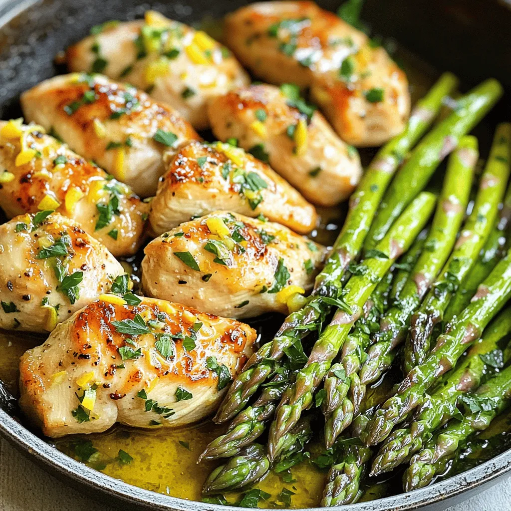 For this dish, you will need: - 4 boneless, skinless chicken breasts - 1 bunch of fresh asparagus, trimmed - 4 cloves of garlic, finely minced - 1 large lemon (juice and zest) - 3 tablespoons of extra virgin olive oil These main ingredients create a vibrant and fresh flavor profile that truly shines. To enhance the taste, gather: - 1 teaspoon of dried oregano - 1 teaspoon of smoked paprika - Salt and freshly cracked black pepper, to taste This combination of spices elevates the dish and adds depth to the chicken and asparagus. For an extra touch, consider: - Fresh parsley, finely chopped (for garnish) Garnishing with parsley brightens the dish and adds a pop of color. It also provides a fresh flavor that complements the lemon and garlic. For the full recipe, you can check out the complete instructions. First, gather all your ingredients. You will need chicken breasts, asparagus, garlic, lemon, olive oil, oregano, paprika, salt, and pepper. Preheat your oven to 400°F (200°C). This helps cook everything evenly and quickly. In a bowl, mix olive oil, minced garlic, lemon juice, zest, oregano, paprika, salt, and pepper. This mix adds great flavor to your dish. Next, take a large oven-safe skillet. Place the chicken breasts in the skillet. Make sure they are in one layer. Pour half of the lemon-garlic mix over the chicken, covering each piece well. Now, it’s time to add the asparagus. Arrange the trimmed asparagus around the chicken. Pour the rest of the lemon-garlic mix over the asparagus. Toss it gently to coat the asparagus with flavor. Place the skillet in the oven and bake for 25-30 minutes. The chicken should reach 165°F (74°C) to be safe to eat. The asparagus will turn bright green and tender. Once done, take the skillet out of the oven. Let the chicken rest for 5 minutes. This step helps keep it juicy. Before serving, sprinkle fresh parsley on top for color and taste. You can serve the chicken and asparagus right from the skillet or plate it nicely. This dish looks great and tastes wonderful. For the full recipe, check the details above. To cook chicken just right, start with even-sized pieces. This helps them cook at the same time. Use a meat thermometer to check the temperature. Chicken should reach 165°F (74°C) for safety. Let the chicken rest for five minutes after baking. This keeps the juices inside, giving you tender meat every time. To make the dish pop, use fresh lemon and garlic. Fresh ingredients add brightness and depth. Marinate the chicken for at least 30 minutes. This allows flavors to soak in, making each bite delicious. Adding a sprinkle of lemon zest before serving boosts the taste even more. Choose an oven-safe skillet for this recipe. A cast-iron or stainless-steel skillet works best. It helps with heat distribution and browning. Use a meat thermometer for precise cooking. A good knife and cutting board help with prep work. These tools make your cooking process smoother and more enjoyable. Check out the Full Recipe for more detailed steps! {{image_4}} You can mix up your veggies with ease. Try adding bell peppers for sweetness. Broccoli offers a nice crunch. If you love color, use cherry tomatoes; they burst with flavor. Zucchini slices add a tender bite and soak up the sauce well. Just remember to keep your veggie cuts uniform for even cooking. Not a fan of chicken? You can use turkey breasts or thighs instead. They cook similarly and taste great with the lemon garlic mix. For a richer flavor, consider using skin-on chicken pieces. If you want to try something new, shrimp works well in this dish. It cooks fast and absorbs all the zesty goodness. This recipe is already gluten-free! Just check your seasoning labels to be safe. If you want a low-carb option, swap the chicken for tofu or tempeh. Both soak up flavors nicely and keep it light. Serve with cauliflower rice for a filling, low-carb meal. For the Full Recipe, click here to get started on this delightful dish! To keep your One-Pan Lemon Garlic Chicken and Asparagus fresh, store the leftovers in airtight containers. Make sure to let the dish cool down first. This prevents moisture buildup and keeps the food tasty. You can store the leftovers in the fridge for up to three days. If you want to eat them later, consider freezing them. When you are ready to enjoy your meal again, reheating is key. I recommend using the oven for the best flavor. Preheat your oven to 350°F (175°C). Place the chicken and asparagus in a baking dish, cover it with foil, and heat for about 15-20 minutes. This keeps the chicken juicy and the asparagus tender. You can also use a microwave, but it may not keep the same texture. If you want to freeze your leftovers, this is simple too. Just place the cooled chicken and asparagus in freezer-safe bags. Remove as much air as possible to prevent freezer burn. You can freeze them for up to three months. When you are ready to eat, thaw in the fridge overnight and reheat as mentioned above. Enjoy the same great taste even after freezing! You can serve One-Pan Lemon Garlic Chicken and Asparagus with many sides. Here are some great options: - Rice or quinoa for a filling base. - A fresh green salad for crunch. - Mashed potatoes for comfort. - Crusty bread to soak up the juices. These sides will add variety to your meal and complement the flavors well. To check if the chicken is fully cooked, use a meat thermometer. Insert it into the thickest part of the breast. The internal temperature should reach 165°F (74°C). Another way to tell is by cutting into the chicken. The juices should run clear, not pink. If you see any pink, cook it a bit longer. Yes, you can make this recipe ahead of time. Prepare the chicken and asparagus with the marinade. Store them in the fridge for up to 24 hours. When you are ready to cook, just bake as directed in the Full Recipe. This saves time and makes dinner easy! In this article, we explored making One-Pan Lemon Garlic Chicken and Asparagus. We covered ingredients, step-by-step baking instructions, and tips for perfect results. You learned how to store leftovers and even found answers to common questions. This dish is easy, tasty, and great for any meal. Feel free to try different veggies or chicken options to match your taste. Enjoy your cooking and meal sharing!