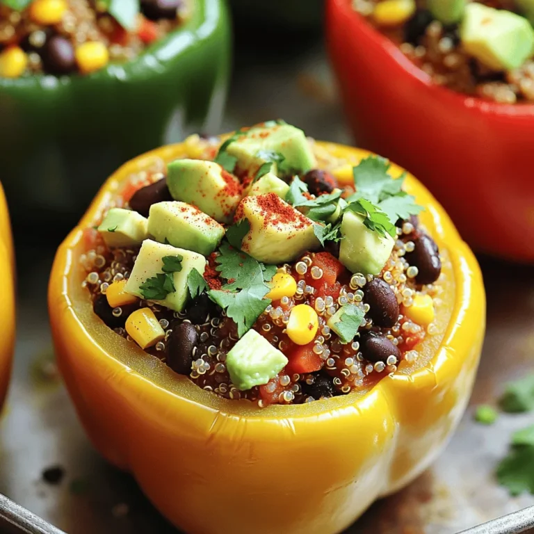 - 4 large bell peppers - 1 cup quinoa, thoroughly rinsed - 2 cups vegetable broth - 1 can (15 oz) black beans, rinsed and drained - 1 cup corn kernels - 1 small red onion, finely chopped - 2 cloves garlic, minced - 1 teaspoon ground cumin - 1 teaspoon smoked paprika - Salt and black pepper, to taste - 1 tablespoon olive oil - 1 avocado, diced (for topping) - Fresh cilantro, chopped (for garnish) To make vegan quinoa stuffed peppers, choose colorful bell peppers. They add charm to your plate. Quinoa serves as a great base. It's packed with protein and fiber. You can rinse the quinoa to remove its bitter coating. Using vegetable broth instead of water gives the quinoa more flavor. Black beans add a nice texture and extra protein. Sweet corn brings a bit of crunch. Chop the red onion finely to blend well. Minced garlic adds a wonderful aroma. Ground cumin and smoked paprika give the filling a warm and smoky taste. Season with salt and black pepper for balance. Olive oil helps sauté the onion and garlic. Topping with diced avocado adds creaminess. Fresh cilantro brightens up the dish. - Additional spices for flavor enhancement - Other vegetables for stuffing variations - Cheese or vegan cheese for topping Feel free to experiment with optional ingredients. You can add spices like chili powder or oregano for more depth. Consider using zucchini or mushrooms for a unique twist. Vegan cheese can melt beautifully on top, adding richness. For the Full Recipe, please refer to the earlier section. - Preheat Your Oven to 375°F (190°C) This helps cook the peppers evenly. - Prep the Bell Peppers Slice the tops off the bell peppers. Remove all seeds and membranes. Set them aside. - Sauté Aromatics (Onion and Garlic) In a medium saucepan, heat olive oil over medium heat. Add the finely chopped onion and minced garlic. Cook for about 3-4 minutes until the onion is soft. - Incorporate Quinoa and Vegetable Broth Add the rinsed quinoa to the pan. Stir it well to coat with onion and garlic. - Cook the Quinoa Pour in the vegetable broth. Bring it to a gentle boil. Then, reduce the heat to low. Cover the pan and let it simmer for about 15 minutes. The quinoa should be fluffy and absorb all the liquid. - Combine Filling Ingredients In a large bowl, mix the cooked quinoa with black beans, corn, ground cumin, smoked paprika, and a pinch of salt and pepper. Make sure everything is well mixed. - Stuff the Peppers Take each hollowed bell pepper. Spoon the quinoa mixture into each one. Press it down gently to fill them well. - Arrange for Baking Place the stuffed peppers upright in a baking dish. Cover the dish loosely with aluminum foil. - Bake and Serve Place the dish in the oven and bake for 25-30 minutes. After that, remove the foil and bake for an extra 10 minutes. This makes the tops golden and slightly crisp. After cooking, let them cool for a few minutes. Top with diced avocado and fresh cilantro before serving. For a more detailed recipe, refer to the Full Recipe. To cook quinoa perfectly, rinse it first. This removes the bitter coating. Use a 2:1 ratio of vegetable broth to quinoa. Bring it to a boil, then cover and simmer for 15 minutes. The quinoa should be fluffy when done. For the peppers, choose large ones that are vibrant. Slice off the tops and remove seeds. Bake them to be tender yet firm. This keeps them from falling apart when you stuff them. Herbs and spices can boost flavor. Consider using fresh cilantro, basil, or parsley. For extra warmth, add chili powder or oregano. Smoked paprika gives a unique twist. To maximize flavor absorption, sauté your onions and garlic first. This brings out their sweetness. Mix the spices into the filling well. This ensures every bite is packed with flavor. Pair your vegan quinoa stuffed peppers with a fresh salad. A light cucumber or tomato salad works well. You can also serve them with a side of guacamole or salsa. For presentation, place the stuffed peppers upright on a colorful plate. Add diced avocado on top for a pop of green. Garnish with chopped cilantro to make it look inviting. For the full recipe, refer to the section above. {{image_4}} You can easily swap quinoa for other grains. Rice or couscous works well too. They provide a similar texture. If you prefer, try farro or bulgur for a nutty flavor. You can also change the type of beans. Black beans are great, but chickpeas or kidney beans add a nice touch. Lentils are another option for protein. They cook quickly and blend well with the other flavors. Try a Mediterranean twist for these stuffed peppers. Add ingredients like olives, sun-dried tomatoes, and feta cheese. Use herbs like oregano and basil for a fresh taste. For a Mexican-inspired dish, include spices like chili powder and cumin. You can also add corn, jalapeños, or diced tomatoes. This gives the peppers a zesty kick. Top with avocado and cilantro for a fun flair. If you're gluten-free, quinoa is already a great choice. Just make sure your broth is gluten-free too. For nut-free variations, simply avoid any nuts or nut-based toppings. Stick with seeds like pumpkin or sunflower for crunch. They add a nice texture without the nuts. These variations make vegan quinoa stuffed peppers fun and flexible. You can easily adapt them to fit your taste or dietary needs. For the full recipe, check out the details above. To store leftovers properly, let the stuffed peppers cool first. Place them in an airtight container. This keeps them fresh for up to 4 days. To maintain flavor and texture, always reheat only the portion you plan to eat. Avoid reheating the whole batch repeatedly. This helps keep the peppers firm and tasty. You can freeze stuffed peppers for later use. Wrap each pepper in plastic wrap or foil. Then, place them in a freezer-safe bag. They will keep well for up to 3 months. When you are ready to eat, thaw them in the fridge overnight. For best results, reheat them in the oven at 375°F (190°C) for about 25 minutes. This method makes sure they warm through nicely without getting soggy. You can keep cooked peppers in the fridge for about 4 days. After this time, they may lose flavor and freshness. Signs of spoilage include a change in color or an off smell. If you see mold or feel a slimy texture, it is best to discard them. Always check your food before eating to stay safe and healthy. Can I make vegan quinoa stuffed peppers ahead of time? Yes, you can prepare these stuffed peppers in advance. Just follow the recipe, stop before baking, and store them in the fridge. When you are ready, bake them straight from the fridge. This saves time on busy days. What can I serve with vegan quinoa stuffed peppers? You can pair these peppers with a fresh salad, some crusty bread, or a light soup. A side of guacamole or a tangy salsa also works well. These options enhance the meal without taking away from the stuffed peppers. Are these stuffed peppers customizable for different diets? Absolutely! You can swap quinoa for rice or couscous. You can also change the beans or add other veggies. This makes the recipe flexible for many diets, including gluten-free or nut-free options. How many calories are in vegan quinoa stuffed peppers? Each stuffed pepper has around 200-250 calories. This can vary based on the ingredients you use and how much filling you pack in. It makes for a filling yet healthy meal. What are the health benefits of quinoa and peppers? Quinoa is a complete protein, meaning it has all nine essential amino acids. It's also high in fiber, which aids digestion. Bell peppers are rich in vitamins A and C. Together, they create a nutrient-dense dish that supports overall health. How do I know when the peppers are done cooking? You’ll know they are done when the peppers are tender and the tops are slightly golden. A fork should easily pierce the peppers. This usually takes about 25-30 minutes, plus an extra 10 minutes uncovered. Can I grill vegan quinoa stuffed peppers instead of baking? Yes, grilling adds a smoky flavor. Just wrap the stuffed peppers in foil and place them on the grill. Cook them over medium heat for about 20-25 minutes. This method gives a fun twist to the dish. Enjoy your cooking adventure! Vegan quinoa stuffed peppers are a delicious and healthy choice. We covered key ingredients like quinoa, beans, and spices. The step-by-step guide made it easy to prepare, bake, and serve. You can enhance flavors with tips and customize your dish. Don't forget about storage for leftovers! Making these stuffed peppers allows for many tasty variations. Enjoy experimenting with flavors and ingredients, and share this recipe with friends to inspire them too! Your kitchen will be filled with warmth and taste as you make this meal.