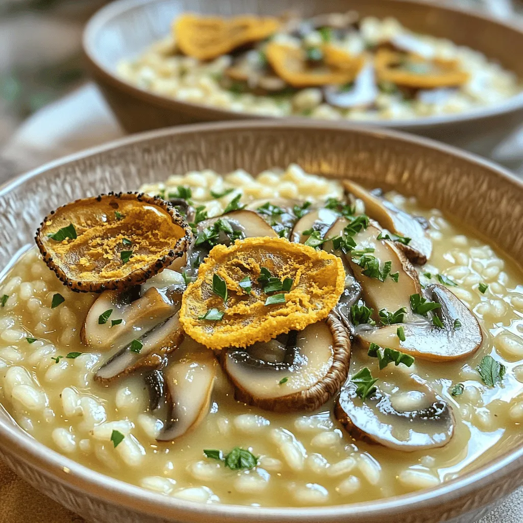 - 1 ½ cups Arborio rice - 4 cups vegetable broth (kept warm) - 2 cups mixed mushrooms (shiitake, cremini, and button), thinly sliced - 1 small onion, finely chopped - 3 cloves garlic, minced - Salt and freshly ground black pepper, to taste - ½ cup grated Parmesan cheese - 2 tablespoons unsalted butter - 1 tablespoon truffle oil - Fresh parsley, chopped, for garnish When I make mushroom risotto, I focus on fresh ingredients. Arborio rice is a must. It has a high starch content. This gives the risotto its creamy texture. I always use warm vegetable broth to keep the cooking process smooth. Mixed mushrooms add depth to the dish. Shiitake, cremini, and button mushrooms work great together. They bring a variety of flavors. I finely chop a small onion and mince three cloves of garlic. They add aromatic richness to the risotto. To make it creamy, I mix in grated Parmesan cheese, unsalted butter, and truffle oil. The cheese adds saltiness, while the butter brings richness. Truffle oil adds a touch of luxury. For garnish, I love using fresh parsley. It makes the dish look vibrant and fresh. This combination of ingredients leads to a delicious, comforting meal. You can find the Full Recipe for more details. - Heat 2 tablespoons of olive oil in a skillet over medium heat. - Add 1 small finely chopped onion and 3 minced garlic cloves. Sauté for about 3-4 minutes until the onion is soft and clear. - Next, add 2 cups of mixed mushrooms to the skillet. Use shiitake, cremini, and button mushrooms for great flavor. - Season with salt and freshly ground black pepper. Cook until the mushrooms turn brown, about 5-7 minutes. - Reserve half of the cooked mushrooms for garnish later. - Stir in 1 ½ cups of Arborio rice into the mushroom mixture. - Cook for about 2 minutes until the rice looks slightly opaque. - Start adding 4 cups of warm vegetable broth, ladle by ladle. - Stir often and let the rice absorb the broth before adding more. - Continue this process for about 18-20 minutes. The risotto should be creamy and the rice tender but still firm. - Once cooked, mix in 2 tablespoons of unsalted butter, ½ cup of grated Parmesan cheese, and 1 tablespoon of truffle oil. - Stir well until creamy. Taste and adjust seasoning as needed. - Serve the risotto right away. Garnish with the reserved sautéed mushrooms and fresh chopped parsley. For a nice touch, drizzle with more truffle oil. For the full recipe, check out the detailed instructions above. Enjoy your creamy mushroom risotto! To make your risotto creamy, add broth slowly. This method allows the rice to absorb the liquid fully. If you rush the process, it may turn out sticky or too dry. Stir the rice often while adding broth. This keeps the grains moving and helps release starch, making the risotto smooth. Arborio rice is the best choice for risotto. It has a high starch content, which makes the dish creamy. Other rice types, like Carnaroli or Vialone Nano, also work well. If you need alternatives, you can use sushi rice in a pinch, but it won’t be as creamy as Arborio. Season your risotto at each step. Start with the onions and garlic, then add salt to the mushrooms. This builds layers of flavor. Fresh herbs like parsley or thyme add a bright touch. Stir them in at the end for a fresh taste. You can check the [Full Recipe] for more ways to enhance flavor. {{image_4}} To make a vegan mushroom risotto, you can swap out the Parmesan and butter. Use nutritional yeast for a cheesy flavor. You can also try coconut oil for a buttery taste. Both options keep the dish flavorful and creamy. For added texture, toss in some roasted nuts or seeds. They give a nice crunch and boost the nutrition. If you need a gluten-free risotto, use a certified gluten-free vegetable broth. Many brands offer good options. Always check labels to avoid hidden gluten. For the rice, Arborio is naturally gluten-free, so you’re good there. Make sure your other ingredients, like broth, are also safe. You can play with different types of mushrooms in your risotto. Try using oyster, portobello, or chanterelle mushrooms. Each type adds its own unique flavor. Fresh herbs like thyme or rosemary can elevate the taste. A dash of smoked paprika adds a nice kick. Just remember not to overpower the dish; balance is key. For the full recipe, check out the Creamy Mushroom Risotto with Truffle Oil. To keep your mushroom risotto fresh, cool it quickly. Spread the risotto on a flat dish. This helps it cool faster. Once cool, transfer it to an airtight container. Store it in the fridge. Your risotto lasts up to three days in the refrigerator. You can freeze mushroom risotto for longer storage. First, let it cool completely. Then, scoop it into freezer-safe bags. Press out the air before sealing. Label the bags and store them flat. This helps save space. When you thaw it, the texture may change. It might be less creamy than fresh risotto. When reheating, aim to keep it creamy. Use a pot or a microwave. If using a pot, add a splash of broth or water. Stir it often as it heats up. In the microwave, use short bursts at medium power. Stir between bursts. This helps avoid a dry texture. Enjoy your creamy mushroom risotto, even when reheated! The secret to creamy risotto lies in how you add the broth. You should add it slowly, one ladle at a time. This lets the rice absorb the liquid fully. Stir frequently to release the starches from the rice. This process creates that rich, creamy texture we love. Yes, you can use white wine in mushroom risotto. Adding white wine can enhance the flavor. Use it after sautéing the onions and mushrooms. Allow it to cook down before adding the broth. This will give a nice depth to the dish. You will know the risotto is cooked when the rice is al dente. It should be tender but still have a slight bite. Taste the risotto as you cook it to check the texture. The creaminess should be there, but the rice should not be mushy. You can serve risotto with many dishes. Grilled chicken or fish pairs well. A fresh salad adds a nice crunch. Roasted vegetables can also complement the flavors. Think about balance when you choose your sides. Yes, you can make risotto in advance. Cook it until just al dente, then cool it quickly. Store it in the fridge for up to two days. When ready to serve, reheat it slowly. Add a bit of broth to keep it creamy. In this blog post, we covered how to make a delicious mushroom risotto. You learned about the key ingredients, including Arborio rice, mixed mushrooms, and seasonings that create creaminess. We explored step-by-step instructions to prepare this dish perfectly. I shared tips for achieving the right texture and flavor. Whether you want to make it vegan or gluten-free, options exist. With the right storage techniques, you can enjoy leftovers too. Remember, the secret is patience and stirring. Enjoy making this comforting dish for your loved ones!