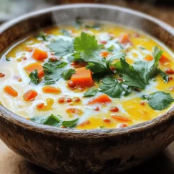 - 1 cup red lentils, thoroughly rinsed - 1 can (14 oz) creamy coconut milk - 4 cups vegetable broth (preferably low-sodium) - 1 medium onion, finely chopped - 2 cloves garlic, minced - 1 tablespoon fresh ginger, grated - 2 tablespoons red curry paste - 1 teaspoon ground turmeric - 1 teaspoon ground cumin - Salt and freshly cracked black pepper to taste - 1 medium carrot, diced into small cubes - 1 red bell pepper, diced - 2 cups fresh spinach leaves, washed and drained When I make Coconut Curry Lentil Soup, I love how each ingredient plays a role in creating a warm and cozy dish. The red lentils provide a soft texture and absorb the flavors well. The coconut milk adds creaminess, making the soup rich and satisfying. The aromatics like onion, garlic, and ginger create a beautiful base. They fill your kitchen with an amazing smell that makes you eager to taste the soup. The spices, especially red curry paste, give it that delightful kick. I often add fresh veggies, like diced carrots and bell peppers, for color and crunch. The spinach adds a nice touch of green and nutrition. This blend of ingredients is what makes each bowl a hearty and nourishing meal. For the full recipe, check out the steps to create this amazing dish! - Prepare all vegetables and rinse lentils. - Measure out spices and coconut milk. First, gather your ingredients. Make sure your vegetables are fresh. Rinse the lentils well to remove any dirt. This step is important for cooking. Measure out the spices and coconut milk, so you have everything ready. - Heat olive oil and sauté onions until translucent (approx. 5 minutes). - Add garlic and ginger, sauté for 1 minute. - Incorporate red curry paste, turmeric, and cumin, cooking for 2 minutes. In a large pot, heat the olive oil over medium heat. Add the finely chopped onion to the pot. Sauté it for about five minutes. You want the onion to turn translucent. This means it is cooked just right. Next, add the minced garlic and grated ginger. Sauté these for one minute. You will smell a lovely aroma. Now, mix in the red curry paste, turmeric, and ground cumin. Cook this for two minutes to enhance the flavors. - Mix in carrot and red bell pepper, cook for 3-4 minutes. Add the diced carrot and red bell pepper to the pot. Stir well and let them cook for about three to four minutes. This will make them tender yet still crisp. - Pour in vegetable broth, bring to a boil, then add lentils. - Cover and simmer for 15 minutes, stirring occasionally. Now pour in the vegetable broth. Bring everything to a rolling boil. Once boiling, add the rinsed lentils. Reduce the heat to medium-low. Cover the pot and let it simmer for about 15 minutes. Stir occasionally to prevent sticking. - Stir in coconut milk and spinach, heat for 5 minutes. - Season with salt and pepper. After the lentils are soft, stir in the creamy coconut milk and fresh spinach. Cook this for another five minutes. You want the spinach to wilt and the soup to heat through. Finally, season with salt and cracked black pepper to taste. - Ladle soup into bowls and garnish with cilantro. Ladle the soup into deep bowls. Finish by garnishing with fresh cilantro. This adds a nice touch and flavor. For a special twist, you can also add a squeeze of lime juice. Enjoy your Coconut Curry Lentil Soup! For the full recipe, see above. - Add a squeeze of lime juice before serving. This brightens the soup. - Use fresh herbs as garnish for additional flavor. Cilantro works wonders here. - Ensure lentils are rinsed thoroughly to reduce cooking time. This makes them cook faster. - Sauté spices well to maximize flavor absorption. This helps bring out the best taste. - Add more vegetable broth for a thinner soup. This will make it lighter and easier to sip. - Stir in additional coconut milk for creaminess. This gives the soup a rich, smooth texture. Enjoy the delightful layers of taste in this Coconut Curry Lentil Soup! For the Full Recipe, check the previous section. {{image_4}} You can add cooked chicken or tofu for extra protein. Both options work well and keep the soup hearty. If you want a different texture, try including chickpeas. They add a nice bite and pair well with the lentils. The red curry paste controls the heat. You can increase or reduce it for your desired spice level. If you like it hot, consider adding fresh chilies for more kick. This gives you control over how spicy you want your soup. Feel free to swap vegetables to suit your taste. Instead of spinach, you can use kale or Swiss chard. These greens add a different flavor and nutrition. You might also try seasonal vegetables like zucchini or butternut squash. They bring a new twist to your soup while keeping it fresh and exciting. For the full recipe, check back to ensure you don't miss any steps! To keep your Coconut Curry Lentil Soup fresh, store it in an airtight container. You can enjoy it for up to 5 days in the refrigerator. This makes it easy to have a quick meal on hand. If you want to save some for later, freezing is a great option. Freeze portions in freezer-safe containers for up to 3 months. When you're ready to enjoy it again, thaw the soup overnight in the refrigerator. This keeps the flavors intact and makes reheating simple. When it's time to eat, gently reheat the soup. You can use the stove or microwave for this. If the soup is too thick, add a bit of broth to adjust the consistency. This will bring your soup back to its creamy, delicious state. You can use different lentils, but red lentils work best for this soup. If you use green or brown lentils, they will need longer cooking times. Red lentils cook fast and break down to create a creamy texture. Yes, this soup is naturally vegan. You can also make it gluten-free by checking the broth and curry paste labels. This means everyone can enjoy it! This soup pairs well with crusty bread, rice, or a side salad. These options add a nice touch and make the meal more filling. To spice it up, increase the amount of red curry paste. You can also add fresh or dried cayenne pepper. Adjust based on your taste for heat. This blog shared a simple and tasty recipe for Coconut Curry Lentil Soup. You learned about the main ingredients, key spices, and fresh veggies. The step-by-step guide helps you prepare a warm, flavorful dish. Plus, I offered tips to enhance flavors and adjust consistency. You can store this soup easily and even make variations to suit your taste. Enjoy experimenting with this recipe. It's a great meal for any day!