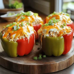 - 4 large bell peppers (different colors for variety) - 2 cups cooked, shredded chicken - 1/2 cup buffalo sauce (adjust according to heat preference) - 1/2 cup cream cheese, softened - 1/2 cup shredded cheddar cheese - 1/4 cup fresh green onions, sliced - 1/2 cup celery, finely chopped - Salt and freshly ground black pepper to taste - Olive oil for prepping You will need vibrant bell peppers for this dish. I like using a mix of colors. The filling comes from shredded chicken, which I often prepare in advance. You can use rotisserie chicken for ease. Buffalo sauce adds heat, so choose a brand you love. Cream cheese gives a creamy texture, while cheddar cheese adds flavor. Green onions and celery bring freshness and crunch. When preparing your peppers, make sure to wash them well. Remove the seeds and membranes carefully. This helps them cook evenly. The olive oil helps prevent sticking and adds flavor. Seasoning with salt and pepper enhances all the tastes. This simple list makes for a tasty meal. You can find the full recipe to guide you through the steps. Enjoy creating your Buffalo Chicken Stuffed Peppers! 1. Preheat your oven to 375°F (190°C). This step is key to cooking the peppers just right. 2. Take four large bell peppers and slice the tops off. Remove the seeds and membranes. This makes room for the filling. 3. Drizzle a bit of olive oil over the cut side of each pepper. Then, season them with salt and pepper. 1. In a large bowl, combine 2 cups of cooked, shredded chicken with 1/2 cup of buffalo sauce. Adjust the sauce amount for your heat preference. 2. Add 1/2 cup of softened cream cheese, 1/2 cup of shredded cheddar cheese, 1/4 cup of sliced green onions, and 1/2 cup of finely chopped celery to the bowl. 3. Mix everything well until it’s all blended together. Taste it and adjust the spice if needed. 1. Stuff each prepared bell pepper with the buffalo chicken filling. Press it down gently to fit it all in. 2. Cover the baking dish with aluminum foil. Bake the stuffed peppers in the oven for 25 minutes. 3. After 25 minutes, carefully remove the foil. Continue baking until the cheese is bubbly and golden. This should take another 10 to 15 minutes. Enjoy your delicious Buffalo Chicken Stuffed Peppers! For the full recipe details, check out the Full Recipe. Garnish your stuffed peppers with fresh green onions for a pop of color. Add a drizzle of extra buffalo sauce on top for more flavor. You can pair these peppers with a crisp side salad or some roasted veggies. They complement each other well, adding freshness to the meal. To get the perfect heat balance, taste your filling as you mix. Adjust the buffalo sauce to match your spice level. If you want less heat, use less sauce. For even stuffing distribution, pack the filling gently but firmly into each pepper. Make sure each one is filled to the top for the best bite. You can swap the chicken for ground turkey for a lighter option. For a vegetarian twist, try using black beans or quinoa. Changing the cheese can add new flavor. Consider using pepper jack for heat or mozzarella for creaminess. You can also experiment with different sauces, like ranch or BBQ, to create your own spin on this dish. For the full recipe, check out the details above. {{image_4}} Buffalo chicken stuffed peppers last about 3 to 5 days in the fridge. Store them in an airtight container. This keeps them fresh and tasty. When you’re ready to eat, simply take them out and reheat. To store leftovers, let the peppers cool completely first. This helps avoid extra moisture. Then, place them in a single layer in your container. Avoid stacking them, as this can make them mushy. To freeze stuffed peppers, follow these easy steps. First, let them cool down completely. Then, wrap each pepper tightly in plastic wrap. Next, place them in a freezer-safe bag. Squeeze out all the air to prevent freezer burn. When you want to eat them, take the peppers out of the freezer. Let them thaw in the fridge overnight. For reheating, you can bake them at 375°F (190°C) for about 20-25 minutes. This will warm them through and keep them delicious. For more details on making these tasty stuffed peppers, check the Full Recipe. Each serving of Buffalo Chicken Stuffed Peppers has about 350 calories. This meal is filling and packed with flavor. Here’s the macronutrient breakdown: - Protein: 30 grams - Carbohydrates: 20 grams - Fats: 18 grams These values may vary based on the exact ingredients you use. For example, using low-fat cheese can lower the fat content. Buffalo Chicken Stuffed Peppers offer several nutritional advantages. - Bell Peppers: They are high in vitamins A and C, which support your immune system. They also provide fiber that helps with digestion. - Chicken: This ingredient is a great source of lean protein. It helps build muscles and keeps you full longer. - Cream Cheese: While it adds creaminess, you can use low-fat cream cheese to cut calories. To make this meal healthier, consider these tips: - Swap regular cheddar for reduced-fat cheese. - Use Greek yogurt instead of cream cheese for added protein and less fat. - Add more veggies to the filling, like spinach or zucchini, for extra nutrients. For the complete recipe, check out the [Full Recipe]. Enjoy your tasty and hearty meal! Can I use frozen chicken for the recipe? Yes, you can use frozen chicken. Just ensure it's fully cooked before shredding. You can boil or bake the chicken first. This method helps save time. How can I make it spicier? To add more heat, increase the buffalo sauce. You can also add diced jalapeños or a sprinkle of cayenne pepper. These will boost the flavor and spice. Can I prepare these in advance? Absolutely! You can prep the stuffed peppers a day ahead. Just fill them and store them in the fridge. Bake them when you're ready to enjoy. What’s the best way to reheat the stuffed peppers? Reheat the stuffed peppers in the oven. Set it to 350°F (175°C) and bake for about 15-20 minutes. This keeps them warm and tasty. For quick reheating, a microwave works too, though they may lose some texture. For the full recipe, click [Full Recipe]. This recipe shows how to make stuffed bell peppers with chicken and buffalo sauce. You learned how to prepare, stuff, and bake these tasty treats. Plus, you have tips for serving and variations to keep it fresh. Remember, you can store leftovers easily or try new ingredients. Enjoy making these delicious peppers your way. They are satisfying and fun to share. Keep experimenting and enjoy the process!
