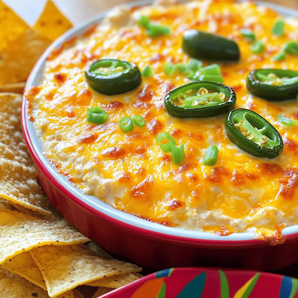 To make Jalapeño Popper Dip, gather these ingredients: - 8 oz cream cheese, softened to room temperature - 1 cup sour cream, preferably full-fat - 1 cup shredded sharp cheddar cheese - 1/2 cup shredded mozzarella cheese - 2-3 fresh jalapeños, finely chopped (remove seeds for a milder flavor) - 1/4 cup green onions, thinly sliced - 1/2 teaspoon garlic powder - 1/2 teaspoon onion powder - 1/4 teaspoon smoked paprika for a hint of depth - Salt and pepper to taste - Tortilla chips, for serving When I pick jalapeños, I look for firm ones. They should feel heavy for their size. Choose bright green, shiny peppers. Avoid any that have wrinkles or soft spots. Fresh jalapeños add a crisp bite to the dip. They also bring a nice kick. If you like it spicy, go for larger peppers. The more seeds, the hotter they can be. If you need dairy-free options, try using vegan cream cheese. There are many brands available with great taste. For sour cream, look for cashew or almond-based versions. These will keep the dip creamy and rich. Use dairy-free cheese to maintain that cheesy flavor. Follow the same amounts as in the original recipe for best results. Preheat your oven to 350°F (175°C). This step is key to making your dip bubbly and warm. A hot oven helps the cheese melt and blend flavors. Make sure to set the timer so you don’t forget! In a large mixing bowl, take 8 oz of softened cream cheese. Add 1 cup of sour cream. Use a hand mixer or a spatula to mix them together. You want a smooth and creamy blend. No lumps should remain. This creamy base gives the dip its rich flavor. Now it’s time to add the fun stuff! Add 1 cup of shredded sharp cheddar cheese and 1/2 cup of shredded mozzarella cheese. Then, toss in 2-3 finely chopped jalapeños and 1/4 cup of sliced green onions. Gently stir everything until well mixed. Next, season the dip. Sprinkle in 1/2 teaspoon of garlic powder, 1/2 teaspoon of onion powder, and 1/4 teaspoon of smoked paprika. Add salt and pepper to taste. Mix thoroughly to ensure every bite bursts with flavor. Transfer the dip into a greased baking dish. Spread it evenly for a nice bake. Bake it in your preheated oven for 20-25 minutes. Look for a bubbly, golden top. Once done, let it cool for a few minutes before serving. Enjoy it warm with tortilla chips! For the complete recipe, check the Full Recipe. To get a creamy texture, start with room temperature cream cheese. If it's cold, it won’t mix well. I use a hand mixer to beat the cream cheese and sour cream until smooth. This helps break up any lumps. Mixing in the cheeses slowly ensures they blend evenly. If you want a mild dip, remove all the seeds and membranes from the jalapeños. You can also use fewer jalapeños or even substitute with a mild pepper, like a green bell pepper. For a spicy kick, add extra jalapeños or a dash of cayenne pepper. Always taste as you go! This dip is best served warm with tortilla chips. You can also pair it with fresh veggies like carrots or celery. For a twist, serve it inside a baked bread bowl. It adds a fun touch! You can find the full recipe for making this delicious dip above. {{image_4}} You can change the flavor by adding other cheeses. Creamy cheeses like goat cheese or feta can give a tangy twist. For a stronger taste, try adding blue cheese. Mixing in pepper jack cheese adds a nice kick. Use your favorite cheese blend to create a unique flavor. If you want a vegan option, you can use plant-based cream cheese. Instead of sour cream, use cashew cream or coconut yogurt. These swaps keep the dip creamy without dairy. You can also use nutritional yeast for a cheesy flavor without cheese. Toppings can really elevate your Jalapeño Popper Dip. Sprinkle some crispy bacon bits on top for a smoky taste. Chopped cilantro adds freshness to the mix. For a crunchy touch, try crushed tortilla chips or panko breadcrumbs. You can also drizzle some hot sauce for extra heat. Get creative and make it your own! For the full recipe, check out the recipe above. After you enjoy your Jalapeño Popper Dip, store any leftovers in an airtight container. I recommend letting the dip cool to room temperature before sealing it. This helps prevent moisture build-up. Place the container in the fridge. It will stay fresh for 3 to 5 days. Just make sure you label it, so you don't forget what’s inside! To reheat the dip, you can use the oven or microwave. If using the oven, preheat it to 350°F (175°C). Transfer the dip to an oven-safe dish. Cover it with foil to keep it moist. Heat for about 15 minutes. If you use the microwave, place a single serving in a microwave-safe bowl. Heat for 30 seconds to 1 minute, stirring halfway. This keeps the dip creamy and delicious. You can freeze Jalapeño Popper Dip too! Just make sure it’s completely cooled. Place the dip in a freezer-safe container. You can also use freezer bags. Remove as much air as possible before sealing. The dip will last for about 2 to 3 months in the freezer. To thaw, move it to the fridge overnight. Then, reheat it as described above. Enjoy your dip anytime you crave a tasty snack! For the full recipe, check out the provided link. To make your dip spicier, add more jalapeños. Use fresh jalapeños for heat. You can also add some cayenne pepper or a dash of hot sauce. This gives the dip an extra kick. Taste as you go, so it suits your spice level. Yes, you can prepare this dip ahead of time. Mix all the ingredients and store them in the fridge. Just cover the dish tightly with plastic wrap. When ready, bake it as directed. It will still taste great! Tortilla chips are the best choice for this dip. They are crispy and hold the dip well. You can also use pita chips or veggie sticks. Both options add a nice crunch. Enjoy with your favorite chips for the best experience! This blog post covered how to make a tasty jalapeño popper dip. We looked at key ingredients, tips for picking fresh jalapeños, and dairy alternatives. I shared easy steps to mix and bake this dip, plus tips for a creamy texture and spice adjustments. You can use different cheeses and toppings for fun twists. Finally, we discussed storing, reheating, and even freezing leftovers. Enjoy making this dip, and let your taste buds delight in every bite!