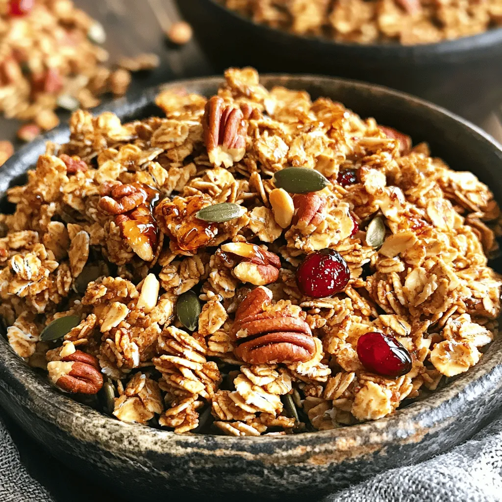 To make Maple Pecan Granola, you need a few simple ingredients. Here’s what you'll need: - 3 cups rolled oats - 1 cup pecans, coarsely chopped - 1/2 cup almond slivers - 1/4 cup pumpkin seeds - 1/2 cup pure maple syrup - 1/4 cup coconut oil, melted - 1 teaspoon pure vanilla extract - 1 teaspoon ground cinnamon - 1/2 teaspoon sea salt - 1/2 cup dried cranberries (optional) These ingredients come together to create a crunchy, sweet, and healthy granola. The oats provide fiber, while the nuts and seeds add protein and healthy fats. The maple syrup gives it that delightful sweetness, making it a perfect snack or breakfast option. You can even customize it by adding your favorite dried fruits. I recommend checking out the Full Recipe for Maple Pecan Granola Delight to get all the details you need. First, set your oven to 350°F (175°C). This is the perfect temperature for baking granola. Line a large baking sheet with parchment paper. This step helps keep the granola from sticking and makes cleanup easy. In a big mixing bowl, add the rolled oats, chopped pecans, almond slivers, and pumpkin seeds. Stir these dry ingredients together. Make sure they are well mixed. This ensures every bite is packed with flavor and crunch. In another bowl, mix the pure maple syrup, melted coconut oil, vanilla extract, ground cinnamon, and sea salt. Whisk these wet ingredients until smooth. This mixture adds sweetness and binds the granola together. Pour the wet mixture over the dry ingredients. Use a spatula or wooden spoon to coat all the dry ingredients evenly. Spread the mixture on the baking sheet in an even layer. Bake it for 20-25 minutes. At the 12-minute mark, stir gently. This helps it bake evenly. Look for a golden brown color and a sweet aroma while it bakes. Once baked, take the pan out of the oven. Let it cool completely on the baking sheet. As it cools, the granola will become crisp. After it cools down, break it into clusters. If you want, fold in dried cranberries at this step for added flavor. Transfer the granola to an airtight container. It will stay fresh for up to two weeks. Store it in a cool, dry place. Enjoy it with yogurt, fresh fruit, or as a snack. For the full recipe, refer to the earlier sections. To achieve perfect granola, follow these simple tips. First, ensure your oven is preheated to 350°F (175°C). This helps the granola bake evenly. Spread the mixture in a thin layer on the baking sheet. A thick layer may bake unevenly. Stir the granola halfway through the baking time. This promotes even browning. Keep an eye on it during the last few minutes. Granola can go from golden to burnt quickly. You can easily swap ingredients based on what you have. If you need a nut-free option, use seeds instead of nuts. Pumpkin seeds or sunflower seeds work great. Maple syrup can be replaced with honey or agave nectar. If you want a different flavor, try using almond or coconut extract instead of vanilla. You can even add spices like nutmeg or ginger for a twist. Granola is super versatile! You can serve it in many ways. Try it with yogurt and fresh fruit for breakfast. It makes a tasty snack on its own, too. For a fun dessert, sprinkle it on ice cream. You can also mix it into smoothies for added crunch. The options are endless, so get creative with your servings. {{image_4}} You can easily make this granola nut-free. Just skip the pecans and almond slivers. Replace them with seeds like sunflower or hemp. This way, you keep the crunch but avoid nuts. The flavor from maple syrup and cinnamon still shines. It's a great option for those with nut allergies. If you love chocolate, add some chocolate chips! After baking, sprinkle in your favorite dark or milk chocolate chips. Stir gently to mix them in without breaking the granola. The warm granola will melt the chips slightly, creating a delicious treat. This adds a sweet twist to the classic recipe. To make this granola gluten-free, use certified gluten-free oats. Most oats are naturally gluten-free, but some may cross-contaminate during processing. Always check the label. You can still enjoy this recipe while staying gluten-free. The taste and texture will remain delightful. Feel free to customize your granola! You can find the full recipe in the previous sections. Enjoy experimenting with flavors and ingredients! Each serving of Maple Pecan Granola offers a wholesome balance of nutrients. Here’s what you get: - Calories: 250 - Protein: 6 grams - Carbohydrates: 30 grams - Fiber: 4 grams - Sugars: 10 grams - Fat: 12 grams This granola packs energy and nutrition. It fuels your day without heavy ingredients. The ingredients in this granola provide great health benefits. Here are some highlights: - Rolled oats: They are rich in fiber. This helps lower cholesterol and supports heart health. - Pecans: These nuts are full of healthy fats. They support brain health and provide antioxidants. - Almonds: Almonds boost vitamin E levels. This vitamin helps keep your skin healthy. - Pumpkin seeds: Packed with zinc, they support your immune system. - Maple syrup: This natural sweetener has minerals like manganese. It provides energy without refined sugars. - Coconut oil: It has healthy fats that can support your metabolism. Each bite is not just tasty but also good for you. Homemade granola beats store-bought options in many ways. Here are some key points: - Ingredients: You control what goes in. No hidden sugars or preservatives. - Freshness: Homemade granola tastes fresh. Store-bought often lacks that true flavor. - Cost: Making your own is often cheaper than buying it. - Customizable: You can add or skip ingredients as you like. This recipe gives you the freedom to create a healthy snack. For the complete guide, check the Full Recipe. Store your homemade granola in an airtight container. This keeps it fresh and crunchy. You can use glass jars or plastic containers with tight lids. Avoid storing it in a warm place. A cool, dry pantry works best. Yes, you can use different nuts or seeds! Almonds, walnuts, or sunflower seeds all work well. Feel free to mix and match to your taste. Just keep the total amount similar to the original recipe. This way, your granola stays balanced. Serve your granola in a bowl with yogurt for a tasty breakfast. You can also add fresh fruit like berries or banana slices. Another option is to enjoy it as a snack on its own. It’s crunchy and satisfying! Homemade granola lasts up to two weeks when stored properly. Keep it in an airtight container to maintain its crunch. If you want it to last longer, you can freeze it. Just thaw and enjoy when you’re ready. You can find maple pecan granola at many grocery stores. Check the cereal aisle or the health food section. If you prefer homemade, I recommend making it yourself for the best flavor. For the full recipe, refer to the recipe section above. It has all the details you need to make this delicious granola at home. Enjoy every crunchy bite! Making maple pecan granola is simple and fun. You need just a few ingredients and steps. Start with oats, nuts, and seeds. Mix in syrup and oil, then bake until golden. Homemade granola is easy to customize too. You can swap ingredients or add yummy chocolate chips. In the end, you can know what’s in your food. This granola is tasty and healthy. Enjoy it in many ways or share it with friends. You made something special!