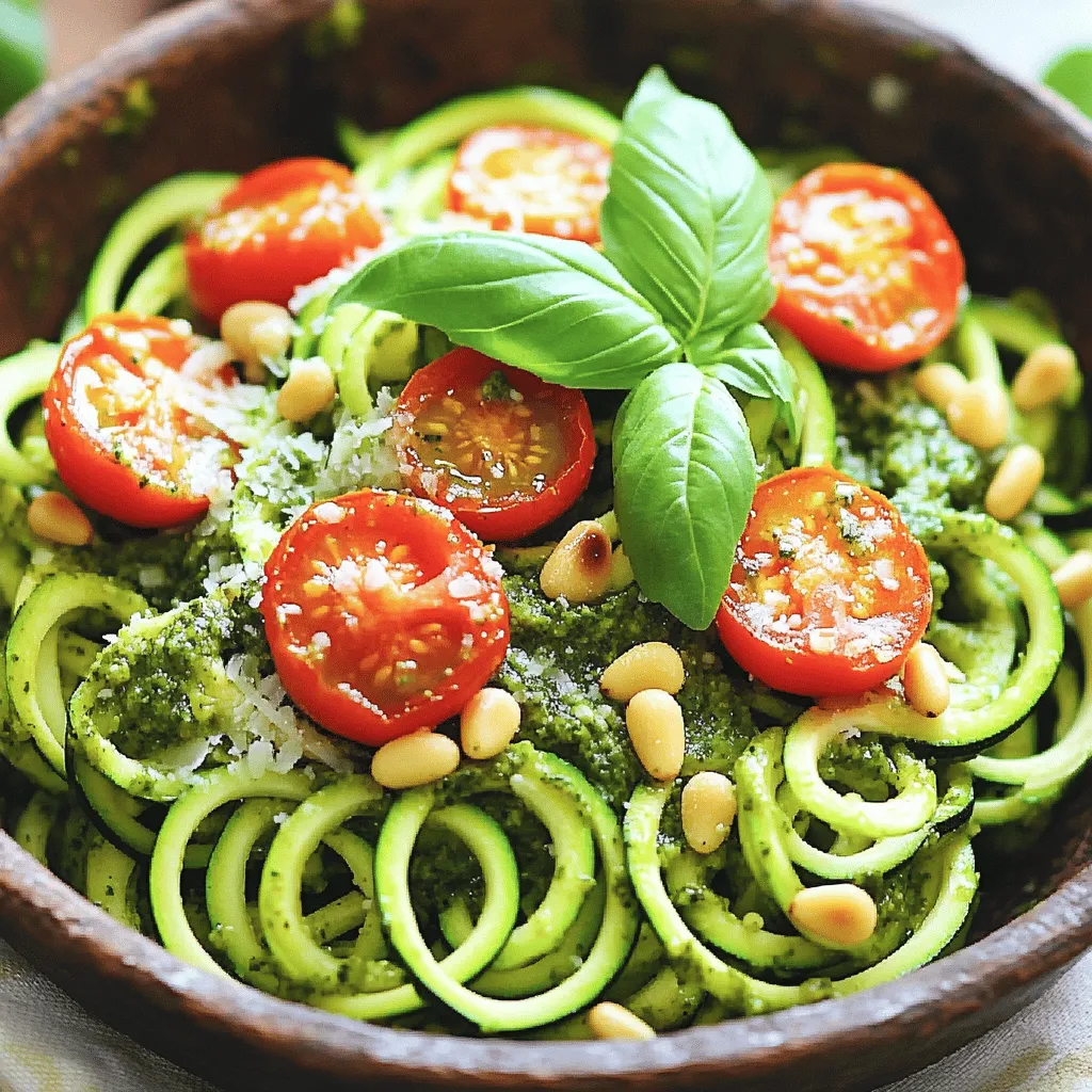 - 4 medium zucchinis, spiralized - 1 cup fresh basil leaves (for pesto) - 1/4 cup pine nuts (toasted) - 2 cloves garlic, minced - 1/2 cup grated Parmesan cheese - 1/4 cup extra virgin olive oil - Salt and freshly cracked pepper - 1 cup cherry tomatoes, halved - 1/4 teaspoon red pepper flakes (optional) - Additional fresh basil leaves for garnish I love using fresh ingredients for this dish. Zucchinis are great for making light noodles. They have a mild flavor and a nice crunch. When you spiralize them, they look just like pasta. The fresh basil gives the pesto a bright taste. I always use good-quality olive oil for a rich flavor. Toasting the pine nuts adds a nice nutty touch. Cherry tomatoes add a pop of color and sweetness. They pair well with the savory pesto. If you want some heat, add red pepper flakes. Make sure to season your dish with salt and pepper. This brings out all the flavors. You can serve it warm or at room temperature. I often garnish with extra basil leaves for a fresh look. For the full recipe, check out the Zesty Zucchini Noodle Delight. It’s quick and easy to make! To make zucchini noodles, start by spiralizing the zucchinis. Use a spiralizer to create long, noodle-like strands. If you don’t have a spiralizer, you can still make noodles. Just thinly slice the zucchinis into long strips. These strips will work well too. Next, it's time to make the pesto sauce. In a food processor, add the fresh basil leaves, toasted pine nuts, minced garlic, and grated Parmesan cheese. Pulse these ingredients until they are finely chopped and mixed. Now, while the processor runs, slowly drizzle in the olive oil. This helps the pesto become smooth and creamy. If it looks too thick, add a bit more olive oil. Don't forget to taste it! Season it with salt, pepper, and red pepper flakes if you like some heat. Now, let’s cook the zucchini noodles. Heat a large skillet over medium heat. Add the spiralized zucchini and cook for 2-3 minutes. Stir them gently. You want them to soften just a little but still have a nice crunch. Once they are ready, turn off the heat. Add the pesto to the skillet and toss the noodles well. Make sure every noodle gets coated in the sauce. Finally, fold in the halved cherry tomatoes. Their juices will mix with the pesto and enhance the flavor. For the full recipe, refer to the above instructions and enjoy your dish! To keep your zucchini noodles from getting watery, you must dry them. After spiralizing, lay the noodles on paper towels and sprinkle a little salt. The salt draws out excess moisture. Let them sit for about ten minutes. Then, gently pat them dry with another towel. This makes sure your noodles stay firm. For the right crunch, cook the noodles for only 2-3 minutes. Heat a large skillet over medium heat, then add the noodles. Stir gently to avoid overcooking. You want them tender but still crisp. You can easily change up the flavor of your pesto. For a nutty twist, try using walnuts instead of pine nuts. If you want a different taste, substitute spinach or arugula for the basil. This gives your dish a fun new vibe. Adjusting spice levels is simple, too. For a mild flavor, skip the red pepper flakes. If you love heat, add more to taste. Just remember to mix well after adding. This ensures every bite is packed with flavor. Creating an appealing plate is all about color and arrangement. Serve the zucchini noodles in a bright bowl. You can also layer them for a nice height. Place halved cherry tomatoes on top for a pop of red. Adding garnishes can make your dish shine. Extra basil leaves or a light sprinkle of Parmesan cheese add flair. A drizzle of olive oil can make the dish look even more inviting. Remember, we eat with our eyes first! {{image_4}} You can make your zucchini noodles even heartier by adding protein. Shrimp, chicken, or tofu work great. If you choose shrimp, sauté them in olive oil until they turn pink. For chicken, grill or pan-sear until cooked through. Tofu can be cubed and pan-fried until golden. Each protein adds flavor and texture. You don’t have to stick to classic basil pesto. Spinach or arugula can replace basil for a new taste. You can also swap out pine nuts for walnuts or cashews. Each nut gives a unique crunch and creaminess to the pesto. Experiment and find your favorite mix! Zucchini noodles pair well with many side dishes. Try serving them with a fresh salad or grilled veggies. You can also add roasted bell peppers or spinach for extra nutrients. These options keep your meal light and colorful. Enjoy these combinations to enhance your dish! To keep zucchini noodles fresh, store them in a sealed container. Place a paper towel inside to absorb moisture. This helps prevent sogginess. Refrigerate them for up to three days. For the pesto, keep it in a separate airtight container. Drizzle a thin layer of olive oil on top to keep it fresh. It can last in the fridge for about one week. When reheating zucchini noodles, use a skillet on low heat. This method keeps them from getting mushy. Stir gently for about two minutes until warm. If you want to add extra ingredients, like shrimp or chicken, cook them first. Then add the noodles and heat together. This way, everything warms evenly without losing texture. You can make zucchini noodles without a spiralizer. Use a sharp knife to slice the zucchini into thin, long strips. You can also use a vegetable peeler to create wider noodles. This method works well and gives you a nice texture. Just make sure to cut the strips evenly. This way, they will cook at the same rate. Yes, you can prepare the pesto ahead of time. Make the pesto and store it in an airtight container. Drizzle a little olive oil on top to prevent browning. It lasts in the fridge for about a week. If you want to keep it longer, freeze the pesto in ice cube trays. Once frozen, transfer the cubes to a bag. This makes it easy to use later. This recipe is great for meal prep. You can spiralize the zucchinis and store them in the fridge for up to three days. The pesto can be made ahead too. Just mix the zucchini and pesto together when you're ready to eat. You can also add protein, like grilled chicken or shrimp, to make it more filling. This dish stays fresh and tasty all week long. Zucchini noodles are a fun and healthy alternative to pasta. We covered how to make them from scratch and prepared a delicious pesto to go with them. I shared tips to keep your noodles from getting mushy and ideas for tasty add-ins, like shrimp or chicken. Remember, you can adjust flavors based on your taste and mix other green herbs in your pesto. This dish is not just easy but also a great way to enjoy fresh veggies. Happy cooking!