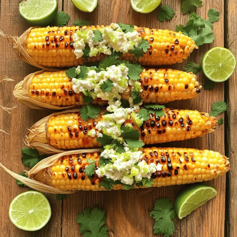 - Fresh corn (4 ears, husked and cleaned) - Mayonnaise (4 tablespoons) - Chili powder (1 tablespoon) - Smoked paprika (1 teaspoon) - Garlic powder (1 teaspoon) - Lime juice and zest (from 2 limes and 1 lime) - Crumbled queso fresco or feta cheese - Fresh cilantro, chopped To make this chili lime grilled corn, you need fresh corn. Choose ears that are bright yellow and firm. Husk each ear carefully, removing all the silk strands. This helps the corn grill better. Next, you will need mayonnaise. This binds all the flavors together and adds creaminess. Add chili powder for that kick. It gives the corn a spicy and smoky flavor. For seasoning, smoked paprika adds depth. Garlic powder enhances the taste. Lime juice and zest bring bright acidity and freshness. It balances the richness of the mayo. Lastly, for optional toppings, crumbled queso fresco or feta cheese adds a lovely creaminess. Fresh cilantro gives a pop of color and flavor. These toppings make your dish look and taste gourmet. Check out the Full Recipe to get all the details and make this delicious corn at home! First, preheat your grill to medium-high heat. This step is key for getting that nice char on the corn. A hot grill helps lock in flavors and gives your corn a great taste. Next, husk the ears of corn and clean them. Remove all the silk strands to avoid any unwanted bits on your corn. This makes the grilling process easier and more enjoyable. In a small bowl, combine the mayonnaise, chili powder, smoked paprika, garlic powder, lime juice, and lime zest. Whisk this mixture until smooth. This zesty spread will add a ton of flavor to your corn. Now, use a brush to coat each ear of corn with your chili lime mayonnaise. Make sure to cover every side for full flavor. Place the corn on the hot grill and cook it for about 10 to 12 minutes. Turn the corn every 2 to 3 minutes until it is charred and tender. After grilling, carefully remove the corn from the grill. Let it sit for a minute to cool. Before serving, sprinkle the corn with crumbled queso fresco or feta cheese. Then, add a garnish of freshly chopped cilantro. This gives your corn a splash of color and fresh flavor. You can find the full recipe for Chili Lime Grilled Corn and enjoy this dish today! To get the best char on your corn, follow these steps: - Preheat your grill to medium-high heat. This step is key for a good sear. - Once the grill is hot, place your corn directly on the grates. - Rotate the corn every 2-3 minutes. This ensures even cooking and that perfect char. - Look for a golden brown color. This shows the sugars caramelize and the flavor deepens. Want to kick up the chili lime flavor? Here are some ideas: - Add more lime juice. A splash can brighten the dish. - Mix in some hot sauce. A few drops can bring extra heat. - Use fresh herbs. Chopped mint or parsley can add a fresh twist. - Try different spices. Smoked paprika or cayenne can add depth. Serving your grilled corn well makes it even more appealing. Here are some fun ideas: - Serve on a wooden platter for a rustic look. - Drizzle any leftover chili lime spread over the top for added flavor. - Add lime wedges on the side. This makes it easy for guests to add more zest. - Top with a sprinkle of extra cheese and fresh cilantro for a pop of color. For the complete steps to make this dish, check out the Full Recipe. {{image_4}} For a dairy-free option, swap out the mayonnaise for avocado. Mash a ripe avocado and mix in lime juice, chili powder, and salt. This spread gives a creamy texture and great flavor. You can also use hummus for a fun twist. Hummus adds richness and keeps it plant-based. If you crave heat, add diced jalapeños to the spread. Mix them in with the mayonnaise for a spicy kick. You can also sprinkle some cayenne pepper on top for extra heat. Another option is to serve with hot sauce for those who like it fiery. If you want to change the cheese, try cotija or aged cheddar. Cotija gives a crumbly texture and salty flavor. Aged cheddar melts well and adds a sharp taste. For a vegan twist, use nutritional yeast for a cheesy flavor without dairy. To store leftover grilled corn, let it cool first. Place the corn in an airtight container. You can keep it in the fridge for up to three days. Make sure it is well covered to keep it fresh. This way, you can enjoy the zesty flavors later. Yes, you can freeze grilled corn! Just wrap each ear tightly in plastic wrap. Then, place them in a freezer bag. This keeps out air and protects the corn. You can freeze it for up to six months. When you're ready to use it, just thaw it in the fridge overnight. To reheat grilled corn, I recommend using a grill or oven. Preheat your grill to medium heat. Place the corn on the grill for about five minutes, turning it often. If using an oven, wrap the corn in foil. Bake at 350°F for about 10-15 minutes. This keeps the corn juicy and full of flavor. Enjoy your delicious leftovers! Yes, you can use frozen corn. Just thaw it first. Pat it dry with a towel. This helps remove excess moisture. Grilling frozen corn may take longer. Make sure to check for tenderness as it cooks. The flavor will still be great, but fresh corn gives a better texture. Both gas and charcoal grills work well. Gas grills heat quickly and evenly. They have precise temperature control. Charcoal grills provide a smoky flavor. This can enhance the corn’s taste. If you use a charcoal grill, let the coals burn down to a hot glow for the best results. Yes, you can use yogurt or sour cream instead. These options keep the creaminess. They also add a tangy flavor. For a vegan option, use avocado or a plant-based mayo. Each choice will change the taste a bit, but they will still be delicious. Choose what fits your diet best. Grilling corn bursts with flavor through simple ingredients and steps. You learned how to prep fresh corn, make a tasty chili lime spread, and grill it to perfection. Remember the optional toppings for extra flair. Whether you're a grilling expert or a beginner, this recipe offers fun variations for all. Enjoy your delicious grilled corn at any gathering. With these tips, you'll impress everyone and savor every bite.