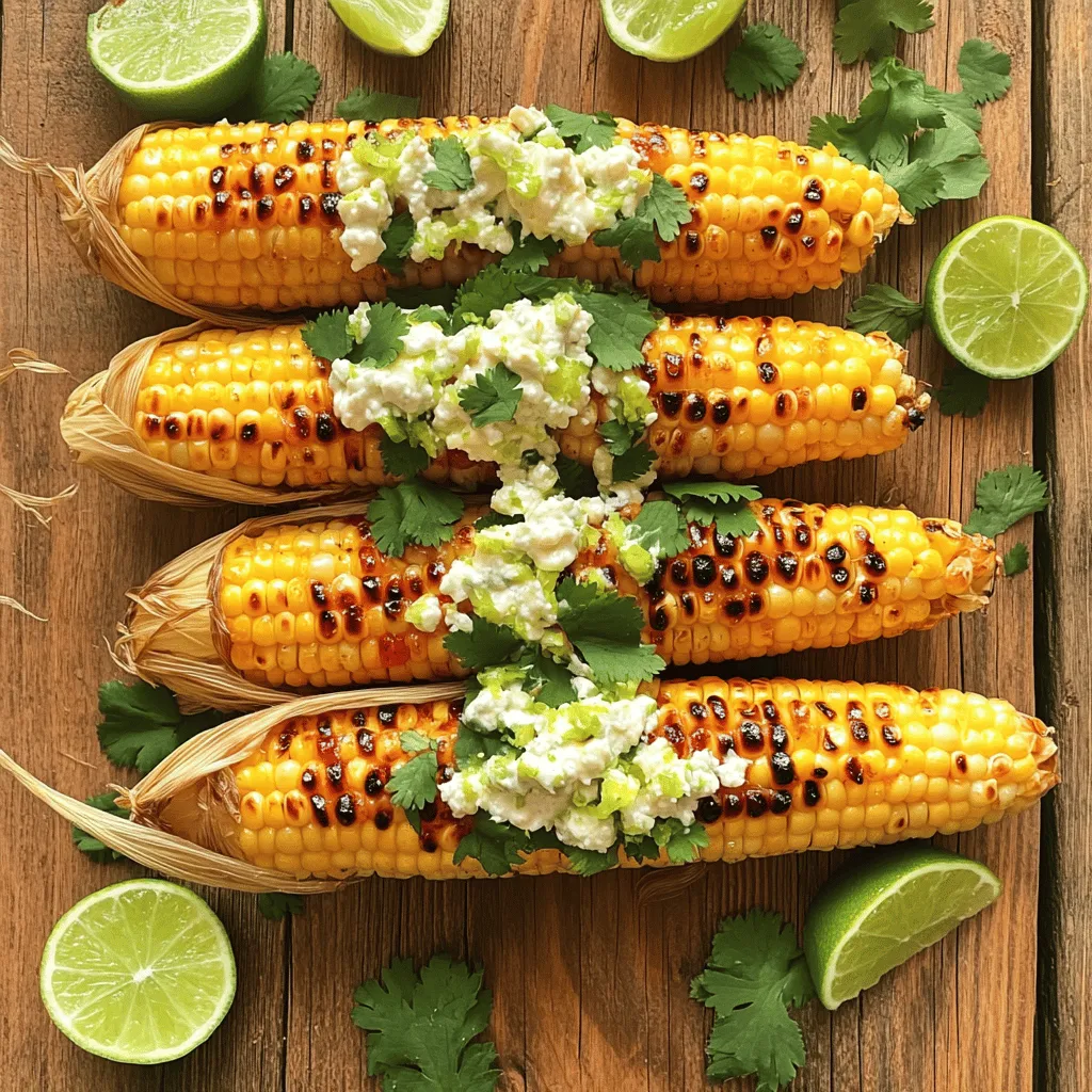 - Fresh corn (4 ears, husked and cleaned) - Mayonnaise (4 tablespoons) - Chili powder (1 tablespoon) - Smoked paprika (1 teaspoon) - Garlic powder (1 teaspoon) - Lime juice and zest (from 2 limes and 1 lime) - Crumbled queso fresco or feta cheese - Fresh cilantro, chopped To make this chili lime grilled corn, you need fresh corn. Choose ears that are bright yellow and firm. Husk each ear carefully, removing all the silk strands. This helps the corn grill better. Next, you will need mayonnaise. This binds all the flavors together and adds creaminess. Add chili powder for that kick. It gives the corn a spicy and smoky flavor. For seasoning, smoked paprika adds depth. Garlic powder enhances the taste. Lime juice and zest bring bright acidity and freshness. It balances the richness of the mayo. Lastly, for optional toppings, crumbled queso fresco or feta cheese adds a lovely creaminess. Fresh cilantro gives a pop of color and flavor. These toppings make your dish look and taste gourmet. Check out the Full Recipe to get all the details and make this delicious corn at home! First, preheat your grill to medium-high heat. This step is key for getting that nice char on the corn. A hot grill helps lock in flavors and gives your corn a great taste. Next, husk the ears of corn and clean them. Remove all the silk strands to avoid any unwanted bits on your corn. This makes the grilling process easier and more enjoyable. In a small bowl, combine the mayonnaise, chili powder, smoked paprika, garlic powder, lime juice, and lime zest. Whisk this mixture until smooth. This zesty spread will add a ton of flavor to your corn. Now, use a brush to coat each ear of corn with your chili lime mayonnaise. Make sure to cover every side for full flavor. Place the corn on the hot grill and cook it for about 10 to 12 minutes. Turn the corn every 2 to 3 minutes until it is charred and tender. After grilling, carefully remove the corn from the grill. Let it sit for a minute to cool. Before serving, sprinkle the corn with crumbled queso fresco or feta cheese. Then, add a garnish of freshly chopped cilantro. This gives your corn a splash of color and fresh flavor. You can find the full recipe for Chili Lime Grilled Corn and enjoy this dish today! To get the best char on your corn, follow these steps: - Preheat your grill to medium-high heat. This step is key for a good sear. - Once the grill is hot, place your corn directly on the grates. - Rotate the corn every 2-3 minutes. This ensures even cooking and that perfect char. - Look for a golden brown color. This shows the sugars caramelize and the flavor deepens. Want to kick up the chili lime flavor? Here are some ideas: - Add more lime juice. A splash can brighten the dish. - Mix in some hot sauce. A few drops can bring extra heat. - Use fresh herbs. Chopped mint or parsley can add a fresh twist. - Try different spices. Smoked paprika or cayenne can add depth. Serving your grilled corn well makes it even more appealing. Here are some fun ideas: - Serve on a wooden platter for a rustic look. - Drizzle any leftover chili lime spread over the top for added flavor. - Add lime wedges on the side. This makes it easy for guests to add more zest. - Top with a sprinkle of extra cheese and fresh cilantro for a pop of color. For the complete steps to make this dish, check out the Full Recipe. {{image_4}} For a dairy-free option, swap out the mayonnaise for avocado. Mash a ripe avocado and mix in lime juice, chili powder, and salt. This spread gives a creamy texture and great flavor. You can also use hummus for a fun twist. Hummus adds richness and keeps it plant-based. If you crave heat, add diced jalapeños to the spread. Mix them in with the mayonnaise for a spicy kick. You can also sprinkle some cayenne pepper on top for extra heat. Another option is to serve with hot sauce for those who like it fiery. If you want to change the cheese, try cotija or aged cheddar. Cotija gives a crumbly texture and salty flavor. Aged cheddar melts well and adds a sharp taste. For a vegan twist, use nutritional yeast for a cheesy flavor without dairy. To store leftover grilled corn, let it cool first. Place the corn in an airtight container. You can keep it in the fridge for up to three days. Make sure it is well covered to keep it fresh. This way, you can enjoy the zesty flavors later. Yes, you can freeze grilled corn! Just wrap each ear tightly in plastic wrap. Then, place them in a freezer bag. This keeps out air and protects the corn. You can freeze it for up to six months. When you're ready to use it, just thaw it in the fridge overnight. To reheat grilled corn, I recommend using a grill or oven. Preheat your grill to medium heat. Place the corn on the grill for about five minutes, turning it often. If using an oven, wrap the corn in foil. Bake at 350°F for about 10-15 minutes. This keeps the corn juicy and full of flavor. Enjoy your delicious leftovers! Yes, you can use frozen corn. Just thaw it first. Pat it dry with a towel. This helps remove excess moisture. Grilling frozen corn may take longer. Make sure to check for tenderness as it cooks. The flavor will still be great, but fresh corn gives a better texture. Both gas and charcoal grills work well. Gas grills heat quickly and evenly. They have precise temperature control. Charcoal grills provide a smoky flavor. This can enhance the corn’s taste. If you use a charcoal grill, let the coals burn down to a hot glow for the best results. Yes, you can use yogurt or sour cream instead. These options keep the creaminess. They also add a tangy flavor. For a vegan option, use avocado or a plant-based mayo. Each choice will change the taste a bit, but they will still be delicious. Choose what fits your diet best. Grilling corn bursts with flavor through simple ingredients and steps. You learned how to prep fresh corn, make a tasty chili lime spread, and grill it to perfection. Remember the optional toppings for extra flair. Whether you're a grilling expert or a beginner, this recipe offers fun variations for all. Enjoy your delicious grilled corn at any gathering. With these tips, you'll impress everyone and savor every bite.